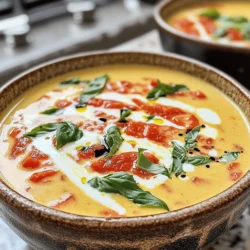 To make a great creamy tomato basil soup, you need the following key ingredients: - 2 tablespoons extra virgin olive oil - 1 medium yellow onion, finely chopped - 3 cloves fresh garlic, minced - 1 can (28 ounces) crushed tomatoes, preferably San Marzano - 2 cups vegetable broth, low-sodium recommended - 1 teaspoon granulated sugar - Sea salt and freshly ground black pepper, to taste - 1 cup heavy cream or coconut cream for a dairy-free alternative - 1/2 cup fresh basil leaves, packed and roughly chopped - 1 tablespoon balsamic vinegar (optional for added depth) These ingredients combine to create a rich and velvety soup. The crushed tomatoes form the base, while the cream adds that luscious texture. Basil brings freshness, making each bite a delight. You can enhance the flavor with these optional ingredients: - A pinch of red pepper flakes for heat - A splash of lemon juice for brightness - Parmesan cheese for a savory kick - A dollop of sour cream for extra creaminess These extras can make your soup more unique and exciting. Feel free to mix and match based on your taste. If you want to make changes, here are some good substitutions: - Use olive oil instead of butter for a different fat base. - Swap heavy cream with almond milk or cashew cream for dairy-free. - Use fresh tomatoes instead of canned; just roast them first. - Replace vegetable broth with chicken broth for more depth. These swaps can fit your dietary needs while keeping the flavor intact. Enjoy experimenting with your creamy tomato basil soup! For the full recipe, check out the details above. To make this creamy tomato basil soup, start with the right tools. You need a large pot and an immersion blender. 1. Heat the oil: Pour 2 tablespoons of olive oil into the pot. Turn the heat to medium. 2. Cook the onion: Add 1 chopped onion. Sauté it for about 5 minutes. You want it soft and clear. 3. Add garlic: Next, stir in 3 minced garlic cloves. Cook for 2 more minutes. Watch it closely so it doesn’t burn. 4. Combine tomatoes and broth: Pour in 1 can of crushed tomatoes and 2 cups of vegetable broth. 5. Season: Add 1 teaspoon of sugar, sea salt, and black pepper to taste. This brings out the flavor! 6. Simmer: Let the soup cook for about 15 minutes. This melds all the flavors together nicely. 7. Blend: Take the pot off the heat. Use the immersion blender to blend the soup until it's smooth. If using a countertop blender, be careful with the hot soup. 8. Add cream: Return the soup to the pot and stir in 1 cup of heavy cream or coconut cream. Heat gently on low. Don’t let it boil! 9. Finish with basil: Stir in 1/2 cup of chopped fresh basil. Taste and adjust the seasoning. 10. Serve: Ladle the soup into bowls and add extra basil on top for a nice touch. When blending your soup, keep these tips in mind: - Immersion blender: This is the safest option for hot soup. It lets you blend right in the pot. - Countertop blender: If using this, blend in small batches. Always let the steam escape to avoid splatters. - Texture: Blend until it’s silky smooth. This makes the soup feel rich and creamy. Serving is just as important as cooking. Here are some fun ideas: - Garnish: Add fresh basil leaves on top. This adds color and aroma. - Croutons: Top with crunchy croutons for texture. - Pairings: Serve with a slice of crusty bread or a grilled cheese sandwich. They complement the soup well. You can find the full recipe to make this delicious soup and impress your friends! To make the best creamy tomato basil soup, start with good tomatoes. I love using San Marzano tomatoes for their sweet flavor. Use fresh basil for a bright taste. Always taste your soup as you cook. Adjust salt and pepper as needed. When cooking onions, let them get soft and sweet. This adds depth to your soup. Sauté garlic just until fragrant. Overcooking can make it bitter. Blend the soup until it is silky smooth. A smooth texture makes it feel luxurious. One common mistake is not seasoning enough. Don’t forget to taste and adjust. Another mistake is boiling the soup after adding cream. This can cause it to separate. Also, be careful when blending hot soup. Use an immersion blender for safety, or let it cool slightly before using a countertop blender. To boost flavor, add a touch of balsamic vinegar. It gives a nice depth. You can also try adding a pinch of red pepper flakes for heat. A sprinkle of parmesan cheese on top can add richness, too. Don't hesitate to experiment with herbs like oregano or thyme. Each brings a unique twist to the classic recipe. For the full recipe, don’t forget to check out the details above! {{image_4}} To make a vegan version of creamy tomato basil soup, swap the heavy cream for coconut cream. Coconut cream gives it a rich texture without dairy. Use vegetable broth instead of chicken broth for added flavor. You can also enhance the taste with a squeeze of lemon juice. This brightens the soup and adds a fresh touch. You can add protein to your soup easily. For a meaty option, cook diced chicken breast in the pot before adding other ingredients. Sauté until golden, then add onions and garlic. For a plant-based choice, stir in cooked lentils. They add protein and make the soup heartier. You can use canned lentils for quick prep. Just rinse them before adding to the pot. Get creative with your soup by adding fun flavors. A spoonful of pesto stirred in just before serving brings a burst of herby goodness. For cheese lovers, add grated parmesan or mozzarella on top for a cheesy finish. You can also spice it up. A dash of red pepper flakes gives a nice kick. Experiment with your favorite flavors to make it your own. For a full recipe, check out the details above. To store leftover creamy tomato basil soup, let it cool first. Transfer the soup to an airtight container. Make sure to seal it well. Place the container in the fridge. It will stay fresh for about three to four days. If you want to keep it longer, consider freezing it. When you are ready to enjoy the soup again, take it out of the fridge. Pour the soup into a pot. Heat it over low to medium heat. Stir it often to prevent burning. If the soup is too thick, add a little water or broth. Heat it until it is warm throughout. This method keeps the soup creamy and tasty. To freeze the soup, use a freezer-safe container. Leave some space at the top, as the soup will expand. You can also use ice cube trays for smaller portions. Once frozen, transfer the cubes to a ziplock bag. Label the bag with the date. The soup will last for about three months in the freezer. When ready to eat, thaw it in the fridge overnight. Then, reheat it on the stove for a delicious meal. Yes, you can use fresh tomatoes. For this recipe, I recommend about 2 pounds of ripe tomatoes. You will need to blanch them first. To do this, score the bottoms of the tomatoes with an "X." Boil them for one minute, then transfer them to ice water. This makes peeling easy. After peeling, chop the tomatoes and add them to your pot with the other ingredients. Fresh tomatoes will give the soup a bright flavor. You can serve many things with this soup. A classic choice is grilled cheese sandwiches. Their crispy, gooey texture pairs well with the soup. You can also serve it with a fresh salad. A simple green salad with a light vinaigrette works great. For something heartier, try a warm baguette or crusty bread. Dipping is always fun! If you want a spicy kick, add red pepper flakes. Start with a pinch and taste as you go. For more heat, you can add diced jalapeños. If you like a smoky flavor, try adding smoked paprika. Blend in your chosen spice during cooking to let the flavors meld. Enjoy your personalized, spicy soup! For the full recipe, you can check out the details above. Making creamy tomato basil soup is fun and easy. We covered key ingredients, cooking methods, and tips to get it just right. You can create variations like vegan options or add proteins for a twist. Don't forget about storage tips for leftovers and reheating for the perfect taste. Enjoy experimenting with flavors and ingredients. Your soup will impress family and friends. Perfecting this dish makes your meals even better. Get cooking!