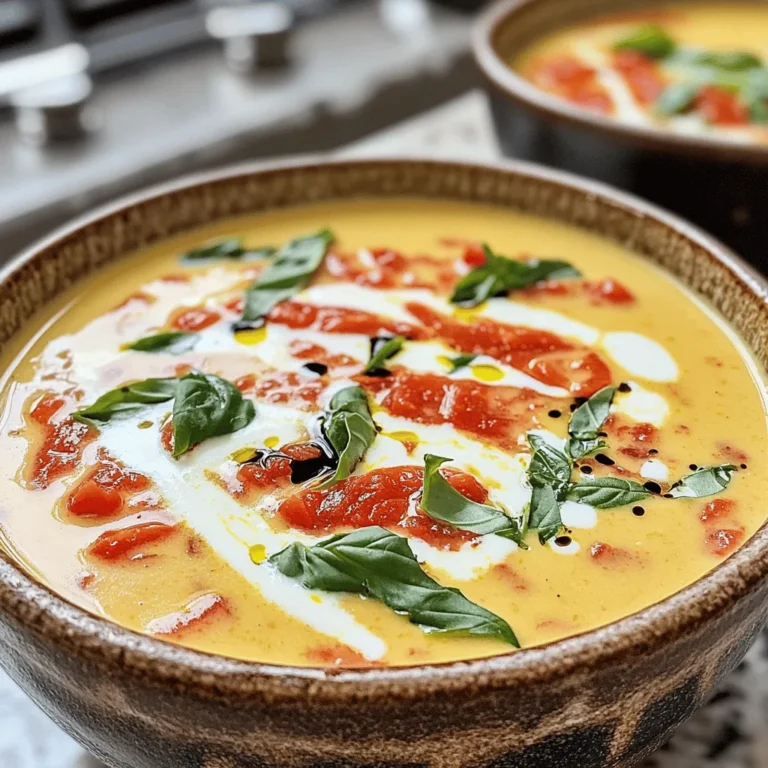 To make a great creamy tomato basil soup, you need the following key ingredients: - 2 tablespoons extra virgin olive oil - 1 medium yellow onion, finely chopped - 3 cloves fresh garlic, minced - 1 can (28 ounces) crushed tomatoes, preferably San Marzano - 2 cups vegetable broth, low-sodium recommended - 1 teaspoon granulated sugar - Sea salt and freshly ground black pepper, to taste - 1 cup heavy cream or coconut cream for a dairy-free alternative - 1/2 cup fresh basil leaves, packed and roughly chopped - 1 tablespoon balsamic vinegar (optional for added depth) These ingredients combine to create a rich and velvety soup. The crushed tomatoes form the base, while the cream adds that luscious texture. Basil brings freshness, making each bite a delight. You can enhance the flavor with these optional ingredients: - A pinch of red pepper flakes for heat - A splash of lemon juice for brightness - Parmesan cheese for a savory kick - A dollop of sour cream for extra creaminess These extras can make your soup more unique and exciting. Feel free to mix and match based on your taste. If you want to make changes, here are some good substitutions: - Use olive oil instead of butter for a different fat base. - Swap heavy cream with almond milk or cashew cream for dairy-free. - Use fresh tomatoes instead of canned; just roast them first. - Replace vegetable broth with chicken broth for more depth. These swaps can fit your dietary needs while keeping the flavor intact. Enjoy experimenting with your creamy tomato basil soup! For the full recipe, check out the details above. To make this creamy tomato basil soup, start with the right tools. You need a large pot and an immersion blender. 1. Heat the oil: Pour 2 tablespoons of olive oil into the pot. Turn the heat to medium. 2. Cook the onion: Add 1 chopped onion. Sauté it for about 5 minutes. You want it soft and clear. 3. Add garlic: Next, stir in 3 minced garlic cloves. Cook for 2 more minutes. Watch it closely so it doesn’t burn. 4. Combine tomatoes and broth: Pour in 1 can of crushed tomatoes and 2 cups of vegetable broth. 5. Season: Add 1 teaspoon of sugar, sea salt, and black pepper to taste. This brings out the flavor! 6. Simmer: Let the soup cook for about 15 minutes. This melds all the flavors together nicely. 7. Blend: Take the pot off the heat. Use the immersion blender to blend the soup until it's smooth. If using a countertop blender, be careful with the hot soup. 8. Add cream: Return the soup to the pot and stir in 1 cup of heavy cream or coconut cream. Heat gently on low. Don’t let it boil! 9. Finish with basil: Stir in 1/2 cup of chopped fresh basil. Taste and adjust the seasoning. 10. Serve: Ladle the soup into bowls and add extra basil on top for a nice touch. When blending your soup, keep these tips in mind: - Immersion blender: This is the safest option for hot soup. It lets you blend right in the pot. - Countertop blender: If using this, blend in small batches. Always let the steam escape to avoid splatters. - Texture: Blend until it’s silky smooth. This makes the soup feel rich and creamy. Serving is just as important as cooking. Here are some fun ideas: - Garnish: Add fresh basil leaves on top. This adds color and aroma. - Croutons: Top with crunchy croutons for texture. - Pairings: Serve with a slice of crusty bread or a grilled cheese sandwich. They complement the soup well. You can find the full recipe to make this delicious soup and impress your friends! To make the best creamy tomato basil soup, start with good tomatoes. I love using San Marzano tomatoes for their sweet flavor. Use fresh basil for a bright taste. Always taste your soup as you cook. Adjust salt and pepper as needed. When cooking onions, let them get soft and sweet. This adds depth to your soup. Sauté garlic just until fragrant. Overcooking can make it bitter. Blend the soup until it is silky smooth. A smooth texture makes it feel luxurious. One common mistake is not seasoning enough. Don’t forget to taste and adjust. Another mistake is boiling the soup after adding cream. This can cause it to separate. Also, be careful when blending hot soup. Use an immersion blender for safety, or let it cool slightly before using a countertop blender. To boost flavor, add a touch of balsamic vinegar. It gives a nice depth. You can also try adding a pinch of red pepper flakes for heat. A sprinkle of parmesan cheese on top can add richness, too. Don't hesitate to experiment with herbs like oregano or thyme. Each brings a unique twist to the classic recipe. For the full recipe, don’t forget to check out the details above! {{image_4}} To make a vegan version of creamy tomato basil soup, swap the heavy cream for coconut cream. Coconut cream gives it a rich texture without dairy. Use vegetable broth instead of chicken broth for added flavor. You can also enhance the taste with a squeeze of lemon juice. This brightens the soup and adds a fresh touch. You can add protein to your soup easily. For a meaty option, cook diced chicken breast in the pot before adding other ingredients. Sauté until golden, then add onions and garlic. For a plant-based choice, stir in cooked lentils. They add protein and make the soup heartier. You can use canned lentils for quick prep. Just rinse them before adding to the pot. Get creative with your soup by adding fun flavors. A spoonful of pesto stirred in just before serving brings a burst of herby goodness. For cheese lovers, add grated parmesan or mozzarella on top for a cheesy finish. You can also spice it up. A dash of red pepper flakes gives a nice kick. Experiment with your favorite flavors to make it your own. For a full recipe, check out the details above. To store leftover creamy tomato basil soup, let it cool first. Transfer the soup to an airtight container. Make sure to seal it well. Place the container in the fridge. It will stay fresh for about three to four days. If you want to keep it longer, consider freezing it. When you are ready to enjoy the soup again, take it out of the fridge. Pour the soup into a pot. Heat it over low to medium heat. Stir it often to prevent burning. If the soup is too thick, add a little water or broth. Heat it until it is warm throughout. This method keeps the soup creamy and tasty. To freeze the soup, use a freezer-safe container. Leave some space at the top, as the soup will expand. You can also use ice cube trays for smaller portions. Once frozen, transfer the cubes to a ziplock bag. Label the bag with the date. The soup will last for about three months in the freezer. When ready to eat, thaw it in the fridge overnight. Then, reheat it on the stove for a delicious meal. Yes, you can use fresh tomatoes. For this recipe, I recommend about 2 pounds of ripe tomatoes. You will need to blanch them first. To do this, score the bottoms of the tomatoes with an "X." Boil them for one minute, then transfer them to ice water. This makes peeling easy. After peeling, chop the tomatoes and add them to your pot with the other ingredients. Fresh tomatoes will give the soup a bright flavor. You can serve many things with this soup. A classic choice is grilled cheese sandwiches. Their crispy, gooey texture pairs well with the soup. You can also serve it with a fresh salad. A simple green salad with a light vinaigrette works great. For something heartier, try a warm baguette or crusty bread. Dipping is always fun! If you want a spicy kick, add red pepper flakes. Start with a pinch and taste as you go. For more heat, you can add diced jalapeños. If you like a smoky flavor, try adding smoked paprika. Blend in your chosen spice during cooking to let the flavors meld. Enjoy your personalized, spicy soup! For the full recipe, you can check out the details above. Making creamy tomato basil soup is fun and easy. We covered key ingredients, cooking methods, and tips to get it just right. You can create variations like vegan options or add proteins for a twist. Don't forget about storage tips for leftovers and reheating for the perfect taste. Enjoy experimenting with flavors and ingredients. Your soup will impress family and friends. Perfecting this dish makes your meals even better. Get cooking!