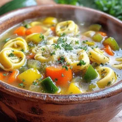The main stars of this comforting dish are tortellini and fresh vegetables. Tortellini brings a delightful, chewy texture to the soup. You can use cheese tortellini for a creamy taste. For the veggies, I love using a mix of colorful options. Carrots, bell peppers, and zucchini not only add flavor but also brighten the dish. Spinach adds a nice green touch and boosts nutrition. Fresh herbs and spices play a big role too. Dried oregano and basil give a warm, Italian flavor. Using fresh herbs at the end enhances the soup's taste. It makes each bowl feel special. Each serving of veggie-loaded tortellini soup has about 250 calories. This varies based on the brand of tortellini you choose. The soup is rich in key nutrients. It offers vitamins A and C from the vegetables. These vitamins help support your immune system. The tortellini adds some protein and carbs to keep you full. If you want a dairy-free option, use vegan tortellini. Many brands now offer plant-based options that are just as tasty. You can also swap out vegetables depending on what’s in season. Try butternut squash in the fall or asparagus in spring. Feel free to mix and match based on your tastes and what you have at home. For the full recipe, check the section above. Enjoy your cooking! To make your veggie-loaded tortellini soup, start with your vegetables. Chop them into small pieces. This helps them cook evenly. Here’s how to do it quickly: - Peel and dice the onion. - Mince the garlic. - Slice the carrots and chop the celery. - Dice the bell pepper and zucchini. When handling garlic, you want to avoid burning it. Sauté garlic for just one minute. Stir it often. If it burns, it can make your soup taste bitter. Now, let’s get cooking! Heat one tablespoon of olive oil in a large pot over medium heat. Add the diced onion and sauté for about 3-4 minutes. The onion should be soft and clear. Next, add the minced garlic and stir for one minute. Then, toss in the sliced carrots and chopped celery. Cook these for about 5-6 minutes. They should start to soften. After that, mix in the diced bell pepper and zucchini. Cook for another 4-5 minutes until they are tender. Pour in one can of diced tomatoes and six cups of vegetable broth. Season with dried oregano, dried basil, salt, and pepper. Bring the soup to a boil. Once it’s boiling, lower the heat and let it simmer for 10-15 minutes. This lets the flavors blend well. Then, add the tortellini. Cook it according to the package directions, usually about 3-5 minutes. The tortellini will float when it’s done. Finally, stir in one cup of chopped spinach. Let it wilt for about 2 minutes. Before serving, taste your soup. Adjust the seasoning with more salt or pepper if you like. Serve it hot! Ladle the soup into bowls. For extra flavor, sprinkle with grated Parmesan cheese and fresh parsley or basil. Enjoy your warm, veggie-loaded tortellini soup! For a full recipe, check out the [Full Recipe]. To store veggie-loaded tortellini soup for meal prep, let it cool before placing it in containers. Use airtight containers to keep it fresh. It can stay in the fridge for up to three days. For longer storage, freeze the soup in freezer-safe bags. Lay the bags flat to save space. When reheating, do it slowly on the stove or in the microwave. Add a splash of broth or water to keep it from getting too thick. Stir often to help it heat evenly. This way, you keep all the great flavors. Want to spice up your soup? Add chili flakes for a kick. You can also try smoked paprika for a warm flavor. If you enjoy herbs, fresh basil or even thyme can brighten the taste. Using homemade stock boosts the flavor a lot. It often has less salt and more depth than store-bought options. If you use store-bought, choose low-sodium to control the salt level better. Pair your soup with crusty bread for a nice crunch. A simple green salad also works well. It adds freshness and balances the meal. For gatherings, serve the soup in big bowls. Add a sprinkle of Parmesan cheese and fresh herbs on top. This makes it look impressive. You can even drizzle a bit of olive oil for a shiny finish. People will love it! For the full recipe, check out the complete guide. {{image_4}} You can easily make this soup vegetarian or vegan. Just swap the cheese tortellini for a vegan option. Many brands offer plant-based tortellini now. This way, you keep the soup rich and creamy without any dairy. If you need a gluten-free option, use gluten-free pasta. There are many choices available. Look for brands that make gluten-free tortellini. Always check the package for cooking times. You want your pasta to be tender but not mushy. I love to change the veggies based on what’s in season. In the fall, try adding squash or sweet potatoes. They add a nice sweetness to the soup. In summer, fresh tomatoes and corn work great. They bring a burst of flavor. Frozen vegetables are also a smart choice. They are convenient and still nutritious. You can add them straight to the pot without thawing. This makes prep super quick. Spice up your soup with unique flavors. Try adding cumin or coriander for an earthy taste. A pinch of smoked paprika can also add a nice depth. These spices can change the whole feel of the dish. You can look to other cuisines for inspiration. Add a touch of Italian herbs for a classic flavor. Or, try some Thai chili paste for a spicy kick. The world of flavors is vast, and your soup can be too! For the complete recipe, check out the [Full Recipe]. To keep your veggie-loaded tortellini soup fresh, store it in airtight containers. Let the soup cool down before sealing. This helps prevent excess moisture inside the container. If you have leftovers, place them in the fridge. They will stay good for up to three days. For longer storage, you can freeze the soup. Use freezer-safe containers or bags. Leave some space at the top, as the soup will expand when frozen. When stored properly, veggie-loaded tortellini soup lasts about three days in the fridge. In the freezer, it can last for up to three months. To tell if the soup has gone bad, look for changes in color or smell. If it smells sour or off, do not eat it. Also, check for any signs of mold. When in doubt, throw it out. Reheat the soup on the stove over low heat. Stir it often to avoid sticking. This helps keep the taste and texture intact. If the soup seems too thick, add a splash of vegetable broth or water. You can also use the microwave for reheating. Just heat it in short intervals, stirring in between. This ensures even heating. Always check the temperature before eating. Yes, frozen tortellini works great in this soup. When using frozen tortellini, add it directly to the pot. No need to thaw it first. Just follow the cooking time on the package, usually around 3-5 minutes. The tortellini will cook quickly in the hot soup. This saves time and keeps things simple. Plus, it adds a nice texture to your soup. To add heat, try a few easy tricks. You can add red pepper flakes while cooking. Start with a pinch and taste as you go. If you want more heat, add a bit more. Another option is to use diced jalapeños or a splash of hot sauce. These add a nice kick without changing the soup's flavor too much. To make your soup more filling, consider adding proteins. Beans are a great choice. Canned chickpeas or white beans work well. Just drain and rinse them before adding. If you prefer meat, cooked chicken is a tasty option. Shred it and stir it in just before serving. It makes the soup even more satisfying. This blog post explored how to make veggie-loaded tortellini soup. We covered essential ingredients, nutrition, and substitutions. You learned step-by-step instructions for preparation and cooking, along with helpful tips. We discussed variations for dietary needs and seasonal changes. Lastly, we shared storage info and reheating techniques. Enjoy making this soup! It’s easy, nutritious, and delicious. Feel free to experiment with ingredients to make it your own. Happy cooking!
