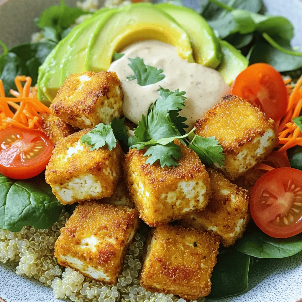 - Firm tofu (1 block, pressed and cubed) - Quinoa (1 cup cooked, any variety) - Fresh vegetables (baby spinach, shredded carrots, cherry tomatoes) - Cornstarch (2 tablespoons) - Olive oil (2 tablespoons) - Garlic powder, smoked paprika, soy sauce (1 teaspoon each) - Tahini (1/4 cup) and fresh lemon juice (1 tablespoon) - Fresh herbs (cilantro or parsley) - Salt and freshly cracked black pepper In this Crispy Tofu Buddha Bowl, I use simple, fresh ingredients. The tofu provides protein and a nice texture. Quinoa adds fiber and essential nutrients. Fresh veggies bring color and crunch to every bite. For seasoning, I coat the tofu in cornstarch, olive oil, and spices. This mix gives the tofu a crispy crust when baking. The tahini dressing adds a rich, nutty flavor. It’s a perfect match for the bowl. Garnishing with fresh herbs and a sprinkle of salt enhances the taste. You can use cilantro or parsley depending on what you like. Each ingredient plays a role in making this meal both nutritious and flavorful. You can find the full recipe [Full Recipe]. Enjoy creating a meal that looks great and tastes even better! - Preheat the oven to 400°F (200°C). - Coat the tofu cubes with cornstarch, olive oil, garlic powder, smoked paprika, soy sauce, and a pinch of salt. To start, you want to press the tofu well. This step helps remove water and makes it crispier. Use a clean kitchen towel or paper towel to soak up the moisture. Cut the tofu into cubes, about an inch thick. In a bowl, mix cornstarch, olive oil, and seasonings. Toss the tofu in this mix until every cube is coated. - Arrange coated tofu on a baking sheet. - Bake for 25-30 minutes, flipping halfway through. Place the tofu cubes on a baking sheet lined with parchment paper. Make sure they are not touching. This space allows hot air to circulate, giving them a nice crunch. Bake for 25-30 minutes. Halfway through, flip the cubes to cook evenly. They should turn golden brown and crispy. - Whisk tahini, lemon juice, salt, and water until smooth. While the tofu bakes, let’s make the dressing. In a small bowl, whisk together tahini with fresh lemon juice. Add a pinch of salt. Slowly add water until the dressing is smooth and pourable. Adjust the water for your desired thickness. You want it creamy but not too thick. - Layer quinoa, fresh vegetables, crispy tofu, avocado, and tomatoes. - Drizzle with tahini dressing and garnish with fresh herbs. Now, it’s time to build your bowl! Start with a layer of cooked quinoa at the bottom. Next, add fresh baby spinach and shredded carrots. Then, pile on the crispy tofu. Place slices of avocado and halved cherry tomatoes on top. Finally, drizzle the tahini dressing over everything. Don’t forget to sprinkle some fresh herbs for a pop of color. Enjoy your tasty and healthy meal! For the full recipe, check out the detailed instructions provided. To make your tofu crispy, start by pressing it well. Pressing removes water and helps it cook better. Cut your tofu into cubes after pressing. When you bake it, space the tofu on the sheet. Avoid overcrowding. Give each piece room to breathe. This helps them crisp up nicely. To boost flavor, try adding spices. You can use chili powder or curry powder for a kick. Mixing in different herbs can also add depth. Add some crunch with nuts or seeds. You can sprinkle sunflower seeds or sliced almonds on top. These extra touches make your Buddha bowl even tastier. Your tahini dressing should be smooth. If it feels thick, add a bit of water. Mix until you reach a pourable thickness. This way, it will drizzle over your Buddha bowl nicely. If you like a richer flavor, add more lemon juice. Find the balance that you enjoy! For the full recipe, check out the complete guide. {{image_4}} You can switch out quinoa for other grains. Try brown rice for a chewy texture. Farro adds a nutty flavor, while couscous cooks quickly and is light. Each grain brings its own taste and texture to your Buddha bowl. Experiment and find what you like best. Tofu is great, but you have options. Chickpeas are a tasty choice that adds fiber and protein. Tempeh offers a firmer texture and earthy taste. If you eat meat, grilled chicken works well too. Each protein enhances the bowl's flavors while keeping it filling. Seasonal veggies can change your bowl. Use bright bell peppers for crunch and sweetness. Zucchini adds a mild taste and soft texture. Carrots are a classic, but mixing in other veggies keeps your meal fresh and exciting. Look for what’s in season to keep it vibrant. Store any leftovers in an airtight container for up to 3 days. This keeps the food fresh and safe. When you want a quick meal, just reach for your leftovers. For best quality, freeze crispy tofu separately. This helps maintain its crunchy texture. You can place it in a freezer-safe bag. Just remember to label it with the date. To reheat the tofu, use the oven or a skillet. The oven keeps it crispy. Heat it at 350°F (175°C) for about 10 minutes. If you use a skillet, warm it over medium heat. This way, you get that great crunch back. Enjoy your meal again, just like fresh! To make crispy tofu, you need to start by pressing the tofu. Remove the tofu from the package and drain the water. Wrap the tofu in a clean towel and place a heavy object on top. Let it sit for 15 to 30 minutes. This step removes extra moisture. Next, cut the pressed tofu into cubes. In a bowl, mix cornstarch, olive oil, garlic powder, smoked paprika, and soy sauce. Add the tofu cubes and gently toss to coat. Make sure each piece is well covered. Now, arrange the coated tofu on a baking sheet lined with parchment paper. Bake at 400°F (200°C) for 25 to 30 minutes. Flip the tofu halfway through to ensure even crispiness. Your tofu should come out golden and crunchy. Yes, you can prepare the Buddha bowl ahead of time. Cook the quinoa and store it in the fridge for up to three days. You can also chop the vegetables and keep them in airtight containers. This makes assembly quick and easy. For the crispy tofu, bake it fresh for the best texture. However, you can make the tahini dressing in advance. Just store it in the fridge in a sealed jar. When you are ready to eat, assemble the bowl with your prepared ingredients. You can customize your Buddha bowl with various toppings. Consider adding: - Roasted sweet potatoes - Chickpeas or beans - Sliced cucumbers - Nuts or seeds for crunch - Fresh herbs like basil or mint Feel free to mix and match based on your taste and what you have on hand. Yes, this recipe is entirely vegan. All the ingredients come from plants. Using tofu, quinoa, and fresh vegetables makes it a healthy choice for everyone. You can enjoy this dish knowing it fits a vegan diet. The best way to press tofu involves a few simple steps. Start by draining the tofu. Wrap it in a clean kitchen towel. Place a cutting board or plate on top. Add a heavy object, like a cast iron skillet or some books. Let it rest for 15 to 30 minutes. This method helps remove excess moisture, leading to a crispier end result in your crispy tofu Buddha bowl. For the full recipe, check out the section above. This Buddha bowl recipe combines tofu, quinoa, and fresh veggies for a nutritious meal. You learned how to season and bake tofu for a crispy texture and make a tasty tahini dressing. I shared tips for flavor, variations, and storage. Remember, you can customize your bowl with different grains and proteins. Enjoy making this dish your own while keeping it healthy and delicious. A well-prepared Buddha bowl can nourish both your body and taste buds. Enjoy your cooking journey!