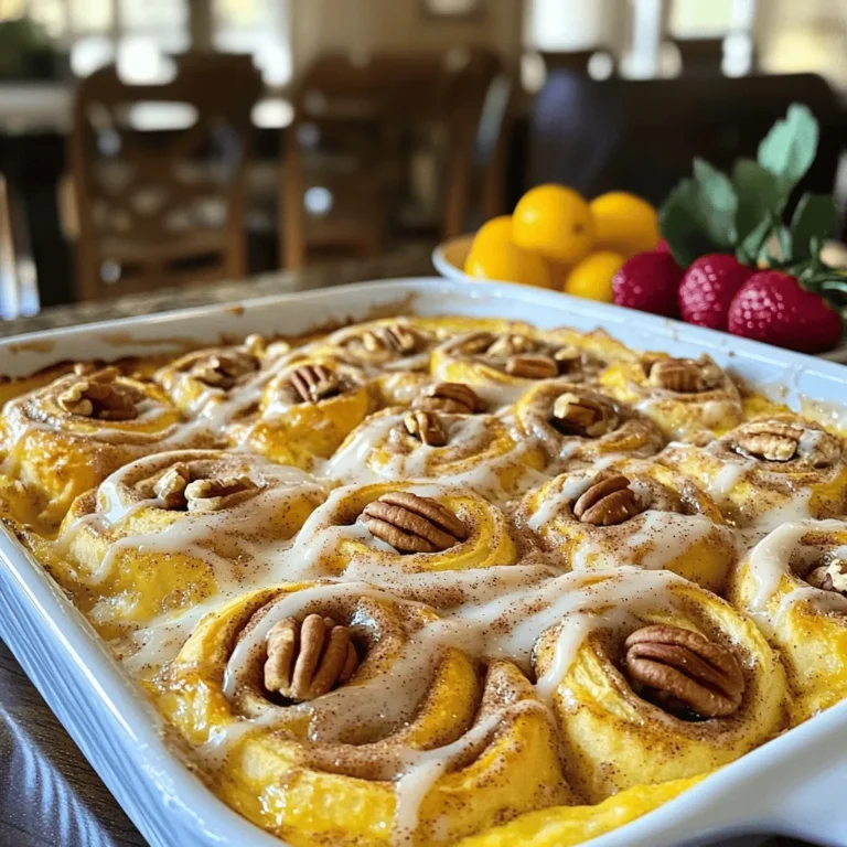 - 2 cans refrigerated cinnamon rolls - 6 large eggs - 1 cup whole milk - 1 teaspoon pure vanilla extract - 1 teaspoon ground cinnamon - 1/2 teaspoon ground nutmeg - 1/4 cup pure maple syrup - 1/2 cup chopped pecans - 1/2 cup powdered sugar (for icing) - 1-2 tablespoons milk (for icing consistency) In this recipe, the main ingredients create a rich base for the casserole. The cinnamon rolls provide that sweet, gooey goodness we crave. By adding eggs and milk, you make a custard that binds everything together. The vanilla extract enhances the overall flavor profile, making each bite irresistible. Next, we add spices like ground cinnamon and nutmeg. These spices bring warmth and depth to the dish. Maple syrup adds a touch of sweetness that elevates this breakfast delight. You might want to include optional ingredients for extra crunch. Chopped pecans add a nice texture and nutty flavor. For those who love icing, powdered sugar mixed with milk gives a sweet finish to the casserole. This combination of ingredients makes your cinnamon roll casserole not just a dish but an experience. For the full recipe, follow the steps carefully, and enjoy this delightful treat! Start by preheating your oven to 350°F (175°C). This temperature ensures even cooking. Next, grab a 9x13 inch baking dish. Generously grease it with cooking spray or butter. This step prevents the casserole from sticking. Open the cans of cinnamon rolls. Carefully separate each roll. Cut each roll into quarters. Arrange these pieces evenly in the baking dish. Make sure they are spread out for even cooking. In a large bowl, whisk together the eggs and milk. Add the pure vanilla extract, ground cinnamon, ground nutmeg, and maple syrup. Mix until everything is combined and frothy. This custard is key to the casserole's flavor. Slowly pour the egg mixture over the cinnamon roll pieces. Make sure every piece gets coated. Gently press down with a spatula so the rolls soak in the custard mixture. This step helps the rolls absorb all that yummy flavor. If you like a bit of crunch, sprinkle chopped pecans on top. They add a nice texture to the casserole. If you want a softer dish, you can skip this step. Now it's time to bake! Place the baking dish in the preheated oven. Bake for 25-30 minutes. Look for a light golden brown color. To check for doneness, insert a toothpick into the center. If it comes out clean, the casserole is ready. While the casserole bakes, make the icing. In a small bowl, whisk together powdered sugar and 1-2 tablespoons of milk. Adjust the milk to make a smooth glaze. Once the casserole is out of the oven, let it cool for about 5 minutes. Drizzle the icing over the warm casserole for the perfect finish. For the full recipe, check here! To get the best texture, keep an eye on your baking time. Bake your cinnamon roll casserole at 350°F for 25-30 minutes. The casserole should puff up and turn a light golden brown. Always check for doneness by inserting a toothpick in the center. If it comes out clean, it’s ready! Avoid opening the oven too often; this can lead to uneven baking. Serve your casserole warm for the best taste. For a lovely touch, sprinkle a bit of extra ground cinnamon on top. You can also add whole pecans for decoration. Pair it with fresh fruit or a dollop of whipped cream. These additions not only look good but also enhance the flavor. One common mistake is not letting the cinnamon rolls soak long enough in the custard. Make sure to press down on the rolls after you pour the mixture over them. This helps them absorb all that tasty flavor. Also, be careful with the icing. Too much milk can make it runny. Start with a little milk and add more as needed to get the perfect consistency. {{image_4}} You can make your cinnamon roll casserole even more special with fun add-ins. Consider adding fruits like diced apples, ripe bananas, or juicy blueberries. Each fruit adds a fresh taste and a pop of color. If you love nuts, chopped pecans or walnuts work great. They give a nice crunch and extra flavor. You can even mix in some chocolate chips for a sweet twist. Just remember to balance flavors so that none overwhelms the others. When it comes to frosting, you have choices. Cream cheese icing adds a rich, tangy flavor. It pairs nicely with the sweet rolls. To make it, mix softened cream cheese, butter, powdered sugar, and a splash of milk. This makes a smooth, creamy frosting. On the other hand, standard icing is lighter. It uses just powdered sugar and milk. This option is easy and quick to make. Choose the one that suits your taste best. If you're looking for healthier options, you can swap some ingredients. Use low-sugar cinnamon rolls if you want to cut down on sweetness. For a dairy-free version, you can replace whole milk with almond or oat milk. You can also use flax eggs instead of regular eggs. This keeps the texture while making it vegan-friendly. These small changes help you enjoy this dish without the extra calories. To keep your cinnamon roll casserole fresh, store leftovers in an airtight container. Place it in the fridge within two hours of baking. It will stay good for up to three days. If you want to enjoy it later, slice it into portions for easy access. This way, you can grab a piece whenever you crave a sweet breakfast. For the best taste, reheat the casserole in the oven. Set the oven to 350°F (175°C). Place the pieces in a baking dish and cover them with foil. Heat for about 10-15 minutes until warm. If you prefer the microwave, warm individual slices for about 30-45 seconds. Keep an eye on it to avoid overheating. You can freeze the casserole before or after baking. To freeze it uncooked, prepare the dish and cover it tightly with plastic wrap. Then, wrap it in foil. It can last up to two months in the freezer. If freezing after baking, let it cool completely before wrapping. To reheat, bake from frozen at 350°F (175°C) for about 30-40 minutes. Enjoy your cinnamon roll casserole anytime! For more details, check the Full Recipe. Yes, you can use frozen cinnamon rolls. They will change the texture a bit. To adjust, let them thaw first. Cut them into quarters just like fresh rolls. You may need to bake a bit longer. Check for doneness with a toothpick. Cinnamon Roll Casserole lasts up to three days in the fridge. Store it in an airtight container to keep it fresh. If you want to enjoy it later, reheat individual portions in the microwave. This helps keep the rolls soft. You can make it ahead! Prepare the casserole and cover it tightly. Place it in the fridge overnight. When you’re ready, just bake it in the morning. This way, you enjoy a warm breakfast with little effort. Check the [Full Recipe] for details on baking time. This blog post taught you how to make a delicious cinnamon roll casserole. We covered main ingredients like eggs and milk, as well as spices that enhance flavor. You learned the steps to prepare, bake, and ice the casserole. Tips helped you avoid common mistakes. In the end, this dish is fun to make and share. Feel free to try variations or store leftovers. Enjoy your baking adventure!