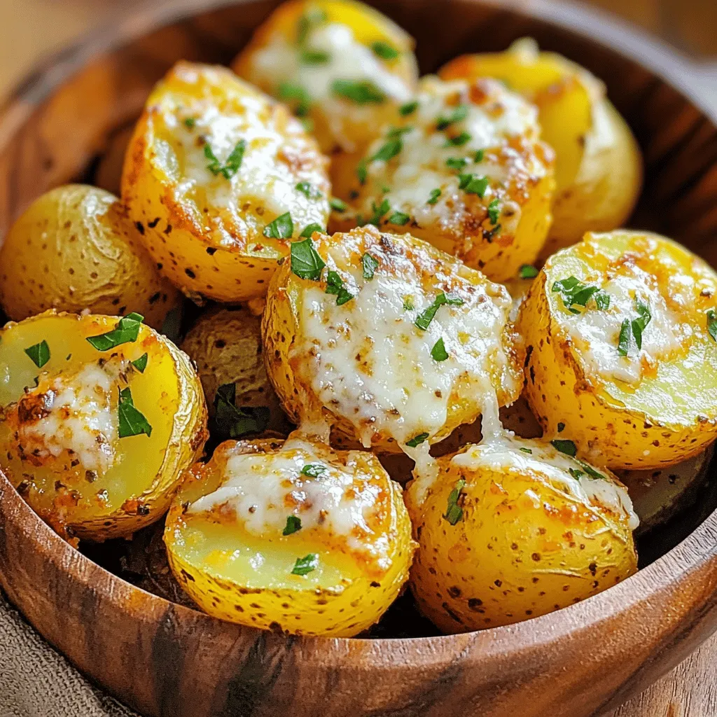 To make crispy garlic Parmesan potatoes, gather these key ingredients: - Baby potatoes - Garlic - Parmesan cheese - Olive oil - Oregano, paprika, salt, and pepper - Fresh parsley for garnish Baby potatoes are great because they cook quickly and have a creamy texture. Garlic adds a strong flavor that pairs well with the cheese. Freshly grated Parmesan cheese gives the dish a rich taste and crispy texture. Olive oil helps the potatoes roast nicely and adds healthy fats. For seasoning, oregano and smoked paprika add warmth and depth. Salt and pepper enhance all the flavors. Finally, fresh parsley brings a pop of color and freshness to your dish. You can find the Full Recipe for detailed steps on how to prepare and cook these potatoes! First, preheat your oven to 425°F (220°C). This step is key for crispy potatoes. Next, line a large baking sheet with parchment paper. This makes cleanup easy and prevents sticking. In a big mixing bowl, add the halved baby potatoes. Then, add the minced garlic, olive oil, dried oregano, smoked paprika, salt, and pepper. Toss everything well until the potatoes are fully coated. This ensures every bite is full of flavor. Now, transfer the seasoned potatoes onto your prepared baking sheet. Spread them out in a single layer. This helps them cook evenly and get crispy. Place the baking sheet in the oven and roast the potatoes for about 25 minutes. This initial roasting time gets the potatoes tender and starts the golden color. After 25 minutes, take the baking sheet out of the oven. Sprinkle the grated Parmesan cheese evenly over the warm potatoes. This cheese will melt and turn golden brown. Return the baking sheet to the oven for another 10-15 minutes. Keep an eye on them until the cheese is bubbly and the potatoes are crispy. Once done, let them cool for a few minutes. Finish with a sprinkle of fresh parsley for color and taste. Enjoy your delicious crispy garlic Parmesan potatoes! For the Full Recipe, check the complete details. To get those potatoes nice and crispy, spread them out in a single layer. This allows hot air to circulate around each piece and helps them cook evenly. I recommend roasting the potatoes for about 25 minutes first. After that, add the Parmesan cheese and roast for an extra 10 to 15 minutes. This method gives you that perfect golden-brown crust. Want to take your potatoes up a notch? Try adding some extra seasonings. A pinch of garlic powder or a dash of cayenne can add a nice kick. Fresh herbs like rosemary or thyme can also make a big difference. Just toss them in with the potatoes before baking for a fresh burst of flavor. One common mistake is overcrowding the baking sheet. If the potatoes are too close together, they will steam instead of roast. This can lead to soggy potatoes. Also, make sure to preheat your oven before baking. A hot oven is crucial for that crispy texture. Following these tips will help you create perfect crispy garlic Parmesan potatoes every time! If you want to see the Full Recipe, check out the earlier section. {{image_4}} You can change the taste of crispy garlic Parmesan potatoes easily. Try adding different cheeses like mozzarella or cheddar for a new twist. Each cheese brings a unique flavor. You can also mix in herbs like rosemary or thyme. These herbs add freshness and depth to the dish. Just chop them finely and toss them with the potatoes. Making this dish gluten-free is simple. The ingredients do not contain gluten, so you can enjoy it without worry. If you want a vegan version, swap the Parmesan cheese for nutritional yeast or a plant-based cheese. Both options give a cheesy flavor without dairy. Crispy garlic Parmesan potatoes pair well with many proteins. They go great with grilled chicken or steak. You can also serve them with fish for a lighter meal. For dips or sauces, consider garlic aioli or creamy ranch. These add a fun touch and enhance the flavors. To keep your crispy garlic Parmesan potatoes fresh, place them in an airtight container. Make sure they cool down first. This way, they won’t steam and lose their crispiness. They can last in the fridge for about three days. After that, they might not taste as good. When you want to enjoy leftovers, reheating is key. The best method is to use the oven. Preheat the oven to 375°F (190°C). Spread the potatoes on a baking sheet. This helps them stay crispy. Heat them for about 10 to 15 minutes. You can also use an air fryer. It works great for retaining that crunch. If you want to freeze the potatoes, start by letting them cool completely. Then, place them in a single layer on a baking sheet. Freeze them for about an hour. After that, transfer them to a freezer-safe bag or container. They can stay in the freezer for up to a month. To thaw, place them in the fridge overnight. After thawing, reheat them in the oven for best results. For crispy garlic Parmesan potatoes, I recommend using baby potatoes. They have a thin skin and cook evenly. Other good options include Yukon Gold and red potatoes. These types create a lovely, crispy outside and a soft inside. Yes, you can prep the ingredients ahead of time. Cut the baby potatoes and mix them with olive oil, garlic, and spices. Store the mix in the fridge for up to a day. This way, when you are ready, you can quickly roast them without much fuss. To avoid soggy potatoes, make sure to spread them out in a single layer. Do not overcrowd the baking sheet. This allows hot air to circulate around each potato. Also, preheating the oven is key. A hot oven helps to crisp them up quickly. You can access the Full Recipe for crispy garlic Parmesan potatoes online. It includes all the steps and details to help you create this tasty dish. This blog post provided a simple guide to roasting baby potatoes that are crispy and flavorful. We covered the essential ingredients, preparation steps, and roasting process. I also shared tips for achieving the perfect texture and flavor modifications. Remember to avoid common mistakes like overcrowding the baking sheet and not preheating the oven. With just a few adjustments, you can enjoy delicious roasted potatoes that fit your dietary needs. Get creative with the recipe and enjoy every bite!