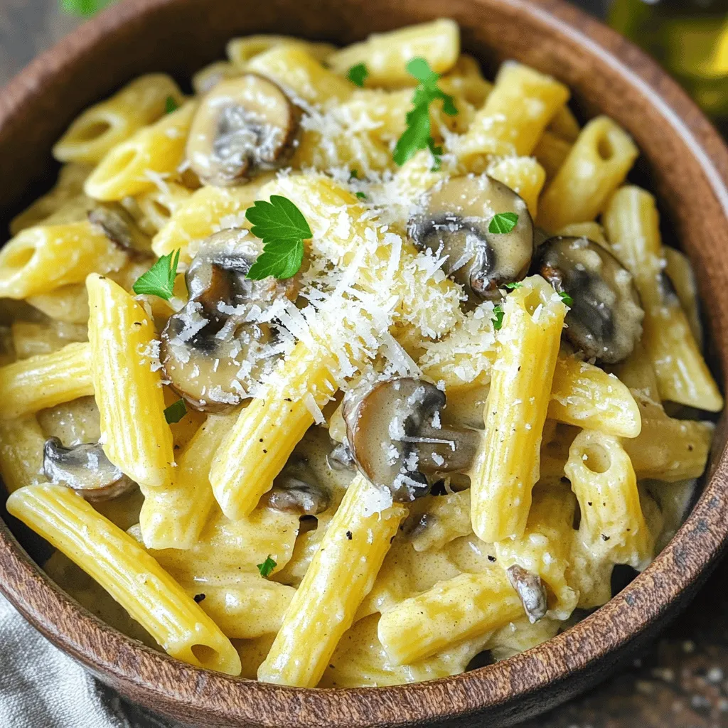 To make One-Pot Creamy Mushroom Pasta, you need fresh and tasty ingredients. Here’s what you will need: - 12 oz (340g) penne pasta - 8 oz (225g) fresh cremini mushrooms, sliced thinly - 1 medium yellow onion, diced finely - 3 cloves garlic, minced - 4 cups vegetable broth (preferably low-sodium) - 1 cup heavy cream (or a dairy-free alternative if desired) - 1 cup freshly grated Parmesan cheese (plus extra for garnish) - 2 tablespoons extra virgin olive oil - 1 teaspoon dried thyme (or 1 tablespoon fresh thyme, if available) - Salt and black pepper to taste - Fresh parsley, finely chopped (for garnish) Each ingredient adds depth and flavor to this dish. The cremini mushrooms give it an earthy taste. The heavy cream makes it rich and smooth. The Parmesan cheese adds a lovely cheesy flavor. Using fresh herbs, like thyme and parsley, enhances the dish. You can find the full recipe in this article to guide you through cooking this delightful meal. 1. Start by warming the olive oil in a large pot over medium heat. 2. Add the diced onion and sauté it for about 2-3 minutes. You'll know it's ready when it turns translucent and fragrant. 3. Next, add minced garlic and sliced cremini mushrooms. Cook this mix for 5-7 minutes. Stir occasionally until the mushrooms brown and become tender. 4. Once the mushrooms are ready, add the penne pasta to the pot. Pour in the vegetable broth, then sprinkle in the dried thyme. Season with salt and black pepper to taste. Stir everything until it’s well mixed. 1. Increase the heat to bring the mixture to a boil. 2. After it starts to boil, lower the heat and cover the pot. Let it simmer gently for 10-12 minutes. Stir it occasionally, so the pasta cooks evenly. It should be al dente and most of the liquid should be absorbed. 3. After the pasta is cooked, lower the heat even more. Gradually pour in the heavy cream. Stir thoroughly to mix it, creating a rich and creamy sauce. 1. Slowly add the freshly grated Parmesan cheese into the pot. Stir it until it melts and mixes smoothly into the sauce. 2. Taste the dish and adjust the seasoning if needed. Let it cook for another 1-2 minutes to ensure everything is well blended. 3. Remove the pot from the heat and let it sit for a couple of minutes. This allows the dish to thicken slightly before serving. For the full recipe, check out the complete instructions. Enjoy the rich and flavorful experience of making this one-pot creamy mushroom pasta! - Achieving the perfect mushroom sauté: Start by using fresh cremini mushrooms. Slice them thinly for even cooking. Heat olive oil in a pot until it's shimmering. Add the diced onion first, then the garlic. Cook until the onion turns soft. Finally, add the mushrooms. Sauté them until they are golden brown. This step brings out their rich flavor. - How to ensure creamy texture: To keep the sauce creamy, add the heavy cream slowly. Stir it well to coat the pasta. The cheese also helps with creaminess. Use freshly grated Parmesan cheese for the best results. - Adjusting flavors to taste: Taste your sauce before serving. If it needs more flavor, add a pinch of salt or black pepper. You can also add a bit more thyme if you like. Adjust the seasoning based on your preference. - Best dishes to pair with creamy mushroom pasta: This pasta pairs well with a simple green salad. A crisp Caesar salad also works nicely. You can serve it alongside garlic bread for a hearty meal. - Recommended wine pairings: A light white wine, like Pinot Grigio, complements this dish well. If you prefer red, try a light-bodied wine like Pinot Noir. Both enhance the flavors without overpowering them. - Presentation ideas for serving: For a beautiful presentation, serve the pasta in warm bowls. Garnish with fresh parsley and extra Parmesan cheese. A drizzle of olive oil adds a nice touch too. This makes the dish look as good as it tastes. For the full recipe, check out the One-Pot Creamy Mushroom Pasta. {{image_4}} You can easily adjust this recipe to fit your needs. Here are some ideas: - Pasta alternatives for dietary preferences: If you need gluten-free pasta, try using brown rice or chickpea pasta. They work well and taste great. - Dairy-free options for the creamy sauce: Use coconut cream or cashew cream instead of heavy cream. This keeps the dish rich and creamy without dairy. - Adding protein: chicken or shrimp ideas: For extra protein, add cooked chicken or shrimp. Just stir them in after you mix in the cream and cheese. To make your dish even more flavorful, consider these tips: - Additional herbs and spices for extra flavor: Try adding fresh basil or oregano. A pinch of red pepper flakes can also add a nice kick. - Incorporating vegetables for color and nutrition: Add spinach, peas, or bell peppers. They not only look good but also boost the dish's nutrition. - Vegan adaptations for the recipe: Use nutritional yeast instead of Parmesan for a cheesy flavor. This makes the dish completely plant-based. For the full recipe, you can follow the steps above and enjoy a rich, creamy mushroom pasta that suits your taste. To keep your one-pot creamy mushroom pasta fresh, store it in an airtight container. Glass or plastic containers work well. Make sure to let the pasta cool down before sealing it. This helps prevent steam buildup. Place the container in the fridge. This dish stays good for up to three days. When you want to enjoy your pasta again, you can reheat it in two ways. For quick reheating, use the microwave. Place the pasta in a bowl, then add a splash of water or cream. Cover it with a microwave-safe lid. Heat it in short bursts until warm. If you prefer the stove, heat a pan over low heat. Add the pasta and a little cream to keep it creamy. Stir often until it’s warm. This method helps keep the sauce smooth and delicious. Can I make this pasta dish ahead of time? Yes, you can prepare this dish a day ahead. Cook the pasta and sauce, then cool it. Store in the fridge in an airtight container. When ready to eat, reheat gently on the stove. How do I know when the pasta is al dente? Pasta is al dente when it has a firm bite. Test it by tasting a piece a minute or two before the cook time ends. It should not be hard but should have a slight resistance when bitten. What can I serve with one-pot creamy mushroom pasta? This pasta pairs well with a fresh salad. You can also serve garlic bread or roasted vegetables on the side for added flavors and textures. Can I freeze the leftover pasta? Yes, you can freeze the leftover pasta. Place it in an airtight container. It can last up to three months in the freezer. When you want to eat it, thaw it overnight in the fridge and reheat on the stove. What to do if the sauce is too thick? If your sauce is too thick, add a splash of vegetable broth or water. Stir well to combine and heat gently. This will help loosen the sauce back to a creamy state. How to fix overly salty pasta? If your pasta is too salty, add a little more cream. You can also mix in a small amount of unsalted broth. This helps balance the saltiness without losing the dish's flavor. Tips for preventing sticking during cooking To prevent sticking, stir the pasta every few minutes while it cooks. Make sure to use enough liquid, as this helps keep the pasta loose and free from clumping. In this blog post, I covered the ingredients and steps to make a creamy mushroom pasta. You learned how to sauté onions and garlic, brown mushrooms, and create a rich sauce. I shared handy tips for flavor and serving, along with variations and storage advice. Creamy mushroom pasta is a warm dish fit for any meal. Enjoy it your way!