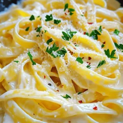 - 8 oz fettuccine pasta - 2 tablespoons extra virgin olive oil - 4 cloves of garlic, finely minced - 1 cup heavy cream - 1 cup freshly grated Parmesan cheese - 1 teaspoon garlic powder - 1 teaspoon onion powder - Salt and freshly ground black pepper, to taste - Fresh parsley, chopped (for garnish) - Optional: a pinch of red pepper flakes for added heat The main ingredients are key to making creamy garlic parmesan pasta. Fettuccine is a great choice because it holds the sauce well. Olive oil adds healthy fat and flavor. Garlic brings a rich, savory note that makes this dish stand out. Heavy cream adds the creaminess you want. Parmesan cheese is what makes it truly special. It melts into the sauce, creating a rich, flavorful base. For seasonings, garlic powder and onion powder enhance the taste. Salt and pepper help balance the dish. Fresh parsley gives a pop of color and freshness. If you like a little heat, red pepper flakes are a great option. As you gather these ingredients, keep in mind that quality matters. Fresh garlic and good cheese can elevate this dish. Check out the Full Recipe to see how to combine these flavors into a delightful meal. - Bring salted water to a rolling boil. - Cook fettuccine according to package instructions, about 8-10 minutes. Cooking pasta is simple but crucial. Use a large pot and plenty of water. Salt enhances flavor, so don’t skip it. When the pasta is done, drain it but save some of the water. This starchy water helps the sauce later. - Heat olive oil in a skillet. - Mince garlic and sauté until fragrant. For the garlic, use fresh cloves. Heat olive oil in a large skillet over medium heat. Add minced garlic once the oil is hot. Stir it for 1-2 minutes. The smell will be amazing! Watch closely to avoid burning. - Lower heat and pour in heavy cream. - Simmer cream and whisk in Parmesan cheese. Next, turn the heat down and add heavy cream. Let it simmer gently for about 3-4 minutes. Stir often to keep it from sticking. Now, gradually whisk in the Parmesan cheese. This creates a rich, creamy sauce. Season it with garlic powder, onion powder, salt, and pepper to taste. - Add cooked fettuccine to the sauce. - Toss to coat and heat through. Once the sauce is ready, add the drained fettuccine. Toss it well to coat every strand. Heat it for 2 more minutes. This helps the pasta absorb the sauce's flavor. - Sprinkle red pepper flakes (optional). - Garnish with parsley and extra Parmesan cheese. Finally, remove the skillet from heat. If you want some spice, add red pepper flakes. Garnish with fresh parsley and a sprinkle of extra Parmesan cheese. Your creamy garlic Parmesan pasta is now ready to enjoy. For the full recipe, check out the details above! To get the right sauce thickness, use reserved pasta water. This starchy water helps make the sauce creamy. If the sauce feels too thick, add a little water until it’s just right. To avoid burning garlic, cook it on medium heat. Stir it often to keep it from turning too dark. A golden color adds flavor, but burnt garlic tastes bitter. Cooking times depend on the pasta. Fettuccine usually cooks in about 8-10 minutes. Check it a minute or two before the time is up. You want it firm yet tender, also known as al dente. Always add salt to boiling water. This simple step enhances the pasta’s flavor. Use about 1-2 tablespoons of salt for a big pot of water. Serve the pasta in shallow bowls. This allows the creamy sauce to pool beautifully. It also makes it easier for guests to enjoy. Add garnishes for color and visual appeal. Fresh parsley adds a nice touch. A sprinkle of extra Parmesan cheese makes it look even more inviting. Enjoy your meal! {{image_4}} You can add proteins to your creamy garlic parmesan pasta for a heartier meal. Grilled chicken works great. Just slice it and mix it in. Shrimp is another tasty option. Cook them separately and toss them in at the end. If you want a vegetarian choice, try mushrooms. Sauté the mushrooms until they are golden before adding them to the pasta. Adding veggies can boost nutrition and flavor. Spinach is a fantastic choice. Stir it in at the end so it wilts nicely. Broccoli also fits well in this dish. Steam it lightly, then mix it in. Roasted red peppers add a sweet, smoky flavor. Dice them up and fold them in for a vibrant touch. To elevate the taste, think about herbs. Thyme and basil are both excellent options. Just sprinkle them in while cooking the sauce. They add a fresh aroma. You can also switch up the cheeses. Try provolone or mozzarella for a different flavor. Mixing these with parmesan creates a rich, creamy finish. To keep your creamy garlic Parmesan pasta fresh, start by letting it cool. Place it in an airtight container. This helps keep the flavors intact. You can store it in the fridge for up to three days. If you want it to last longer, consider freezing it. When you’re ready to enjoy your leftovers, avoid drying them out. You can use the microwave. Heat it in short bursts, stirring in between. This keeps the pasta creamy. Alternatively, use the stovetop. Add a splash of milk or cream to the pan. Heat it slowly over low heat, stirring frequently. To freeze the dish, first let it cool completely. Place the pasta in a freezer-safe container. It will last about two months in the freezer. When you’re ready to eat, take it out and thaw it in the fridge overnight. Reheat it using the stovetop method for the best texture. You can easily swap regular pasta for gluten-free options. Look for fettuccine made from rice, corn, or legumes. These options cook well and still taste great. Always check the package for cooking times, as they may vary. Yes, you can use pre-grated Parmesan cheese. However, fresh cheese tastes better and melts smoother. Pre-grated cheese often contains anti-caking agents that can change the texture. For the best flavor, I recommend grating your own cheese. This pasta pairs well with many side dishes. Try a fresh green salad or garlic bread for a nice crunch. A light white wine, like Pinot Grigio, complements the creamy sauce perfectly. You can also serve some roasted vegetables for extra color and nutrition. To make this dish vegetarian, simply skip any meat. You can add vegetables like mushrooms, zucchini, or spinach for more flavor. These additions keep the dish hearty and satisfying without meat. Leftovers of creamy garlic parmesan pasta usually last about three to four days in the fridge. Store them in an airtight container to keep them fresh. When reheating, add a splash of cream or water to keep the sauce creamy. This blog post outlined a simple yet delicious fettuccine recipe. We covered key ingredients, step-by-step cooking, and tips for perfecting your dish. Variations and storage info can help you personalize your meal. Remember, adding different proteins, veggies, or seasonings can make it your own. With the right techniques, you’ll create a creamy garlic parmesan pasta that impresses. Enjoy experimenting with flavors, and share your tasty results!