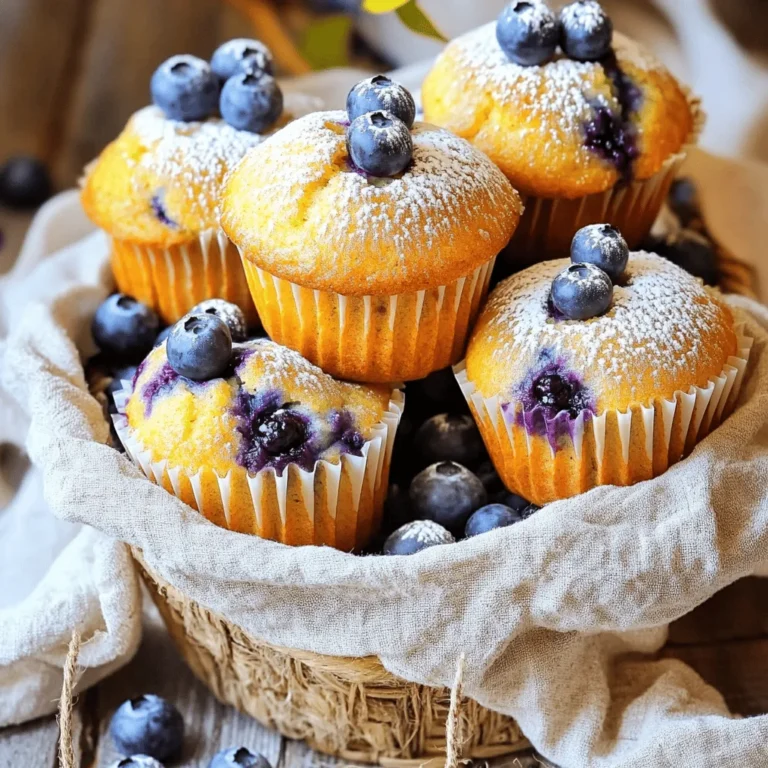 To make the best ever blueberry muffins, you need simple ingredients that blend well. Here is the list of ingredients: - 2 cups all-purpose flour - 1 cup granulated sugar - 2 teaspoons baking powder - 1/2 teaspoon baking soda - 1/2 teaspoon salt - 1/2 cup unsalted butter, melted and slightly cooled - 1 cup plain Greek yogurt - 2 large eggs, at room temperature - 1 teaspoon pure vanilla extract - Zest of 1 lemon - 1 1/2 cups fresh blueberries (or frozen) - 2 tablespoons coarse sugar, for topping Each ingredient plays a key role. The flour gives structure, while the sugar adds sweetness. Baking powder and baking soda help the muffins rise. Salt enhances flavor and balances the sweetness. Greek yogurt keeps them moist and adds a nice tang. The eggs bind the mixture and add richness. Vanilla and lemon zest brighten the flavor. Finally, the blueberries bring bursts of sweetness in every bite. For the full recipe, check out the details above. Start by preheating your oven to 375°F (190°C). This ensures your muffins bake evenly. While it heats, prepare your muffin tin. You can use paper liners or grease the cups with cooking spray to prevent sticking. Next, in a large bowl, combine the dry ingredients. Whisk together 2 cups of all-purpose flour, 1 cup of granulated sugar, 2 teaspoons of baking powder, 1/2 teaspoon of baking soda, and 1/2 teaspoon of salt. Mix well until no lumps remain. In another bowl, mix the wet ingredients. Whisk 1/2 cup of melted butter, 1 cup of Greek yogurt, 2 large eggs, 1 teaspoon of vanilla extract, and the zest of 1 lemon. Blend until smooth and creamy. This mixture adds a lovely flavor to your muffins. Now, it’s time to combine the mixtures. Gently fold the wet ingredients into the dry ingredients using a spatula. Mix just until combined; it’s okay if the batter is a bit lumpy. Overmixing can make the muffins tough. Next, add the blueberries carefully. Fold them into the batter gently, making sure not to burst them. This keeps their beautiful color and texture intact. Using a spoon or an ice cream scoop, fill each muffin cup about three-quarters full. This gives the muffins space to rise as they bake. Before baking, sprinkle a little coarse sugar on top of each muffin for a sweet crunch. Place the muffin tin in the preheated oven and bake for 20-25 minutes. Check for doneness by inserting a toothpick into the center of a muffin. If it comes out clean, they are ready. After baking, let the muffins cool in the tin for about 5 minutes. Then, transfer them to a wire rack to cool completely. This helps them maintain their fluffy texture and prevents sogginess. Enjoy your scrumptious blueberry muffins! For the full recipe, check out the earlier section. To make your blueberry muffins moist, avoid overmixing the batter. When you mix too much, the muffins can turn out tough. Just mix until the dry and wet ingredients come together. You want to keep the batter a bit lumpy. Using room temperature ingredients is key. If your eggs and yogurt are cold, they will not blend well. Take them out of the fridge ahead of time. This small step helps with a smoother batter and better rise. To boost the flavor, you can add spices like cinnamon or nutmeg. A hint of these spices pairs well with blueberries. You can also try different extracts. Almond extract gives a sweet touch, while lemon extract brightens the flavor. For added depth, use zest from an orange or lime. This small addition brings a fresh taste to your muffins. It adds a zing that makes the muffins even better. Blueberry muffins are great on their own, but you can pair them with more delights. Try serving them with butter or cream cheese for a rich taste. A drizzle of honey adds a nice sweetness, too. For a creative touch, serve them in a basket lined with a napkin. You can even stack them high for a beautiful display. Enjoy them warm or with a cup of tea. They are a simple and scrumptious treat that everyone loves! {{image_4}} You can swap all-purpose flour for whole wheat flour for a healthier muffin. Whole wheat flour adds fiber and a nutty taste. If you need gluten-free options, use a gluten-free flour blend. Just ensure it has a binding agent like xanthan gum for the best texture. For a dairy-free version, try using coconut yogurt or almond yogurt instead of Greek yogurt. This keeps the muffins moist and flavorful while meeting dietary needs. Want to mix things up? Add chopped nuts like walnuts or pecans for a delightful crunch. You can also stir in chocolate chips for a sweet twist. Feel free to incorporate other fruits as well! Raspberries or strawberries work wonders. They add a different flavor profile and colorful touch to your muffins. If you prefer mini muffins, reduce the baking time. Bake them at the same temperature but check for doneness after 12-15 minutes. Mini muffins are great for snack time or kids' lunches. However, they may not have the same soft center as regular muffins. Still, they pack all the flavor and fun! To keep your muffins fresh, store them in an airtight container. This helps prevent them from drying out. Line the container with a paper towel to absorb any moisture. Place the muffins in a single layer, if possible. If you stack them, add more paper towels between layers. This keeps the tops from getting soggy. Freezing muffins is easy and keeps them tasty. Wrap each muffin in plastic wrap. Then, place them in a freezer bag. Make sure to squeeze out as much air as possible. This helps avoid freezer burn. You can freeze them for up to three months. When you're ready to enjoy, take a muffin out and let it thaw at room temperature. If you want it warm, pop it in the microwave for 15-20 seconds. This will bring back their fresh-baked taste. You learned how to make delicious blueberry muffins. We discussed key ingredients and step-by-step instructions. You also discovered tips for moist muffins and flavor variations. Plus, you learned about storage and FAQs. These muffins are great for breakfast or snacks. Experiment with your favorite additions. Enjoy baking and sharing these treats with friends and family!