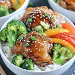 Gathering the right ingredients is key to making delicious teriyaki chicken bowls. Here’s a complete list to get you started. Chicken and Marinade Ingredients - 1 lb boneless, skinless chicken thighs, cut into bite-sized pieces - ¼ cup soy sauce - ¼ cup honey - 2 tablespoons rice vinegar - 1 tablespoon sesame oil - 2 cloves garlic, minced - 1 teaspoon fresh ginger, grated Vegetables for Stir-Fry - 2 cups cooked jasmine rice - 1 cup broccoli florets - 1 cup bell pepper, sliced (any color) - 1 carrot, julienned Optional Garnishes - 2 green onions, sliced (for garnish) - 1 tablespoon sesame seeds (for garnish) Using fresh ingredients makes a big difference. Each element adds flavor, color, and texture to your meal. Feel free to mix and match the veggies based on what you have. This recipe is flexible, so you can make it your own! For the full recipe, check the main article. Start by marinating the chicken. In a medium bowl, mix soy sauce, honey, rice vinegar, sesame oil, minced garlic, and grated ginger. Whisk these ingredients until they blend well. Add your bite-sized chicken pieces to the bowl. Make sure all the chicken gets a nice coating. Cover the bowl and let it sit for at least 15 minutes. This waiting time helps the chicken soak up all those tasty flavors. Now, it's time to cook the chicken. Heat a large skillet or wok on medium heat. Once hot, add the marinated chicken pieces. Keep some marinade for later. Cook the chicken for about 7-10 minutes. Stir it occasionally until it turns golden brown and is fully cooked. When done, transfer the chicken to a plate and set it aside. Next, let’s stir-fry the vegetables. In the same skillet, add broccoli florets, sliced bell pepper, and julienned carrot. Stir-fry these veggies for around 5 minutes. You want them to be bright and tender but still crisp. Keep them moving in the pan to avoid burning. Now, combine everything. Return the cooked chicken to the skillet with the veggies. Pour in the reserved marinade and stir the mixture well. Cook for another 2-3 minutes. This helps the sauce heat up and thicken, coating the chicken and veggies in a yummy glaze. It's time to serve! Take your cooked jasmine rice and divide it evenly among four bowls. Next, ladle the teriyaki chicken and vegetable stir-fry over the rice in each bowl. This creates a hearty and colorful meal that looks great. Finally, let’s add some garnish. Sprinkle sliced green onions and sesame seeds on top of each bowl. This not only adds extra flavor but also gives your dish a nice crunch. For an authentic touch, serve the bowls with chopsticks and maybe some lime wedges for a zesty kick. Enjoy your colorful and flavorful teriyaki experience! For the full recipe, check out Marvelous Teriyaki Chicken Bowls 🥢. To craft the perfect marinade, combine soy sauce and honey. This mix gives a sweet and salty flavor. Add rice vinegar for a tangy touch. Sesame oil brings a nutty taste. Don’t forget garlic and ginger for depth. Whisk until blended. Let your chicken sit in the marinade for at least 15 minutes. This allows the chicken to soak up the flavors well, making each bite tasty. For tender chicken, choose boneless, skinless thighs. They stay juicy while cooking. Start with a hot skillet for better searing. Don’t overcrowd the pan; it helps the chicken brown nicely. Stir occasionally, but don’t fuss too much. Cook until the chicken is golden brown and no longer pink inside. This usually takes about 7-10 minutes. Prep your vegetables before cooking. Cut broccoli into small, even florets. Slice bell peppers thinly for quick cooking. Julienned carrots add color and crunch. Use fresh veggies for the best flavor. When stir-frying, keep the heat high and the veggies moving. This keeps them bright and crisp. Cook them for about 5 minutes. Enjoy the vibrant colors in your bowl! {{image_4}} If you need a gluten-free version of this dish, swap soy sauce with tamari. Tamari gives a similar taste without gluten. You can also use coconut aminos for a lighter flavor. Check your rice vinegar to ensure it is gluten-free, too. You can easily change the protein in your teriyaki bowls. Try using tofu or shrimp for a fun twist. If you prefer beef, choose flank steak or ground beef. Just marinate and cook them the same way as chicken. Feel free to mix in any vegetables you like. Snap peas, zucchini, or mushrooms work well. You can even use frozen mixed vegetables if you're short on time. Just remember to stir-fry until they are bright and tender. For more ideas, check out the Full Recipe to see how to make these tasty bowls. If you have leftovers, store them in an airtight container. Make sure to cool the chicken bowls first. This helps keep the flavors fresh. You can keep them in the fridge for up to three days. To reheat, use the microwave or stovetop. If using the microwave, cover the bowl with a lid or a paper towel. Heat in short bursts, about 1-2 minutes, until warm. If you use the stovetop, add a splash of water to keep it moist. Heat over medium heat until hot. You can freeze the teriyaki chicken bowls for later use. Use freezer-safe containers or bags. Make sure to separate the rice and chicken. This keeps the rice from getting mushy. You can freeze the chicken for up to three months. When you want to eat it, thaw in the fridge overnight. Reheat as mentioned above. Enjoy your meal anytime! For the full recipe, check out the Marvelous Teriyaki Chicken Bowls 🥢 section. To spice up your Easy Teriyaki Chicken Bowls, add some chili flakes or sriracha. You can mix these into the marinade. If you want more heat, try adding sliced jalapeños while cooking. Adjust the spice level to your taste. This adds a fun twist to the flavor. Yes, you can use chicken breasts instead of thighs. Chicken breasts are leaner, so they cook faster. Cut them into bite-sized pieces just like thighs. Keep an eye on cooking time. You want them juicy and tender. You can serve these bowls with a few sides. Try steamed edamame or a simple cucumber salad. You can also add pickled vegetables for a tangy crunch. These sides balance the rich flavors of the teriyaki chicken. The marinade lasts up to 24 hours in the fridge. If you make it ahead, store it in a sealed container. This keeps it fresh and safe. Just remember to marinate the chicken for at least 15 minutes before cooking for the best flavor. Yes, you can make this meal ahead of time. Marinate the chicken and store it in the fridge. You can also cook the chicken and vegetables ahead. Just reheat them when you’re ready to serve. This makes for a quick dinner on busy nights. For the full recipe, check out the Marvelous Teriyaki Chicken Bowls. This blog post covered easy ways to make delicious teriyaki chicken bowls. You learned about the key ingredients, how to marinate chicken, and tips for cooking. We explored variations to suit your taste, along with storage tips for leftovers. Remember, the right marinade and fresh veggies make all the difference. Enjoy trying this simple recipe, and feel free to mix things up with your favorite flavors. Cooking can be fun and easy, so let your creativity shine!