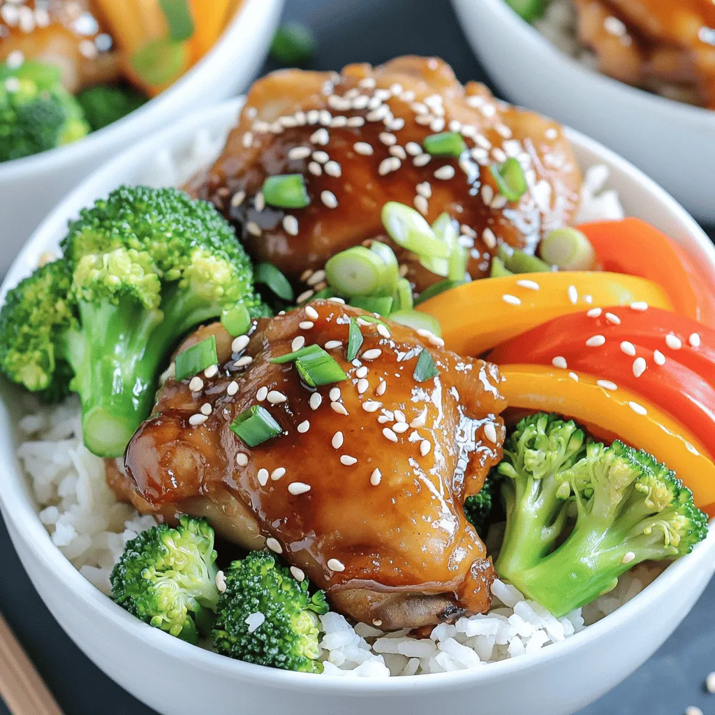 Gathering the right ingredients is key to making delicious teriyaki chicken bowls. Here’s a complete list to get you started. Chicken and Marinade Ingredients - 1 lb boneless, skinless chicken thighs, cut into bite-sized pieces - ¼ cup soy sauce - ¼ cup honey - 2 tablespoons rice vinegar - 1 tablespoon sesame oil - 2 cloves garlic, minced - 1 teaspoon fresh ginger, grated Vegetables for Stir-Fry - 2 cups cooked jasmine rice - 1 cup broccoli florets - 1 cup bell pepper, sliced (any color) - 1 carrot, julienned Optional Garnishes - 2 green onions, sliced (for garnish) - 1 tablespoon sesame seeds (for garnish) Using fresh ingredients makes a big difference. Each element adds flavor, color, and texture to your meal. Feel free to mix and match the veggies based on what you have. This recipe is flexible, so you can make it your own! For the full recipe, check the main article. Start by marinating the chicken. In a medium bowl, mix soy sauce, honey, rice vinegar, sesame oil, minced garlic, and grated ginger. Whisk these ingredients until they blend well. Add your bite-sized chicken pieces to the bowl. Make sure all the chicken gets a nice coating. Cover the bowl and let it sit for at least 15 minutes. This waiting time helps the chicken soak up all those tasty flavors. Now, it's time to cook the chicken. Heat a large skillet or wok on medium heat. Once hot, add the marinated chicken pieces. Keep some marinade for later. Cook the chicken for about 7-10 minutes. Stir it occasionally until it turns golden brown and is fully cooked. When done, transfer the chicken to a plate and set it aside. Next, let’s stir-fry the vegetables. In the same skillet, add broccoli florets, sliced bell pepper, and julienned carrot. Stir-fry these veggies for around 5 minutes. You want them to be bright and tender but still crisp. Keep them moving in the pan to avoid burning. Now, combine everything. Return the cooked chicken to the skillet with the veggies. Pour in the reserved marinade and stir the mixture well. Cook for another 2-3 minutes. This helps the sauce heat up and thicken, coating the chicken and veggies in a yummy glaze. It's time to serve! Take your cooked jasmine rice and divide it evenly among four bowls. Next, ladle the teriyaki chicken and vegetable stir-fry over the rice in each bowl. This creates a hearty and colorful meal that looks great. Finally, let’s add some garnish. Sprinkle sliced green onions and sesame seeds on top of each bowl. This not only adds extra flavor but also gives your dish a nice crunch. For an authentic touch, serve the bowls with chopsticks and maybe some lime wedges for a zesty kick. Enjoy your colorful and flavorful teriyaki experience! For the full recipe, check out Marvelous Teriyaki Chicken Bowls 🥢. To craft the perfect marinade, combine soy sauce and honey. This mix gives a sweet and salty flavor. Add rice vinegar for a tangy touch. Sesame oil brings a nutty taste. Don’t forget garlic and ginger for depth. Whisk until blended. Let your chicken sit in the marinade for at least 15 minutes. This allows the chicken to soak up the flavors well, making each bite tasty. For tender chicken, choose boneless, skinless thighs. They stay juicy while cooking. Start with a hot skillet for better searing. Don’t overcrowd the pan; it helps the chicken brown nicely. Stir occasionally, but don’t fuss too much. Cook until the chicken is golden brown and no longer pink inside. This usually takes about 7-10 minutes. Prep your vegetables before cooking. Cut broccoli into small, even florets. Slice bell peppers thinly for quick cooking. Julienned carrots add color and crunch. Use fresh veggies for the best flavor. When stir-frying, keep the heat high and the veggies moving. This keeps them bright and crisp. Cook them for about 5 minutes. Enjoy the vibrant colors in your bowl! {{image_4}} If you need a gluten-free version of this dish, swap soy sauce with tamari. Tamari gives a similar taste without gluten. You can also use coconut aminos for a lighter flavor. Check your rice vinegar to ensure it is gluten-free, too. You can easily change the protein in your teriyaki bowls. Try using tofu or shrimp for a fun twist. If you prefer beef, choose flank steak or ground beef. Just marinate and cook them the same way as chicken. Feel free to mix in any vegetables you like. Snap peas, zucchini, or mushrooms work well. You can even use frozen mixed vegetables if you're short on time. Just remember to stir-fry until they are bright and tender. For more ideas, check out the Full Recipe to see how to make these tasty bowls. If you have leftovers, store them in an airtight container. Make sure to cool the chicken bowls first. This helps keep the flavors fresh. You can keep them in the fridge for up to three days. To reheat, use the microwave or stovetop. If using the microwave, cover the bowl with a lid or a paper towel. Heat in short bursts, about 1-2 minutes, until warm. If you use the stovetop, add a splash of water to keep it moist. Heat over medium heat until hot. You can freeze the teriyaki chicken bowls for later use. Use freezer-safe containers or bags. Make sure to separate the rice and chicken. This keeps the rice from getting mushy. You can freeze the chicken for up to three months. When you want to eat it, thaw in the fridge overnight. Reheat as mentioned above. Enjoy your meal anytime! For the full recipe, check out the Marvelous Teriyaki Chicken Bowls 🥢 section. To spice up your Easy Teriyaki Chicken Bowls, add some chili flakes or sriracha. You can mix these into the marinade. If you want more heat, try adding sliced jalapeños while cooking. Adjust the spice level to your taste. This adds a fun twist to the flavor. Yes, you can use chicken breasts instead of thighs. Chicken breasts are leaner, so they cook faster. Cut them into bite-sized pieces just like thighs. Keep an eye on cooking time. You want them juicy and tender. You can serve these bowls with a few sides. Try steamed edamame or a simple cucumber salad. You can also add pickled vegetables for a tangy crunch. These sides balance the rich flavors of the teriyaki chicken. The marinade lasts up to 24 hours in the fridge. If you make it ahead, store it in a sealed container. This keeps it fresh and safe. Just remember to marinate the chicken for at least 15 minutes before cooking for the best flavor. Yes, you can make this meal ahead of time. Marinate the chicken and store it in the fridge. You can also cook the chicken and vegetables ahead. Just reheat them when you’re ready to serve. This makes for a quick dinner on busy nights. For the full recipe, check out the Marvelous Teriyaki Chicken Bowls. This blog post covered easy ways to make delicious teriyaki chicken bowls. You learned about the key ingredients, how to marinate chicken, and tips for cooking. We explored variations to suit your taste, along with storage tips for leftovers. Remember, the right marinade and fresh veggies make all the difference. Enjoy trying this simple recipe, and feel free to mix things up with your favorite flavors. Cooking can be fun and easy, so let your creativity shine!