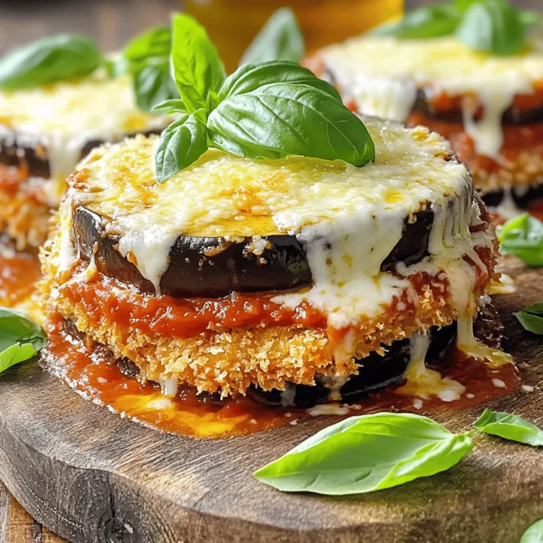 - 2 medium eggplants, sliced into ½-inch rounds - 1 cup all-purpose flour - 2 large eggs, beaten - 1 cup breadcrumbs (preferably Italian-seasoned) - 3 cups marinara sauce (store-bought or homemade) - 2 cups shredded mozzarella cheese - 1 cup grated Parmesan cheese - 1 teaspoon salt - 1 tablespoon dried oregano - Olive oil for frying - Fresh basil leaves for garnish (optional) The eggplant is the star of this dish. Choose medium-sized eggplants for the best flavor. The salt helps draw out moisture and bitterness. Don’t skip this step, as it makes a big difference. You’ll also need flour, eggs, and breadcrumbs for breading. I like using Italian-seasoned breadcrumbs for extra taste. For your sauce, you can use store-bought or homemade marinara. I often make my own with fresh tomatoes and spices. Mozzarella and Parmesan cheese bring that classic cheesy goodness. The combination of these ingredients creates layers of flavor in every bite. You can enhance the taste with the right seasonings. Dried oregano adds an aromatic touch. Olive oil is key for frying the eggplant, giving it a nice crisp. Lastly, fresh basil leaves make a lovely garnish. They add color and flavor to your dish. Check out the Full Recipe for all the steps to bring this delicious meal to life! - Sprinkle eggplant slices with salt. - Allow to sit in a colander for 30 minutes. - Rinse and pat dry the slices. I always start by preparing the eggplant. The salt helps remove bitterness and water. After 30 minutes, rinse the slices under cool water. Then, pat them dry with paper towels. This step is key for a great texture. - Arrange flour, eggs, and breadcrumb station. - Combine breadcrumbs with dried oregano. Next, set up your breading station. Use three shallow dishes. One for flour, one for beaten eggs, and one for breadcrumbs. Mixing dried oregano into the breadcrumbs adds flavor. This step makes each bite taste amazing. - Dredging process: flour, egg, breadcrumb. - Ensure proper coating on eggplant slices. Now, it's time to bread the eggplant. Take a slice and dip it in flour first. Shake off any extra flour. Next, coat it in the beaten egg. Finally, cover it with the breadcrumb mix. Press down gently to make sure it sticks well. - Heat oil in a skillet over medium heat. - Fry slices until golden brown, about 3-4 minutes per side. - Drain excess oil on paper towels. For frying, heat oil in a skillet over medium heat. Add the breaded eggplant slices in batches. Fry each side for about 3-4 minutes. You want them to be golden brown. Once done, place them on paper towels to soak up extra oil. - Preheat oven to 375°F (190°C). - Layer marinara, eggplant, cheeses in a baking dish. Now, preheat your oven to 375°F (190°C). In a baking dish, start with a layer of marinara sauce. Place half of the fried eggplant slices on top. Add half of the remaining marinara sauce, followed by half of the mozzarella and Parmesan cheese. - Cover with aluminum foil and bake for 25 minutes. - Remove foil and bake for an additional 15-20 minutes. Cover your dish with aluminum foil to keep the cheese from burning. Bake for 25 minutes. Then, take off the foil and bake for another 15-20 minutes. You want the cheese to be bubbly and golden. Follow these steps for a tasty eggplant parmesan. For the full details, check the Full Recipe. How to choose the right eggplant When picking eggplants, look for smooth skin. The color should be deep purple and shiny. Choose firm eggplants that feel heavy for their size. Avoid any with blemishes or soft spots. These signs show freshness and flavor, which is key for the best taste. Tips for frying eggplant without soaking up too much oil To fry eggplant well, first salt the slices. This step pulls out moisture and bitterness. After 30 minutes, rinse and dry them. This helps them absorb less oil. Use a good amount of oil, but not too much. Heat the oil well before adding eggplant. This creates a crispy outside and keeps the inside soft. Best frying skillet for even cooking A heavy skillet works best for frying. It holds heat well and cooks evenly. Cast iron or stainless steel skillets are great choices. Avoid non-stick pans. They can make the eggplant soggy. Importance of a good baking dish Choose a baking dish that is deep and sturdy. Glass or ceramic works well. A good baking dish helps the eggplant cook evenly. It also keeps the cheese from burning while baking. How to garnish for presentation Garnish your eggplant parmesan with fresh basil leaves. This adds a pop of color and flavor. You can also drizzle a bit of olive oil on top. This makes the dish look fancy and delicious. Pairing with salads or sides Serve your eggplant parmesan with a fresh salad. A simple green salad or a caprese salad works well. You can also add some crusty bread on the side. This adds texture and makes the meal more filling. For the complete experience, check out the Full Recipe. {{image_4}} You can change up your eggplant parmesan by using different sauces. For example, try a pesto or white sauce instead of marinara. This gives a new twist to the dish. You can also layer in more vegetables. Consider adding spinach, zucchini, or mushrooms for added flavor and nutrition. Fresh herbs like basil or parsley can brighten the dish too. If you need a gluten-free version, swap out the breadcrumbs for gluten-free ones. You can find these in most grocery stores. Additionally, use almond flour or coconut flour instead of regular flour. These options will still give you a nice crust while keeping it gluten-free. For a dairy-free option, use vegan cheese. There are many brands that melt well and taste great. You can also mix different cheeses for a unique flavor. Try mixing mozzarella with provolone or fontina. This adds depth and richness to the dish. Remember, the cheese is key to getting that gooey, cheesy goodness. Explore these variations to make eggplant parmesan your own! Check the Full Recipe for all the details. To store your leftover eggplant parmesan, place it in an airtight container. This keeps it fresh in the refrigerator. I recommend letting it cool first. Properly stored, it lasts for about 3 to 5 days. Every day after that, it may lose flavor and texture. Yes, you can freeze eggplant parmesan! It’s a great way to save this dish for later. First, let it cool completely. Then, wrap it tightly in plastic wrap or aluminum foil. You can also use freezer-safe containers. It can last up to 3 months in the freezer. When you are ready to enjoy it, thaw it overnight in the fridge. The best way to reheat eggplant parmesan is in the oven. Preheat your oven to 350°F (175°C). Place the dish on a baking sheet and cover it with foil. Heat for about 25 minutes, or until it’s hot all the way through. If you want quick options, you can use a microwave. Heat it in short bursts, checking often. However, this may make it a bit soggy. So, use the oven for the best taste and texture. To make Eggplant Parmesan, follow these main steps: 1. Slice the eggplants and sprinkle them with salt. 2. Let the slices sit in a colander for 30 minutes. 3. Rinse the eggplants and pat them dry. 4. Bread the eggplant by coating it in flour, eggs, and breadcrumbs. 5. Fry the breaded slices in olive oil until golden brown. 6. Layer the fried eggplant with marinara sauce and cheese in a baking dish. 7. Bake until the cheese is bubbly and golden. Yes, you can prepare Eggplant Parmesan ahead of time. - Bread the eggplant and fry it. - Layer the dish with sauce and cheese. - Cover and refrigerate for up to 24 hours before baking. This way, you save time on cooking day. To keep your eggplant from being soggy: - Always salt the eggplant before cooking to remove moisture. - Let it rest in a colander for at least 30 minutes. - Pat the slices dry before breading and frying. This helps create a crispy texture. You can try many fun variations, such as: - Use zucchini instead of eggplant for a lighter dish. - Add spinach or mushrooms for more flavor. - Swap marinara for pesto for a twist. Experiment with different cheeses like goat cheese or feta! Eggplant Parmesan can be healthy with a few changes: - Opt for whole wheat breadcrumbs for added fiber. - Use less cheese or a low-fat version to cut calories. - Add more vegetables to increase nutrients. These simple swaps make it a healthier choice! For the full recipe, check out the details above and enjoy your cooking! Eggplant Parmesan is a delicious dish that combines crispy eggplant with rich marinara and gooey cheese. We covered key ingredients and step-by-step instructions to help you succeed. I shared tips for frying and variations to fit your dietary needs. Remember, the right techniques and ingredients can elevate this classic meal. Whether you enjoy it fresh or warmed up later, it’s sure to please everyone at the table. Dive into cooking this tasty dish and make it your own!