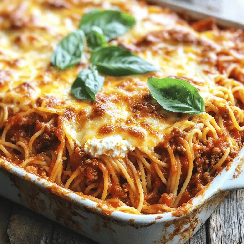 To create a tasty baked spaghetti casserole, gather these main ingredients: - 12 ounces spaghetti - 1 tablespoon olive oil - 1 medium onion, diced - 2 garlic cloves, minced - 1 pound ground beef (or ground turkey) - 1 can (28 ounces) crushed tomatoes - 1 teaspoon dried oregano - 1 teaspoon dried basil - 1/2 teaspoon red pepper flakes (optional) - Salt and pepper to taste - 2 cups ricotta cheese - 2 cups shredded mozzarella cheese, divided - 1/2 cup grated Parmesan cheese, divided - Fresh basil leaves, for garnish These ingredients work together to create a rich and hearty dish. The ground meat gives protein, while the cheeses add creaminess. You can tweak the recipe by adding these optional ingredients for extra flavor: - Sliced black olives - Fresh spinach or kale - Bell peppers, diced - Mushrooms, sliced - Italian sausage These options let you customize the casserole to fit your tastes. Feel free to mix and match! If you need to change things up or accommodate dietary needs, consider these substitutions: - Use gluten-free spaghetti for a gluten-free option. - Swap ground beef for lentils or beans for a vegetarian version. - Replace ricotta with cottage cheese for a different texture. - Try fresh herbs instead of dried for a fresher taste. These substitutions keep the spirit of the dish while making it your own. Enjoy experimenting! First, preheat your oven to 350°F (175°C). This step helps the casserole bake evenly. Next, fill a large pot with water and add salt. Bring the water to a boil. Once boiling, add 12 ounces of spaghetti. Cook until it is al dente, which usually takes about 8-10 minutes. After cooking, drain the pasta and set it aside. This will be the base of your casserole. In a large skillet, heat 1 tablespoon of olive oil over medium heat. Add 1 diced onion and 2 minced garlic cloves. Sauté for about 3-4 minutes until the onion becomes soft. Then, add 1 pound of ground beef or ground turkey. Cook this for 6-7 minutes until it is brown and fully cooked. Drain any excess fat to avoid a greasy dish. Pour in a can of crushed tomatoes, 1 teaspoon of dried oregano, 1 teaspoon of dried basil, and season with salt and pepper. Let this mixture simmer for about 10 minutes, allowing the flavors to blend. In a large bowl, mix the cooked spaghetti with the meat sauce, ensuring the pasta is fully coated. In another bowl, combine 2 cups of ricotta cheese with half of the shredded mozzarella and half of the grated Parmesan. Add a pinch of salt and pepper to this mixture. Grease a 9x13 inch baking dish. Spread half of the spaghetti mixture along the bottom. Layer the ricotta mixture over this. Finally, add the remaining spaghetti on top. Sprinkle the rest of the mozzarella and Parmesan cheese over the spaghetti. Cover the dish with aluminum foil and place it in the preheated oven. Bake for 25 minutes. After this, carefully remove the foil and bake for another 15 minutes. This will make the cheese on top golden and bubbly. Once done, let the casserole cool for a few minutes before serving. For a nice touch, garnish with fresh basil leaves. Enjoy your meal! For the full recipe, check [Full Recipe]. To get that perfect cheese melt, use fresh cheese. Shredded cheese from a block melts better than pre-shredded cheese. Mix mozzarella and Parmesan for a rich flavor. Layer the cheese properly; add some in the middle and on top. Cover the dish with foil for the first part of baking. This keeps the steam in, helping the cheese melt well. Remove the foil for the last 15 minutes to get a golden top. Seasoning is key to great flavor. Use fresh herbs like basil or oregano if you can. They add a bright taste to the dish. A pinch of red pepper flakes adds a nice kick. Taste the sauce before mixing it with pasta. Adjust the salt and pepper to your liking. Remember, seasoning is personal. Trust your taste buds for the best result. Making this casserole ahead is simple. You can prepare it a day before. Follow all the steps, then cover it well with foil. Store it in the fridge until you’re ready to bake. Bake it straight from the fridge, but add extra time. This helps the casserole heat evenly. You can also freeze it for up to three months. Just thaw it overnight in the fridge before baking. For the full recipe, check back to ensure every step is right! {{image_4}} You can easily make a vegetarian baked spaghetti casserole. Start by swapping out the meat. Use chopped veggies like bell peppers, zucchini, or mushrooms instead. These add great flavor and texture. You might also try using lentils or black beans for protein. Keep the rest of the recipe the same. This dish will still be hearty and filling. If you need a gluten-free option, use gluten-free spaghetti. Many brands offer great alternatives made from rice or corn. The cooking method stays the same, so you don’t lose any flavor. You can also check the labels on your sauces and cheeses to ensure they are gluten-free. This way, everyone can enjoy this tasty meal. Feel free to get creative with flavors! You can add spices like Italian seasoning or garlic powder to boost taste. For a smoky flavor, try adding diced bacon or pancetta. You can even mix in veggies like spinach or kale for added nutrition. Customize your baked spaghetti casserole to suit your taste buds. For the full recipe, check out the details above! After enjoying your baked spaghetti casserole, let it cool first. Once cool, transfer the leftovers to an airtight container. This keeps the dish fresh and tasty. You can store it in the fridge for up to three days. To keep it even longer, consider wrapping individual portions tightly in plastic wrap or foil. When you're ready to enjoy leftovers, preheat your oven to 350°F (175°C). Place the casserole in an oven-safe dish. Cover it with foil to keep it from drying out. Heat for about 20 to 25 minutes. You can also reheat single portions in the microwave. Just warm it for 2 to 3 minutes, checking to make sure it’s hot throughout. You can freeze baked spaghetti casserole for up to three months. To freeze, let it cool completely. Then, wrap it tightly in plastic wrap and cover it in foil. Label the container with the date. When you’re ready to eat, thaw it in the fridge overnight. Then bake it at 350°F (175°C) for about 30 to 40 minutes, or until hot. For the best taste, try to eat it within a month or two. This easy and hearty dinner can be a meal prep star, making busy nights much smoother. For a full recipe, check out the details above! Baked Spaghetti Casserole can last about 3 to 5 days in the fridge. Make sure to store it in an airtight container. This helps keep the flavors fresh and prevents drying out. When you’re ready to eat, simply reheat it in the oven or microwave. Yes, you can use different types of cheese! Cheddar, provolone, or even gouda can work well. Mixing cheeses adds depth to the flavor. Just remember to keep some mozzarella for that perfect stretchy effect on top. I love serving Baked Spaghetti Casserole with a simple side salad. A green salad with a light vinaigrette adds a fresh touch. Garlic bread is also a great choice for soaking up the sauce. You can even add some steamed veggies for extra color and nutrition. Absolutely! Baked Spaghetti Casserole is perfect for meal prep. You can make it ahead and store it in the fridge or freezer. Just portion it out into containers for easy lunches or dinners. Reheating is simple, too, making it a great option for busy days. For the full recipe, check out the details above. Baked spaghetti casserole is a great meal for any occasion. We covered the main and optional ingredients, along with helpful substitutions. You learned the steps to prepare, cook, and bake it right. Tips on cheese melting and flavor boosts make your dish even better. Variations cater to different diets and tastes. Lastly, storing and reheating tips help you enjoy leftovers. With this knowledge, you can create a tasty, versatile dish that everyone will love. Enjoy your cooking!
