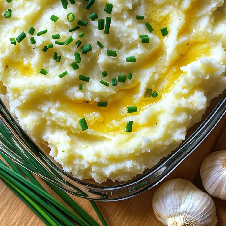 To make Roasted Garlic Mashed Cauliflower, you'll need: - 1 large head of cauliflower, cut into evenly sized florets - 6 cloves of garlic, unpeeled - 3 tablespoons extra virgin olive oil - 1/4 cup unsweetened almond milk (or your preferred milk alternative) - 2 tablespoons unsalted butter (or vegan butter for a dairy-free option) - Sea salt and freshly ground black pepper to taste - Fresh chives, finely chopped (for garnish) If you have dietary preferences or restrictions, you can easily swap some ingredients: - Cauliflower: Use broccoli for a different taste and texture. - Butter: Replace with ghee or a plant-based butter for dairy-free. - Almond Milk: Use soy, oat, or any milk you prefer. - Chives: Try fresh parsley or green onions for a different flavor. Each ingredient adds not just taste but also nutrition: - Cauliflower: Low in calories, high in fiber. Great for digestion. - Garlic: Boosts immune health and adds flavor without extra calories. - Olive Oil: Packed with healthy fats. Good for heart health. - Almond Milk: Lower in calories than cow's milk and dairy-free. - Butter: Adds creaminess and flavor; choose unsalted for better control. - Chives: Rich in vitamins A and C. They add a fresh taste and color. This dish packs flavor and nutrition, making it a perfect side. Make sure to check the Full Recipe for all the steps! Start by washing your cauliflower. Cut it into evenly sized florets. This helps them cook evenly. Next, take six cloves of garlic. You can leave them unpeeled for roasting. This keeps the flavor mellow and sweet. Preheat your oven to 400°F (200°C). On a large baking sheet, place the cauliflower and garlic. Drizzle three tablespoons of olive oil over them. Sprinkle sea salt and black pepper to taste. Toss everything well to coat. Spread them out in a single layer. This helps them roast nicely. Bake for about 25-30 minutes. The cauliflower should turn tender and golden. The garlic will become soft and caramelized. After roasting, take the baking sheet out of the oven. Let it cool for a few minutes. Carefully squeeze the soft garlic out of its skin. Add the roasted cauliflower and garlic to a food processor. Pour in 1/4 cup of almond milk and two tablespoons of butter. Blend until you get a smooth and creamy mixture. Stop to scrape down the sides as needed. Taste the mash and add more salt and pepper if you want. Finally, serve it warm, garnished with chopped chives. For the full recipe, check out the complete details. One common mistake is not roasting the garlic long enough. If you don’t roast it enough, the garlic can taste sharp and bitter. Make sure the garlic is soft and caramelized before you remove it from the oven. Another mistake is using too much liquid when blending. Start with a small amount of almond milk. You can always add more if needed, but it’s hard to fix a runny mash. Lastly, don’t skip seasoning. A little salt and pepper can bring out all the flavors. To get the creamiest texture, use a food processor instead of a blender. A food processor allows for better control over the blending process. Make sure to blend in batches if your food processor is small. Also, add the butter while blending. This fat helps create a smooth and rich mouthfeel. If you want an even creamier mash, try adding more butter or using a bit of cream instead of almond milk. For perfect seasoning, start with sea salt and freshly ground black pepper. After blending, taste the mash and adjust as needed. You can also add garlic powder for an extra kick. Fresh herbs like chives or parsley can enhance the flavor too. A squeeze of lemon juice can add brightness. Try a little at a time to find your ideal balance. For the full recipe, check out the Roasted Garlic Mashed Cauliflower section. {{image_4}} You can make this dish vegan by using plant-based butter and almond milk. The creamy texture stays intact without dairy. This option is great for everyone, even those who avoid animal products. You can also try coconut milk for a richer taste. Get creative with flavors! Adding fresh herbs like thyme or rosemary gives extra zest. For a cheesy kick, try nutritional yeast or a sprinkle of vegan cheese. You can also mix in roasted red peppers or sun-dried tomatoes for a unique twist. If you prefer, you can steam or boil the cauliflower instead of roasting it. Steaming keeps the cauliflower bright and tender. Boiling works, but it may make it a bit watery. Always drain well to avoid a soupy mash. Roasting adds depth and sweetness, but these methods are great alternatives. For the complete recipe, check out the Full Recipe section. To store your Roasted Garlic Mashed Cauliflower, let it cool first. Transfer it to an airtight container. You can keep it in the fridge for up to four days. Make sure to seal the container tightly to keep it fresh. When you’re ready to enjoy your leftovers, scoop out what you need. Place it in a microwave-safe bowl. Heat it in the microwave on medium power for about one to two minutes. Stir halfway through to heat evenly. If it seems dry, add a splash of almond milk or olive oil before heating. You can freeze Roasted Garlic Mashed Cauliflower too! Just scoop it into freezer-safe containers or bags. Leave some space at the top, as it will expand when frozen. It can last up to three months in the freezer. To reheat, thaw it in the fridge overnight, then warm it up using the microwave or on the stove. For more details, check the Full Recipe. Yes, you can use frozen cauliflower. It is a great time-saver! Just make sure to thaw it before cooking. Drain any water to avoid a watery mash. Use the same roasting method. This can help keep the flavor intact while achieving a creamy texture. To spice things up, add red pepper flakes or cayenne pepper. You can also mix in some hot sauce for a kick. If you want a smoky flavor, try adding smoked paprika. Just start with a little. You can always add more to match your taste. This dish pairs well with many meals! Serve it alongside grilled chicken or roasted fish. It also complements a hearty steak or a savory vegetable dish. You can even use it as a base for a rich mushroom sauce. For a full meal, add a fresh salad to balance the flavors. If you want the full recipe, check it out here: [Full Recipe]. This blog post offers a complete guide to making Roasted Garlic Mashed Cauliflower. We covered ingredients, step-by-step prep, and tips for a creamy texture. Variations let you customize the dish, and storage info helps keep leftovers fresh. Experiment with flavor add-ins and cooking methods to make this dish your own. Enjoy creating a simple yet tasty meal that fits your needs. Dive into this delicious recipe and savor each bite!