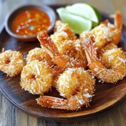 For this crispy coconut shrimp, you will need: - 1 lb large shrimp, peeled and deveined - 1 cup all-purpose flour - 1 teaspoon garlic powder - 1 teaspoon smoked paprika - 1/2 teaspoon sea salt - 2 large eggs - 1 cup shredded coconut (sweetened or unsweetened, based on preference) - 1 cup panko breadcrumbs - Oil for frying (vegetable or coconut oil work best) You can switch up some ingredients if you want to try different flavors. For the shrimp, choose fresh or frozen shrimp based on what you can find. The coconut can be sweetened or unsweetened, depending on your taste. If you like spice, add cayenne pepper to the flour mix for a kick. If you need to make changes, here are some easy swaps: - For gluten-free, use almond flour instead of all-purpose flour. - Instead of eggs, try a flaxseed mixture (1 tablespoon flaxseed meal mixed with 3 tablespoons water) to bind. - If you don't have panko, regular breadcrumbs will work, but they may not be as crunchy. This recipe is flexible, so feel free to adjust as needed! For the full recipe, be sure to check the detailed instructions. Start by rinsing the shrimp under cold water. This step helps remove any dirt or debris. After rinsing, drain the shrimp and lay them on paper towels. Pat them dry carefully. This is important! If the shrimp are wet, they won’t crisp up well when cooked. Next, prepare your coating. In a shallow bowl, mix the flour, garlic powder, smoked paprika, and sea salt. Whisk it well to blend the spices. In another bowl, crack the eggs and beat them until smooth. This egg wash helps the coating stick. In a third bowl, combine the shredded coconut and panko breadcrumbs. This mix gives your shrimp that crunchy texture. Now it’s time to coat the shrimp. Dip each shrimp first in the flour mixture. Shake off any extra flour. Then, dip it in the egg wash. Let the excess drip off. Finally, roll the shrimp in the coconut-panko mix. Press gently to help the coating stick well. For frying, heat enough oil in a skillet to cover about half an inch deep. Heat it on medium-high until it shimmers. You can test it with a small piece of bread; if it sizzles, it’s ready! Fry the shrimp in batches to avoid crowding. Cook for about 2-3 minutes on each side until golden brown. If you prefer baking, preheat your oven to 400°F (200°C). Place the coated shrimp on a baking sheet lined with parchment paper. Spray them lightly with cooking spray. Bake for about 15-20 minutes, turning halfway through. For an air-fryer option, preheat the air fryer to 375°F (190°C). Place the shrimp in a single layer, making sure they don’t touch. Cook for about 8-10 minutes, flipping halfway through. Whichever method you choose, enjoy your crispy coconut shrimp hot, paired with your favorite dipping sauce! For the full recipe, check out the complete guide above. To get that perfect crunch, start with dry shrimp. Moisture makes them soggy. After rinsing, use paper towels to pat them completely dry. Also, use panko breadcrumbs for extra crunch. They create a light, flaky texture. Fry them in hot oil, about 350°F. This helps seal in moisture while ensuring a crispy outside. For a flavor boost, you can marinate the shrimp. A mix of lime juice, garlic, and a pinch of salt works great. Let them soak for 30 minutes to absorb those tasty flavors. You can also try adding spices to the flour mix. Cayenne or curry powder adds a nice kick. Feel free to customize based on your taste. When frying, avoid overcrowding the pan. This can lower the oil temperature and lead to soggy shrimp. Fry in batches, giving each piece enough space. Use a slotted spoon to turn the shrimp gently. This ensures even cooking and prevents breakage. After frying, place shrimp on paper towels to absorb oil. This keeps them crispy. For more details, check the Full Recipe. {{image_4}} Baking coconut shrimp is a healthy option. You still get that great crunch. Preheat your oven to 425°F (220°C). Line a baking sheet with parchment paper. Coat the shrimp just like in the full recipe. Place each shrimp on the sheet, leaving space between them. Spray or brush the shrimp lightly with oil. Bake for 12-15 minutes. Flip halfway through to ensure even cooking. You'll love how crispy they turn out! Air-frying is another great way to cook coconut shrimp. It gives you a nice crunch without much oil. Follow the same coating steps from the full recipe. Preheat your air fryer to 400°F (200°C). Arrange the shrimp in a single layer in the basket. Spray them lightly with oil to help with browning. Cook for about 8-10 minutes, shaking halfway. Check for golden color and enjoy your crispy treat! For a spicy twist, add heat to your coconut shrimp. Mix cayenne pepper or chili powder into the flour mixture. You can also add chopped jalapeños to the egg wash for more flavor. Follow the full recipe, but keep an eye on your spice level. This version pairs well with a cool dipping sauce like yogurt or sour cream. Spice lovers will want to try this version! Store leftover crispy coconut shrimp in an airtight container. Make sure the shrimp cool down to room temperature before sealing. If you stack them, place parchment paper between layers to keep them crispy. Keep them in the fridge for up to three days. To reheat, use the oven for the best results. Preheat your oven to 375°F (190°C). Spread the shrimp on a baking sheet. Bake for about 10 minutes or until they are hot and crispy. You can also use an air fryer. Set it to 350°F (175°C) and heat for around 5-7 minutes. Avoid the microwave, as it makes the shrimp soggy. If you want to save some for later, freezing works great. Place the shrimp in a single layer on a baking sheet lined with parchment paper. Freeze them for about an hour or until solid. Then, transfer the shrimp to a freezer-safe bag. Squeeze out as much air as possible. They can last for up to three months in the freezer. When ready to eat, thaw them in the fridge overnight before reheating. Enjoy the crispy coconut shrimp just like the first time! Yes, you can use frozen shrimp. Just make sure to thaw them first. Place the shrimp in the fridge overnight or run them under cold water. Pat them dry well before you start coating them. This helps keep your shrimp crispy. I love pairing crispy coconut shrimp with sweet chili sauce. The sweet and spicy notes work well together. Another great choice is a zesty lime aioli. It adds a fresh taste that balances the rich shrimp. To make this recipe gluten-free, swap out the all-purpose flour with gluten-free flour. You can also use gluten-free panko breadcrumbs. This way, you can enjoy the same crunchy texture without gluten. Crispy coconut shrimp goes well with a few sides. Try serving it with a light salad or coleslaw. You can also add a side of jasmine rice or coconut rice for a tropical feel. For a fresh touch, include some grilled veggies. This blog post covered making crispy coconut shrimp from start to finish. We discussed key ingredients and substitutions to fit your taste. I shared step-by-step cooking methods, so you can choose how to prepare it. We also explored tips for the perfect crunch and flavorful marinades. Variations let you play with different flavor profiles, while our storage info ensures your leftovers stay fresh. Now you can impress with your crispy coconut shrimp skills! Enjoy every bite and feel free to experiment.