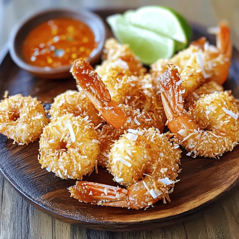 For this crispy coconut shrimp, you will need: - 1 lb large shrimp, peeled and deveined - 1 cup all-purpose flour - 1 teaspoon garlic powder - 1 teaspoon smoked paprika - 1/2 teaspoon sea salt - 2 large eggs - 1 cup shredded coconut (sweetened or unsweetened, based on preference) - 1 cup panko breadcrumbs - Oil for frying (vegetable or coconut oil work best) You can switch up some ingredients if you want to try different flavors. For the shrimp, choose fresh or frozen shrimp based on what you can find. The coconut can be sweetened or unsweetened, depending on your taste. If you like spice, add cayenne pepper to the flour mix for a kick. If you need to make changes, here are some easy swaps: - For gluten-free, use almond flour instead of all-purpose flour. - Instead of eggs, try a flaxseed mixture (1 tablespoon flaxseed meal mixed with 3 tablespoons water) to bind. - If you don't have panko, regular breadcrumbs will work, but they may not be as crunchy. This recipe is flexible, so feel free to adjust as needed! For the full recipe, be sure to check the detailed instructions. Start by rinsing the shrimp under cold water. This step helps remove any dirt or debris. After rinsing, drain the shrimp and lay them on paper towels. Pat them dry carefully. This is important! If the shrimp are wet, they won’t crisp up well when cooked. Next, prepare your coating. In a shallow bowl, mix the flour, garlic powder, smoked paprika, and sea salt. Whisk it well to blend the spices. In another bowl, crack the eggs and beat them until smooth. This egg wash helps the coating stick. In a third bowl, combine the shredded coconut and panko breadcrumbs. This mix gives your shrimp that crunchy texture. Now it’s time to coat the shrimp. Dip each shrimp first in the flour mixture. Shake off any extra flour. Then, dip it in the egg wash. Let the excess drip off. Finally, roll the shrimp in the coconut-panko mix. Press gently to help the coating stick well. For frying, heat enough oil in a skillet to cover about half an inch deep. Heat it on medium-high until it shimmers. You can test it with a small piece of bread; if it sizzles, it’s ready! Fry the shrimp in batches to avoid crowding. Cook for about 2-3 minutes on each side until golden brown. If you prefer baking, preheat your oven to 400°F (200°C). Place the coated shrimp on a baking sheet lined with parchment paper. Spray them lightly with cooking spray. Bake for about 15-20 minutes, turning halfway through. For an air-fryer option, preheat the air fryer to 375°F (190°C). Place the shrimp in a single layer, making sure they don’t touch. Cook for about 8-10 minutes, flipping halfway through. Whichever method you choose, enjoy your crispy coconut shrimp hot, paired with your favorite dipping sauce! For the full recipe, check out the complete guide above. To get that perfect crunch, start with dry shrimp. Moisture makes them soggy. After rinsing, use paper towels to pat them completely dry. Also, use panko breadcrumbs for extra crunch. They create a light, flaky texture. Fry them in hot oil, about 350°F. This helps seal in moisture while ensuring a crispy outside. For a flavor boost, you can marinate the shrimp. A mix of lime juice, garlic, and a pinch of salt works great. Let them soak for 30 minutes to absorb those tasty flavors. You can also try adding spices to the flour mix. Cayenne or curry powder adds a nice kick. Feel free to customize based on your taste. When frying, avoid overcrowding the pan. This can lower the oil temperature and lead to soggy shrimp. Fry in batches, giving each piece enough space. Use a slotted spoon to turn the shrimp gently. This ensures even cooking and prevents breakage. After frying, place shrimp on paper towels to absorb oil. This keeps them crispy. For more details, check the Full Recipe. {{image_4}} Baking coconut shrimp is a healthy option. You still get that great crunch. Preheat your oven to 425°F (220°C). Line a baking sheet with parchment paper. Coat the shrimp just like in the full recipe. Place each shrimp on the sheet, leaving space between them. Spray or brush the shrimp lightly with oil. Bake for 12-15 minutes. Flip halfway through to ensure even cooking. You'll love how crispy they turn out! Air-frying is another great way to cook coconut shrimp. It gives you a nice crunch without much oil. Follow the same coating steps from the full recipe. Preheat your air fryer to 400°F (200°C). Arrange the shrimp in a single layer in the basket. Spray them lightly with oil to help with browning. Cook for about 8-10 minutes, shaking halfway. Check for golden color and enjoy your crispy treat! For a spicy twist, add heat to your coconut shrimp. Mix cayenne pepper or chili powder into the flour mixture. You can also add chopped jalapeños to the egg wash for more flavor. Follow the full recipe, but keep an eye on your spice level. This version pairs well with a cool dipping sauce like yogurt or sour cream. Spice lovers will want to try this version! Store leftover crispy coconut shrimp in an airtight container. Make sure the shrimp cool down to room temperature before sealing. If you stack them, place parchment paper between layers to keep them crispy. Keep them in the fridge for up to three days. To reheat, use the oven for the best results. Preheat your oven to 375°F (190°C). Spread the shrimp on a baking sheet. Bake for about 10 minutes or until they are hot and crispy. You can also use an air fryer. Set it to 350°F (175°C) and heat for around 5-7 minutes. Avoid the microwave, as it makes the shrimp soggy. If you want to save some for later, freezing works great. Place the shrimp in a single layer on a baking sheet lined with parchment paper. Freeze them for about an hour or until solid. Then, transfer the shrimp to a freezer-safe bag. Squeeze out as much air as possible. They can last for up to three months in the freezer. When ready to eat, thaw them in the fridge overnight before reheating. Enjoy the crispy coconut shrimp just like the first time! Yes, you can use frozen shrimp. Just make sure to thaw them first. Place the shrimp in the fridge overnight or run them under cold water. Pat them dry well before you start coating them. This helps keep your shrimp crispy. I love pairing crispy coconut shrimp with sweet chili sauce. The sweet and spicy notes work well together. Another great choice is a zesty lime aioli. It adds a fresh taste that balances the rich shrimp. To make this recipe gluten-free, swap out the all-purpose flour with gluten-free flour. You can also use gluten-free panko breadcrumbs. This way, you can enjoy the same crunchy texture without gluten. Crispy coconut shrimp goes well with a few sides. Try serving it with a light salad or coleslaw. You can also add a side of jasmine rice or coconut rice for a tropical feel. For a fresh touch, include some grilled veggies. This blog post covered making crispy coconut shrimp from start to finish. We discussed key ingredients and substitutions to fit your taste. I shared step-by-step cooking methods, so you can choose how to prepare it. We also explored tips for the perfect crunch and flavorful marinades. Variations let you play with different flavor profiles, while our storage info ensures your leftovers stay fresh. Now you can impress with your crispy coconut shrimp skills! Enjoy every bite and feel free to experiment.