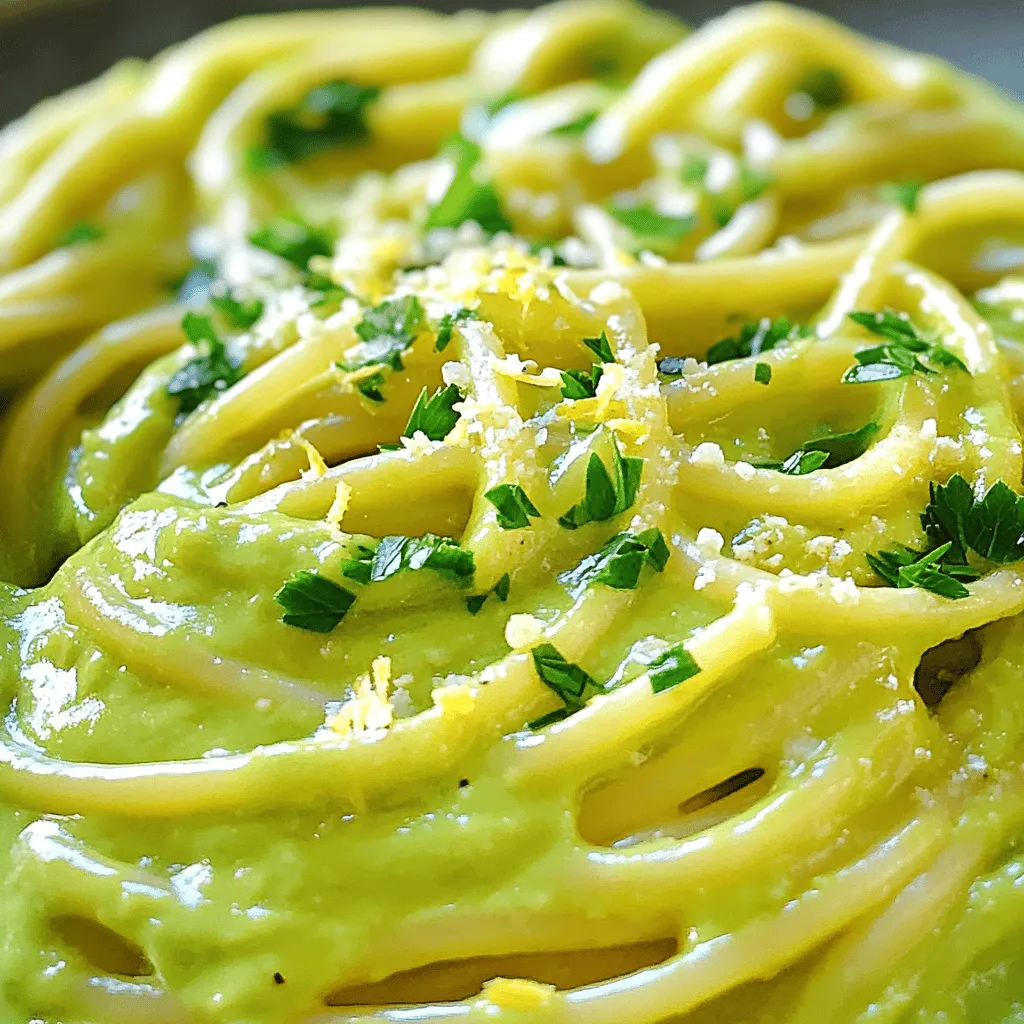 - 12 oz spaghetti - 1 ripe avocado - 1/2 cup freshly grated Parmesan cheese - 2 large eggs - 2 tablespoons extra-virgin olive oil - 3 cloves garlic, finely minced - Salt and freshly ground black pepper to taste - Fresh parsley, finely chopped for garnish - Zest of 1 lemon The main star of this dish is the spaghetti. It forms the base and holds the sauce well. The ripe avocado gives a creamy texture without any dairy. It also adds rich flavor. Freshly grated Parmesan cheese enhances the taste and adds a salty kick. The eggs help bind everything together, creating a smooth sauce. Extra-virgin olive oil adds richness and depth. Garlic brings a warm aroma, while lemon zest brightens the dish. Fresh parsley adds a pop of color and freshness on top. When choosing your avocado, look for one that is slightly soft when you press it gently. This means it is ripe and ready to use. For the spaghetti, choose a good quality brand that holds up well during cooking. Fresh Parmesan cheese is best; grate it yourself for optimal flavor. When buying garlic, select firm bulbs without any soft spots. Fresh parsley should be vibrant green and not wilted. Finally, choose a fresh lemon with a smooth skin for the best zest. These tips will help you create a delicious dish. For the full recipe, check the link above! First, you need a large pot. Fill it with water and add salt. Bring the water to a boil. Once boiling, add 12 ounces of spaghetti. Cook it until it is al dente, which takes about 8 to 10 minutes. This means the pasta should still be firm when you bite it. Before you drain the spaghetti, save about 1 cup of the starchy water. This water helps thicken the sauce later. After saving the water, drain the spaghetti and set it aside. Next, grab your blender or food processor. Add one ripe avocado, half a cup of grated Parmesan cheese, and two large eggs. Pour in two tablespoons of olive oil and add three minced garlic cloves. Don’t forget to include the zest of one lemon, and season with salt and pepper. Blend everything until it is smooth and creamy. This creamy sauce will coat the pasta perfectly. Now, take a large skillet and place it over medium heat. Add the cooked spaghetti to the skillet. Pour the creamy avocado sauce over the spaghetti. Toss the pasta gently to coat it well. If the sauce seems too thick, add the reserved pasta water slowly. Stir and mix until you reach the creaminess you like. Keep cooking for about one more minute to heat everything through. Always stir to keep the dish well mixed. After heating, taste it and add more salt or pepper if needed. Serve your spaghetti carbonara hot, garnished with parsley and extra Parmesan if you like. Enjoy your meal! You can find the full recipe above for more details. To make your spaghetti carbonara creamy, use ripe avocado. Blend it well with the eggs and cheese. This mix gives you a smooth sauce. Add reserved pasta water slowly. This helps reach the creaminess you want. If it's too thick, add more water. If it's too thin, cook it a bit longer. Stir often to keep it creamy. One mistake is cooking the pasta too long. Al dente pasta holds the sauce better. Another mistake is not saving pasta water. This water is key for texture. Also, avoid adding the sauce to hot pasta directly. Let the pasta cool for a minute. This prevents the eggs from scrambling. Lastly, don't skip seasoning. Salt and pepper enhance the dish's flavor. To boost flavor, use fresh ingredients. Fresh parsley gives a nice touch. You can also add lemon zest for brightness. If you like spice, try adding red pepper flakes. For a smoky taste, use pancetta or bacon. You can also experiment with different cheeses. Pecorino Romano adds a sharp flavor. Don’t hesitate to try new things. This will make your carbonara unique. For the full recipe, check out the Creamy Avocado Carbonara. {{image_4}} Classic carbonara uses simple ingredients. It has spaghetti, eggs, cheese, and pancetta. The creaminess comes from eggs and cheese. This dish is rich and satisfying. Modern takes add twists to this classic. You can use different noodles or vegetables. Some use cream for extra richness, but purists often avoid it. Avocado is a popular substitute. It gives a creamy texture without dairy. If you want to switch things up, there are many options. You can use bacon instead of pancetta. It gives a smoky flavor. If you don’t eat meat, try mushrooms. They add umami taste and a nice texture. For cheese, Parmesan is great, but Pecorino Romano works too. It has a stronger taste. If you are dairy-free, nutritional yeast can replace cheese. It gives a cheesy flavor without the dairy! When it comes to serving, make it fun. Top your carbonara with fresh herbs like parsley or basil. A squeeze of lemon brightens the dish. You can also sprinkle extra cheese on top for more flavor. Serve it with a simple salad for a balanced meal. Garlic bread pairs nicely too. If you like heat, add red pepper flakes on top. The options are endless! For a full recipe, check out the creamy avocado carbonara. To keep leftover spaghetti carbonara fresh, place it in an airtight container. Make sure to cool it to room temperature first. Store it in the fridge for up to three days. This way, you can enjoy it again soon. Avoid leaving it out for long to prevent spoilage. When you are ready to eat your leftover spaghetti carbonara, reheat it gently. You can use a microwave or a skillet. If using a microwave, place the pasta in a bowl. Add a splash of water or broth to help it steam. Heat in short bursts, stirring in between. If using a skillet, add a little olive oil and warm it over low heat. Stir constantly to keep it creamy. You can freeze spaghetti carbonara, but it may change in texture. To freeze, place the cooled pasta in a freezer-safe container. Leave some space for expansion. It can last for up to two months in the freezer. When ready to eat, thaw it overnight in the fridge. Reheat gently, adding a bit of water or broth as needed to regain creaminess. Enjoy your delicious meal again with ease! For the full recipe, check out the Creamy Avocado Carbonara. You can use bacon as a great substitute for pancetta. Both have a rich flavor. If you want a lighter option, use turkey bacon. For a smokier taste, try smoked bacon. You can also use diced mushrooms for a plant-based option. They add umami and depth to your dish. Yes, you can easily make Spaghetti Carbonara vegetarian. Instead of meat, use vegetables like zucchini or mushrooms. You can also add peas for sweetness. Another option is to add smoked paprika for a rich flavor. The creamy sauce will still shine through. Carbonara sauce can curdle if the heat is too high. Always cook on low to medium heat. Another reason is if you add eggs to hot pasta too quickly. Mix the eggs with the cheese off the heat first. This helps keep the sauce smooth. For a creamy avocado carbonara, check out the Full Recipe for a delicious twist. This article covered how to make Spaghetti Carbonara. We explored the key ingredients, tips for selecting fresh ones, and step-by-step instructions. You learned how to blend the sauce and avoid common mistakes. We also discussed variations and how to store leftovers. Remember, practice makes perfect. With these tips, you can create a delicious dish. Enjoy your cooking!