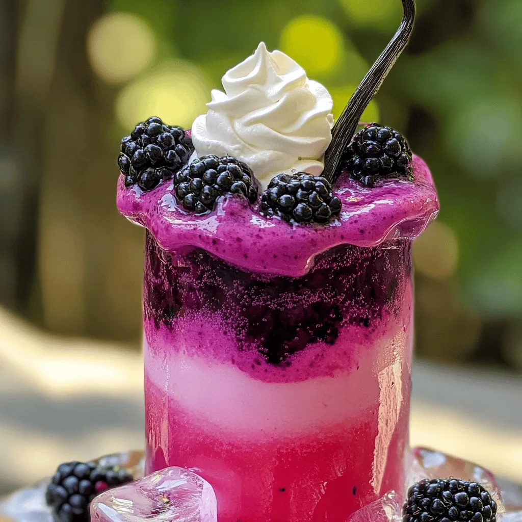 For a great blackberry vanilla cream soda, you need fresh items that burst with flavor. Here are the key ingredients: - 1 cup fresh blackberries, plus extra for garnish - 1 tablespoon freshly squeezed lemon juice - 1 teaspoon pure vanilla extract These fresh blackberries give your drink a rich taste. The lemon juice adds a nice zing. The vanilla extract enhances the sweet flavor and makes it creamy. You will also need a few staples from your kitchen: - 2 tablespoons granulated sugar (adjust to taste) - 1 cup sparkling water or carbonated soda water - Ice cubes The sugar balances the tartness of the blackberries. The sparkling water gives your drink that delightful fizz. Ice cubes keep it cool and refreshing. To make your drink even more special, consider these garnishes: - Whipped cream, for a luscious topping - Additional blackberries for a pop of color - A slice of vanilla bean for a fancy look These garnishes not only taste good but also make your drink look stunning. A splash of whipped cream on top adds a creamy finish. Adding a slice of vanilla bean or extra blackberries will impress anyone who sees it. If you want to try making this drink, check out the Full Recipe for all the steps. To start, grab your fresh blackberries, sugar, and lemon juice. Place them in a medium bowl. Use a fork or potato masher to mash the blackberries. You want a chunky mix. This adds texture to your drink. If you like it smooth, blend the mix until silky. This step is key to a tasty base. Next, take two tall glasses and fill them with ice cubes. Spoon 2-3 tablespoons of the blackberry puree into each glass. Make sure to pour it right over the ice. This helps keep your drink cold. Then, drizzle in the pure vanilla extract. Give it a gentle stir. This mixes the flavors well without losing the fizz. Now it's time for the sparkling water. Carefully pour it into each glass. Watch as the bubbles rise and fill the glass. Stir slowly to combine everything, keeping the carbonation intact. Finally, top each drink with a swirl of whipped cream. This adds a creamy touch. For a pretty look, garnish with extra blackberries and a slice of vanilla bean. Serve it right away to enjoy the refreshing fizz. This is how you make a delightful blackberry vanilla cream soda! For the full recipe, check out the complete list of steps above. You can change the sweetness of your drink easily. Start with the 2 tablespoons of sugar in the recipe. Taste the blackberry puree. If it is too tart, add more sugar, one teaspoon at a time. Mix well and taste again. You want the balance of sweet and tart to suit your taste. Serving your Blackberry Vanilla Cream Soda cold is key. Start by chilling your glasses in the fridge. While you prepare, add ice cubes right before pouring the drink. This keeps your soda crisp and refreshing. If you want it extra cold, use frozen blackberries instead of ice. They will chill your drink without watering it down. Feel free to play with flavors! You can add fresh mint leaves for a refreshing twist. A splash of lime juice adds a zesty kick. If you like spice, try a hint of ginger. Each addition can boost the taste of your soda. You can also use different fruits, like strawberries or raspberries, to create your own unique blend. {{image_4}} You can change the flavor by using other fruits. Try strawberries, raspberries, or peaches. Each fruit brings its own taste. For example, strawberries add a sweet and bright flavor. Raspberries give a tart kick, while peaches offer a soft and juicy touch. Just replace blackberries with your chosen fruit in the recipe. The steps stay the same, so you can enjoy new flavors easily. If you want a healthier drink, swap out granulated sugar. Try honey, agave syrup, or stevia. Honey adds a floral taste, while agave syrup is smooth and mild. Stevia is a natural sweetener that has no calories. Adjust the amount based on your taste. Remember, different sweeteners may change how the drink tastes, so have fun experimenting! For an adult twist, make an alcoholic version. Choose your favorite spirit, like vodka or rum. Add one to two ounces of the spirit to your glass before mixing in the blackberry puree. This creates a refreshing cocktail. Make sure to serve it over ice for a chilled experience. With this twist, you can enjoy a fun drink at your next gathering. For the complete recipe, check out the [Full Recipe]. To store leftover blackberry puree, place it in an airtight container. Make sure the container is clean and dry. This helps keep the flavors fresh. You can refrigerate this puree for up to three days. If you want to keep it longer, freeze it in ice cube trays. Once frozen, transfer the cubes to a freezer bag. This way, you can use small portions for future drinks or recipes. Homemade cream soda is best enjoyed fresh. However, if you have leftovers, store it in a sealed jar in the fridge. Use it within one day for the best taste. The carbonation will fade over time, so don’t keep it too long. If you want to make it again later, mix the blackberry puree and vanilla, then add sparkling water just before serving. This keeps the fizz alive and refreshing. Most ingredients in the recipe have good shelf lives. Fresh blackberries last about three to five days in the fridge. Sugar and vanilla extract can last for months when stored correctly. Lemon juice, fresh or bottled, can last about a week in the fridge. Always check for signs of spoilage before using any ingredients. Using fresh ingredients gives the best flavor in your Blackberry Vanilla Cream Soda. Yes, you can use frozen blackberries. They work well in this recipe. Just let them thaw first. This helps them mash easier. You may need to add a bit more sugar. Taste the mixture to get the right sweetness. If you don't have sparkling water, use club soda or tonic water. These options add fizz and flavor. You can also try lemon-lime soda for a sweeter taste. Just keep in mind this will change the flavor. To make this drink vegan, skip the whipped cream. You can use coconut cream instead. It gives a rich taste without dairy. This switch makes it creamy and keeps it vegan-friendly. You can find pre-made blackberry vanilla cream soda at specialty stores. Look for brands that focus on unique flavors. Some grocery stores may also carry it. Check the soda aisle for options. If you want a homemade taste, try the Full Recipe for a fresh version. In this post, I shared how to make a delicious Blackberry Vanilla Cream Soda. We covered fresh ingredients, pantry staples, and optional garnishes to elevate your drink. I provided a step-by-step guide and tips to adjust sweetness. You learned how to create variations and store your ingredients properly. Enjoy making this refreshing drink. It’s easy, tasty, and perfect for any occasion. The fun is in the details, so don’t hesitate to experiment!