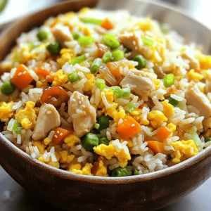- 2 cups cooked jasmine rice - 1 cup diced chicken breast - 1 cup mixed frozen vegetables - 2 large eggs - 3 tablespoons soy sauce - 2 tablespoons sesame oil - 1 tablespoon vegetable oil - 2 green onions - 2 cloves garlic - Salt and pepper to taste To make the best easy chicken fried rice, start with these key ingredients. First, you need jasmine rice. I suggest using cooked rice that’s been chilled in the fridge overnight. This helps it fry better. Next, get some diced chicken breast. It cooks quickly and adds protein. For veggies, mixed frozen vegetables work great. They add color and nutrition. You’ll also need a couple of large eggs. They give the dish a nice texture and flavor. Don't forget soy sauce for that savory taste. When it comes to oil, sesame oil adds a nutty flavor, while vegetable oil helps with cooking. Finally, for seasoning, grab green onions and garlic. They will bring a fresh taste. You can add salt and pepper to suit your liking. This list has all you need to create a delicious meal. You can find the complete recipe in the Full Recipe section. Happy cooking! - Heat 1 tablespoon of vegetable oil in the skillet. - Add 1 cup of diced chicken breast to the hot pan. Cook for about 5-7 minutes. Stir the chicken until it turns golden brown. - Once cooked, remove the chicken from the skillet and set it aside on a plate. - In the same skillet, add 2 cloves of minced garlic. Sauté the garlic for about 30 seconds. You want it to smell good but not burnt. - Push the garlic to one side. Pour 2 large beaten eggs into the empty space. Scramble the eggs for 1-2 minutes. - Mix the scrambled eggs well with the garlic. - Add 1 cup of mixed frozen vegetables to the skillet. Stir-fry them for about 2-3 minutes. You want them warm and tender. - Return the cooked chicken to the skillet. Mix everything well. - Add 2 cups of cooked jasmine rice to the skillet. Pour in 3 tablespoons of soy sauce and 2 tablespoons of sesame oil. - Toss everything together to mix well. Make sure the rice is coated in sauce. - Taste and adjust seasoning with salt and pepper as needed. For the full recipe, check the Full Recipe section. Using day-old rice is key. Fresh rice holds too much moisture. This makes it sticky and clumpy. Day-old rice dries out a bit. It gives you separate grains that fry well. High heat is also important. A hot skillet or wok helps create a nice texture. It gives the rice a slight crunch. You can add more flavor with extra seasonings. Try a dash of garlic powder or a splash of chili sauce. Fresh herbs also boost taste. Chopped cilantro or basil makes it bright. You can even add a squeeze of lime for freshness. Choose a good skillet or wok. A wide surface area helps the rice cook evenly. I prefer a non-stick pan for easy cooking. It makes stirring and flipping simple. A spatula is a must. It helps you toss the rice without breaking it apart. This way, all the flavors mix well. For the full recipe, check out the complete instructions above. {{image_4}} You can swap chicken for shrimp or tofu. Shrimp cooks fast and adds a nice flavor. Tofu works well for a vegetarian meal. Just use firm tofu for the best texture. Season it well to enhance its taste. Feel free to mix different veggies. You can use bell peppers, broccoli, or snap peas. Seasonal vegetables add freshness and color. Always choose local produce when possible. It makes your meal taste better and supports local farmers. For a healthier option, try low-sodium soy sauce. This keeps the flavor but cuts back on salt. If you like heat, add chili sauce to spice things up. A little goes a long way, so start small and taste as you go. To store leftovers, place the chicken fried rice in an airtight container. Make sure it cools to room temp first. Store it in the refrigerator for up to four days. For long-term storage, freeze the rice. Use freezer bags or containers to keep air out. It can last up to three months in the freezer. When you’re ready to eat, reheat the fried rice on the stove. Use medium heat and a splash of water to steam it. This keeps the rice moist. You can also use the microwave. Place it in a bowl and cover it with a damp paper towel. Heat in short bursts, stirring in between, until hot. In the fridge, chicken fried rice stays good for four days. If you freeze it, it can last three months. Watch for signs of spoilage like an off smell or mold. If you see these, throw it away. Always trust your senses when deciding if food is safe to eat. It takes about 20 minutes from start to finish. You spend 10 minutes prepping. The cooking time is around 10 minutes. You can have a tasty meal ready fast! No, you should not use uncooked rice. Cook the rice first, then cool it. Using day-old rice gives better texture. If you don’t have leftover rice, cook it and let it cool. Spread it on a tray for quick cooling. I love using mixed frozen vegetables. Peas, carrots, and corn are great choices. You can also add bell peppers or broccoli. Fresh veggies work too. Just chop them small for even cooking. Yes, you can pre-make chicken fried rice. Store it in the fridge for up to three days. To reheat, use a pan or microwave. Add a splash of water to keep it moist. Chicken fried rice can be healthy. You control the ingredients. Use lean chicken and lots of veggies. Adjust the soy sauce to lower sodium. It can be a balanced meal with protein and carbs. For more details, check the Full Recipe. This article covered how to make easy chicken fried rice. You learned about healthy ingredients, step-by-step cooking methods, and helpful tips. Remember to use day-old rice for the best texture. Explore variations like tofu or shrimp to keep things fresh. Store your leftovers properly to enjoy later. With these simple steps, you can whip up a tasty meal that's quick and satisfying. Enjoy your cooking adventure!