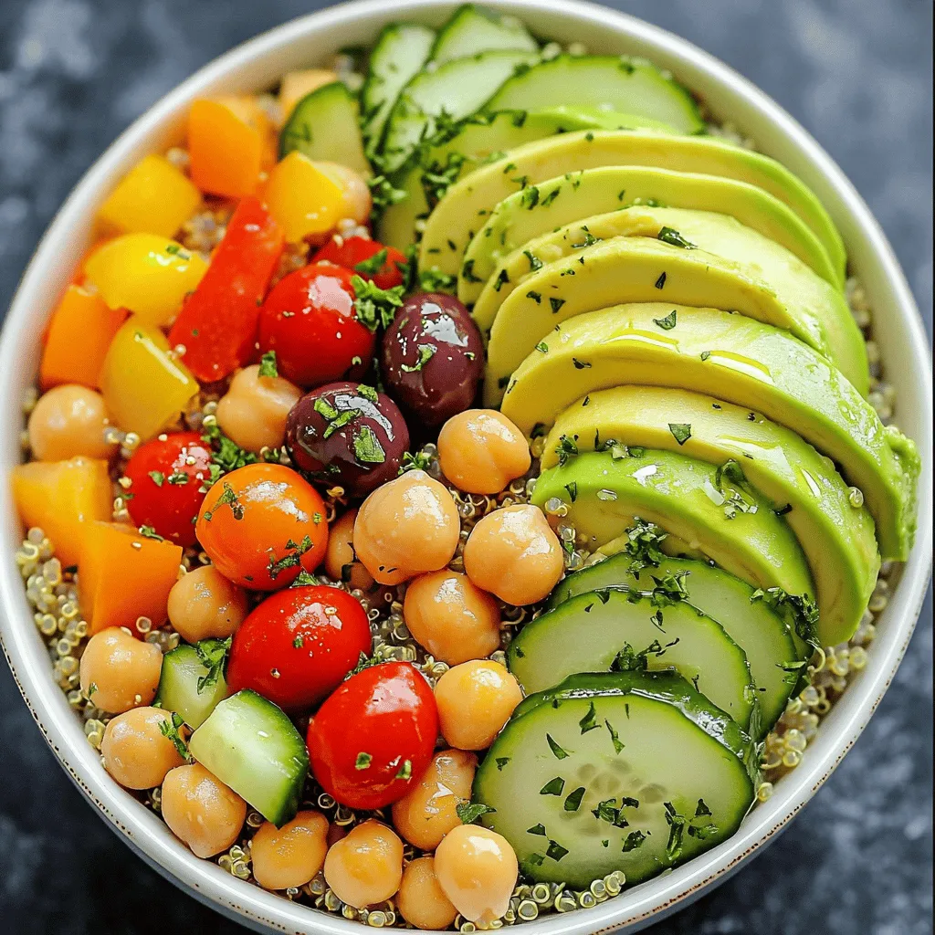 For a tasty Mediterranean quinoa bowl, you need simple and fresh ingredients. Here’s what you’ll need: - 1 cup quinoa, thoroughly rinsed - 2 cups vegetable broth - 1 cup cherry tomatoes, halved - 1 cucumber, diced into bite-sized pieces - 1 red or yellow bell pepper, diced - 1 cup canned chickpeas, drained and rinsed - 1/2 cup kalamata olives, pitted and halved - 1/2 red onion, finely chopped - 1 ripe avocado, sliced - 1/4 cup fresh parsley, chopped - 2 tablespoons extra-virgin olive oil - 2 tablespoons freshly squeezed lemon juice - 1 teaspoon dried oregano - Salt and pepper to taste Each ingredient adds a special taste and helps the bowl shine. You can customize your bowl based on what you like. Here are some fun options: - Feta cheese for a salty kick - Spinach or kale for added greens - Grilled chicken or shrimp for protein - Roasted red peppers for sweetness - Artichoke hearts for a unique twist Mix and match to make it your own! Each ingredient in your quinoa bowl packs a punch of nutrition. Here’s what you get: - Quinoa is a complete protein and high in fiber. - Chickpeas boost protein and iron levels. - Vegetables like tomatoes and cucumbers are rich in vitamins and antioxidants. - Olives are great for heart health due to healthy fats. - Avocado offers healthy fats and keeps you full longer. This bowl is not just tasty; it’s good for you! For the full recipe, check out the details above. Start by rinsing 1 cup of quinoa under cold water. This helps remove the bitter coating. In a medium saucepan, combine the rinsed quinoa and 2 cups of vegetable broth. Bring it to a rolling boil over medium-high heat. Once boiling, reduce the heat to low and cover the pot. Let it simmer for about 15 minutes. The quinoa will be fluffy when done, and all the liquid should be absorbed. After cooking, remove the pot from heat. Let it sit covered for 5 minutes. This resting time helps the quinoa get even fluffier. While the quinoa cooks, you can prepare the dressing. In a small bowl, whisk together 2 tablespoons of extra-virgin olive oil and 2 tablespoons of freshly squeezed lemon juice. Add in 1 teaspoon of dried oregano, and a pinch of salt and pepper. Taste it and adjust the seasoning as needed. This dressing brings a bright flavor to the dish, so don’t skip it! In a large mixing bowl, combine the following ingredients: - 1 cup cherry tomatoes, halved - 1 cucumber, diced - 1 red or yellow bell pepper, diced - 1 cup canned chickpeas, drained and rinsed - 1/2 cup kalamata olives, pitted and halved - 1/2 red onion, finely chopped - 1/4 cup fresh parsley, chopped Gently mix these ingredients to ensure even distribution. Once the quinoa is ready, fluff it with a fork. Add it to the bowl of mixed vegetables. Pour the prepared dressing over the quinoa and veggies. Use a large spoon to toss everything together. This step is key to blending all the flavors. Now, you can serve the bowl! Portion the mixture into individual bowls. Don’t forget to top each bowl with slices of ripe avocado. This adds a creamy touch and makes it even more delicious. To cook perfect quinoa, rinse it well first. This removes a bitter coating called saponin. Then, use a ratio of 1 cup quinoa to 2 cups vegetable broth. Bring the broth to a boil, then lower the heat. Cover the pot and let it simmer for 15 minutes. After cooking, let it sit off the heat for 5 minutes. Fluff it with a fork afterward. This method yields fluffy and tasty quinoa. Herbs and spices make a big difference in flavor. Fresh parsley adds brightness to the bowl. Dried oregano brings a hint of warmth. You can also try basil or dill for a twist. A pinch of salt and pepper helps balance all the flavors. For a zesty kick, add some red pepper flakes. Taste as you go, and adjust to your liking. Presentation matters when serving your Mediterranean quinoa bowl. Use colorful bowls to make the dish pop. Layer the quinoa and veggies for a beautiful look. Top each bowl with a few slices of ripe avocado. This adds creaminess and a nice contrast. For extra flair, serve lemon wedges on the side. Guests can squeeze fresh juice on their bowls. This simple touch makes everything more inviting. You can find the full recipe [here](#). {{image_4}} You can boost your Mediterranean quinoa bowl with protein. Here are some choices: - Grilled chicken: This adds a nice smoky taste. - Shrimp: Toss them in spices and grill for a fresh twist. - Feta cheese: Crumble it on top for creamy goodness. - Tofu: Marinate and pan-fry for a tasty vegan option. - Hard-boiled eggs: Slice them for an extra protein kick. Adding protein makes the meal filling and satisfying. Experiment to find your favorite mix! The base recipe is vegetarian since it uses cheese and eggs. To make it vegan, just skip those. Here are simple swaps: - Use avocado instead of cheese for creaminess. - Replace honey with maple syrup in dressings. - Ensure all sauces are dairy-free. Both vegetarian and vegan bowls taste great. You can enjoy each option without losing flavor! You can change the veggies based on the season. This keeps your bowl fresh and exciting. Here are ideas: - Spring: Add asparagus or peas for a bright touch. - Summer: Use zucchini or corn for sweetness. - Fall: Incorporate roasted butternut squash for warmth. - Winter: Try kale or Brussels sprouts for a hearty feel. Swapping seasonal veggies keeps your Mediterranean quinoa bowl vibrant and tasty all year long. Enjoy creating your own twist! To keep your Mediterranean quinoa bowl fresh, store leftovers in an airtight container. Make sure to cool the bowl to room temperature before sealing it. This helps prevent moisture buildup. Place it in the fridge and use it within three to four days. If you notice any off smells or changes in texture, it’s best to discard it. When you’re ready to enjoy your leftovers, you can reheat them quickly. Place the quinoa bowl in a microwave-safe dish. Add a splash of water to keep it moist. Cover with a lid or microwave-safe wrap. Heat in 30-second intervals, stirring in between. This method helps heat evenly. If you prefer, you can reheat it on the stove. Just add a bit of olive oil or broth to a pan and warm it gently over low heat. For long-term storage, you can freeze the quinoa bowl. Use a freezer-safe container and portion it out for easy meals. Remember to leave some space at the top, as the quinoa will expand. When you want to eat it, move it to the fridge to thaw overnight. You can also use the microwave to defrost it. After thawing, reheat as mentioned above. Avoid refreezing leftovers once they have been thawed. A Mediterranean quinoa bowl is a meal full of fresh, healthy ingredients. It includes quinoa, vegetables, and beans. This dish is colorful and packed with flavor. You can enjoy it as a main dish or a side. It is perfect for lunch or dinner. Some key ingredients are cherry tomatoes, cucumbers, and chickpeas. This dish also uses olive oil and lemon juice for a tasty dressing. You can find the full recipe above. Yes, you can easily make this recipe meal prep-friendly. Cook a big batch of quinoa and store it in the fridge. Portion the quinoa and veggies into containers. Keep the dressing separate until you are ready to eat. This way, your meal stays fresh and tasty. You can enjoy it all week long. Just grab a container and go! Cooked quinoa can last about five days in the fridge. Store it in an airtight container to keep it fresh. If you notice any off smells or changes in texture, it is best to toss it. For longer storage, you can freeze cooked quinoa. It will stay good for up to three months in the freezer. A Mediterranean quinoa bowl is simple and tasty. We covered key ingredients, step-by-step cooking, and ways to customize it. Adding protein or seasonal vegetables gives you choices. Proper storage keeps your leftovers fresh. This dish is great for meal prep and packed with nutrition. Now, you can enjoy this healthy meal any time. Get cooking and make it your own!