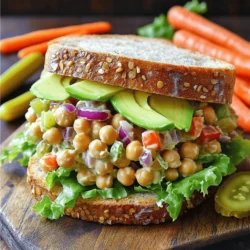 - 1 can (15 oz) chickpeas, well-drained and rinsed - 1/4 cup vegan mayonnaise - 1 tablespoon Dijon mustard - 1 tablespoon fresh lemon juice - 1/4 cup red onion, finely diced - 1/4 cup celery, finely chopped - 1/4 cup red bell pepper, diced - 1 tablespoon fresh dill, finely chopped (or 1 teaspoon dried dill) - Salt and pepper to taste - 4 slices of whole grain bread - Crisp lettuce leaves for serving - Optional toppings: Sliced avocado or ripe tomato When I make this Vegan Chickpea Salad Sandwich, I aim for fresh and tasty ingredients. The canned chickpeas are my base. I rinse them well to get rid of any canning liquid. Rinsing makes them taste better. Next, I add vegan mayonnaise, Dijon mustard, and a splash of fresh lemon juice. This mix gives the salad a creamy and tangy flavor. It is quick and easy to do! For crunch, I chop red onion, celery, and red bell pepper. These add color and texture. Fresh dill brings a nice herbal note. I season with salt and pepper to make all the flavors pop. I love using whole grain bread for this sandwich. It adds a hearty touch. Crisp lettuce leaves add a nice crunch when I serve it. For extra flair, I often add sliced avocado or ripe tomato on top. These toppings enhance the taste. You can find the full recipe in the article. This sandwich is not just a meal; it is a colorful treat! - Mash the rinsed chickpeas until chunky. - Mix with vegan mayonnaise, Dijon mustard, and lemon juice. Start by placing your rinsed chickpeas in a bowl. Use a fork or a potato masher to break them down. Aim for a chunky texture. You want some pieces to stay whole for a nice bite. Next, add vegan mayonnaise, Dijon mustard, and lemon juice. This mix gives the salad a creamy and zesty taste. Stir until everything combines well and forms a smooth mixture. - Fold in diced vegetables and fresh dill. - Season with salt and pepper, mix well. Now, it's time to add the veggies. Fold in the finely diced red onion, chopped celery, and red bell pepper. These add crunch and freshness. Don’t forget the fresh dill! It brings a bright flavor that lifts the whole dish. Season with salt and pepper to your liking. Mix everything until all ingredients are coated in the creamy dressing. - Toast the whole grain bread. - Layer chickpea salad on bread, add optional toppings. - Complete with lettuce and top with remaining bread. Toast your whole grain bread to your desired crispness. This step adds texture and warmth. Take two slices of the bread and pile on a generous helping of the chickpea salad. If you want, add avocado or tomato slices for extra flavor. Place a fresh lettuce leaf on top. Finally, cover with the other slice of toasted bread. Cut the sandwich in half for a nice look. Enjoy this tasty and nutritious treat! For the full recipe, check out Chickpea Delight Salad Sandwich. To get the right texture, start with your chickpeas. Mash them until they are creamy but still chunky. This gives a nice bite to your salad. You can adjust the amount of vegan mayonnaise. If you like it creamier, add more mayo. For a less creamy texture, use less. Fresh herbs can make your chickpea salad pop. I love using dill or parsley. These herbs bring a bright taste that makes each bite exciting. You can also try different spices. A hint of cumin or smoked paprika can add a new layer of flavor. Serve your sandwich with fun side items. Pickles and carrot sticks add crunch and color. To make your meal look even better, use colorful plates. Bright plates make the food stand out and look more appetizing. You can arrange your sandwich with sides for a beautiful presentation. {{image_4}} Adding variety to your vegan chickpea salad sandwich can make it even more exciting. Here are some fun ways to change it up. Want to boost your salad's health? Try these options: - Diced cucumbers for a refreshing crunch - Shredded carrots for added sweetness - Chopped nuts, like almonds or walnuts, for extra crunch - Seeds, such as sunflower or pumpkin, for a protein punch These add-ins not only enhance nutrition but also add layers of texture and flavor. Switching the bread can change the whole sandwich vibe. Here are some ideas: - Use pita pockets for a fun, stuffed sandwich - Try wraps for a lighter, portable option - Opt for gluten-free bread to make it suitable for all diets - Croissants can add a buttery twist to your meal Experimenting with different breads can make each meal feel new. You can easily tailor flavors to fit your taste. Here are some swaps: - Replace vegan mayonnaise with creamy hummus for a different texture - Use avocado for a rich, buttery flavor - Add spices like curry or smoked paprika for a kick These small changes can create a whole new flavor profile in your sandwich. For a full recipe, check out the Chickpea Delight Salad Sandwich. Store your chickpea salad in an airtight container. Keep it in the refrigerator. This salad tastes best if you eat it within 2-3 days. You can freeze the chickpea salad for later use. Just freeze it before adding bread. When you want to eat it, thaw the salad in the refrigerator overnight. To keep your salad fresh, store toppings separately. Add them just before serving. A squeeze of lemon juice can refresh the salad before you eat. It brightens the flavors and keeps it tasty! Yes, the chickpea salad can be made a day in advance for better flavor development. This allows the flavors to mix and deepen. I often prepare it the night before. It stays fresh in the fridge. Use gluten-free bread or lettuce wraps as an alternative. Both options work well. Gluten-free bread offers a similar texture. Lettuce wraps give a fresh, crisp bite. You can choose based on your taste. You can use silken tofu, mashed avocado, or hummus as a mayo substitute. Each option adds creaminess. Silken tofu is smooth and mild. Mashed avocado offers a rich taste. Hummus gives a nice, earthy flavor. Feel free to mix and match! In this blog post, we explored how to make a tasty vegan chickpea salad sandwich. We covered the main ingredients, preparation steps, and serving ideas. I shared tips for perfecting the texture and enhancing flavor. You can even customize it with add-ins or different breads. Remember to store it properly to keep it fresh. This sandwich is easy to make and can be enjoyed in many ways. I hope you try it and enjoy the deliciousness of plant-based eating!