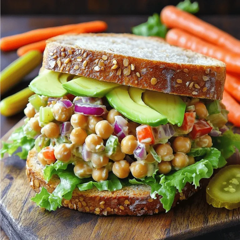 - 1 can (15 oz) chickpeas, well-drained and rinsed - 1/4 cup vegan mayonnaise - 1 tablespoon Dijon mustard - 1 tablespoon fresh lemon juice - 1/4 cup red onion, finely diced - 1/4 cup celery, finely chopped - 1/4 cup red bell pepper, diced - 1 tablespoon fresh dill, finely chopped (or 1 teaspoon dried dill) - Salt and pepper to taste - 4 slices of whole grain bread - Crisp lettuce leaves for serving - Optional toppings: Sliced avocado or ripe tomato When I make this Vegan Chickpea Salad Sandwich, I aim for fresh and tasty ingredients. The canned chickpeas are my base. I rinse them well to get rid of any canning liquid. Rinsing makes them taste better. Next, I add vegan mayonnaise, Dijon mustard, and a splash of fresh lemon juice. This mix gives the salad a creamy and tangy flavor. It is quick and easy to do! For crunch, I chop red onion, celery, and red bell pepper. These add color and texture. Fresh dill brings a nice herbal note. I season with salt and pepper to make all the flavors pop. I love using whole grain bread for this sandwich. It adds a hearty touch. Crisp lettuce leaves add a nice crunch when I serve it. For extra flair, I often add sliced avocado or ripe tomato on top. These toppings enhance the taste. You can find the full recipe in the article. This sandwich is not just a meal; it is a colorful treat! - Mash the rinsed chickpeas until chunky. - Mix with vegan mayonnaise, Dijon mustard, and lemon juice. Start by placing your rinsed chickpeas in a bowl. Use a fork or a potato masher to break them down. Aim for a chunky texture. You want some pieces to stay whole for a nice bite. Next, add vegan mayonnaise, Dijon mustard, and lemon juice. This mix gives the salad a creamy and zesty taste. Stir until everything combines well and forms a smooth mixture. - Fold in diced vegetables and fresh dill. - Season with salt and pepper, mix well. Now, it's time to add the veggies. Fold in the finely diced red onion, chopped celery, and red bell pepper. These add crunch and freshness. Don’t forget the fresh dill! It brings a bright flavor that lifts the whole dish. Season with salt and pepper to your liking. Mix everything until all ingredients are coated in the creamy dressing. - Toast the whole grain bread. - Layer chickpea salad on bread, add optional toppings. - Complete with lettuce and top with remaining bread. Toast your whole grain bread to your desired crispness. This step adds texture and warmth. Take two slices of the bread and pile on a generous helping of the chickpea salad. If you want, add avocado or tomato slices for extra flavor. Place a fresh lettuce leaf on top. Finally, cover with the other slice of toasted bread. Cut the sandwich in half for a nice look. Enjoy this tasty and nutritious treat! For the full recipe, check out Chickpea Delight Salad Sandwich. To get the right texture, start with your chickpeas. Mash them until they are creamy but still chunky. This gives a nice bite to your salad. You can adjust the amount of vegan mayonnaise. If you like it creamier, add more mayo. For a less creamy texture, use less. Fresh herbs can make your chickpea salad pop. I love using dill or parsley. These herbs bring a bright taste that makes each bite exciting. You can also try different spices. A hint of cumin or smoked paprika can add a new layer of flavor. Serve your sandwich with fun side items. Pickles and carrot sticks add crunch and color. To make your meal look even better, use colorful plates. Bright plates make the food stand out and look more appetizing. You can arrange your sandwich with sides for a beautiful presentation. {{image_4}} Adding variety to your vegan chickpea salad sandwich can make it even more exciting. Here are some fun ways to change it up. Want to boost your salad's health? Try these options: - Diced cucumbers for a refreshing crunch - Shredded carrots for added sweetness - Chopped nuts, like almonds or walnuts, for extra crunch - Seeds, such as sunflower or pumpkin, for a protein punch These add-ins not only enhance nutrition but also add layers of texture and flavor. Switching the bread can change the whole sandwich vibe. Here are some ideas: - Use pita pockets for a fun, stuffed sandwich - Try wraps for a lighter, portable option - Opt for gluten-free bread to make it suitable for all diets - Croissants can add a buttery twist to your meal Experimenting with different breads can make each meal feel new. You can easily tailor flavors to fit your taste. Here are some swaps: - Replace vegan mayonnaise with creamy hummus for a different texture - Use avocado for a rich, buttery flavor - Add spices like curry or smoked paprika for a kick These small changes can create a whole new flavor profile in your sandwich. For a full recipe, check out the Chickpea Delight Salad Sandwich. Store your chickpea salad in an airtight container. Keep it in the refrigerator. This salad tastes best if you eat it within 2-3 days. You can freeze the chickpea salad for later use. Just freeze it before adding bread. When you want to eat it, thaw the salad in the refrigerator overnight. To keep your salad fresh, store toppings separately. Add them just before serving. A squeeze of lemon juice can refresh the salad before you eat. It brightens the flavors and keeps it tasty! Yes, the chickpea salad can be made a day in advance for better flavor development. This allows the flavors to mix and deepen. I often prepare it the night before. It stays fresh in the fridge. Use gluten-free bread or lettuce wraps as an alternative. Both options work well. Gluten-free bread offers a similar texture. Lettuce wraps give a fresh, crisp bite. You can choose based on your taste. You can use silken tofu, mashed avocado, or hummus as a mayo substitute. Each option adds creaminess. Silken tofu is smooth and mild. Mashed avocado offers a rich taste. Hummus gives a nice, earthy flavor. Feel free to mix and match! In this blog post, we explored how to make a tasty vegan chickpea salad sandwich. We covered the main ingredients, preparation steps, and serving ideas. I shared tips for perfecting the texture and enhancing flavor. You can even customize it with add-ins or different breads. Remember to store it properly to keep it fresh. This sandwich is easy to make and can be enjoyed in many ways. I hope you try it and enjoy the deliciousness of plant-based eating!