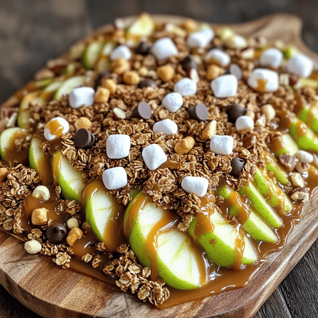 - Apples: Choose from: - Granny Smith (tart and crisp) - Honeycrisp (sweet and juicy) - Fuji (sweet and crunchy) - Essential toppings: - 1 cup granola (opt for nutty or fruity mixes) - 1/2 cup caramel sauce (store-bought or homemade) - 1/4 cup chocolate chips (semi-sweet or dark) - 1/4 cup mini marshmallows (for added sweetness) - 1/4 cup chopped nuts (peanuts, almonds, or walnuts) - Seasoning and optional items: - 1 teaspoon ground cinnamon (for warmth) - Whipped cream (optional, for a creamy touch) This blend of ingredients creates a fun and tasty treat. You can mix and match apples and toppings. Each combo makes every bite a joy. The crunch from the granola and nuts pairs well with the sweet apples and gooey caramel. Ground cinnamon adds warmth, while whipped cream makes it extra special. For the full recipe, you can refer to the [Full Recipe]. Enjoy creating your own twist on this dessert! To start, wash the apples well under running water. This step is key to removing any dirt or wax. Once clean, dry each apple with a kitchen towel. Next, use a sharp knife to slice the apples into thin wedges. Aim for even sizes to make them easy to eat. Remember to remove the core; this will give you bite-sized pieces that everyone can enjoy. Now, it's time to assemble your nachos. Lay the apple wedges out in a single layer on a serving platter or large sheet of parchment paper. This creates a beautiful base for your toppings. Next, generously drizzle caramel sauce over the apple wedges. Make sure each piece gets a nice coat of caramel to maximize that sweet flavor. Sprinkle the granola evenly over the caramel-drenched apples. This adds a crunchy texture that pairs well with the soft apples. After that, scatter chocolate chips and mini marshmallows on top of the granola, making your dish colorful and fun. Top off your nachos with a sprinkle of your chosen chopped nuts. This enhances both flavor and texture. For an aromatic touch, lightly dust the entire platter with ground cinnamon. It adds warmth and depth to your dessert. If you want to elevate this dish even more, offer whipped cream on the side. This lets everyone dip their nachos for a rich and creamy experience. For the full recipe, check out the details provided earlier. To cut apples evenly, use a sharp knife. Start at the stem and slice downwards. Aim for thin, uniform wedges. This helps everyone enjoy the same crunch and taste. To keep the apples from browning, soak them in water mixed with lemon juice. A tablespoon of lemon juice in a bowl of water works well. After a few minutes, drain and dry the slices. This keeps them fresh and bright. You can switch up the toppings to match your taste. Try using peanut butter or yogurt instead of caramel. These add great flavors and textures. For a crunchy twist, add pretzels or coconut flakes. Nuts like pecans or cashews also work nicely. Mix in some dried fruits, like cranberries or raisins, for extra sweetness. Caramel apple nachos are perfect for parties or family gatherings. They work well for movie nights or as a fun dessert. Pair them with a warm drink like apple cider or hot chocolate. The flavors blend well and make a cozy treat. You can also serve them with milk or even a scoop of vanilla ice cream for a special touch. For the full recipe, check out the detailed instructions. {{image_4}} You can change up the flavors of your Caramel Apple Nachos in fun ways. For a seasonal twist, think about adding pumpkin spice. Just mix ground cinnamon, nutmeg, and cloves into your toppings. This gives a cozy fall vibe. You can also swap out apples. Try using sweeter apples like Honeycrisp or tart ones like Granny Smith. Each type brings a unique taste that makes your nachos exciting. If you want a lighter version, use yogurt instead of caramel. Greek yogurt adds creaminess without the sugar. You can mix in honey or maple syrup for a sweet touch. For gluten-free options, choose gluten-free granola. Also, nuts like almonds or walnuts can add crunch. These swaps keep the flavors strong while making the dish healthier. When serving at gatherings, you may need to adjust the recipe. For a big crowd, double or triple the ingredients. Arrange the apple wedges on a large platter for an eye-catching display. You can also create mini versions. Use small apple slices and serve them in cups. This makes it easy for guests to grab and enjoy. Adjusting serving sizes lets everyone join in on the fun! To keep your Caramel Apple Nachos fresh, place leftovers in an airtight container. This helps keep the apples crisp and prevents them from browning. You can store them in the fridge for up to two days. If you want to reheat, do so gently in the microwave. Heat for 10-15 seconds at a time, checking often, so the apples don’t get mushy. Fresh apples can last about a week in the fridge. Caramel sauce can stay good for up to a month if sealed tightly. Toppings like granola and nuts last longer, about three months, if kept dry. Always look for signs of spoilage. Apples may become soft or brown, and caramel sauce can develop an off smell or color. You can prep some ingredients in advance. Wash and slice the apples a few hours before serving. Store them in water with a splash of lemon juice to prevent browning. You can also prepare toppings ahead of time. Keep the granola, nuts, and chocolate chips in separate containers. This way, you can assemble your nachos quickly when it’s time to eat. For Caramel Apple Nachos, I recommend using sweet and tart apples. Granny Smith apples give a nice tartness that balances the sweetness of the caramel. Honeycrisp apples add a juicy and sweet crunch. Fuji apples are also great because they are sweet and firm. You can mix and match these apples for varied flavors, making each bite exciting. Yes, you can make your own caramel sauce! To do this, melt 1 cup of granulated sugar in a saucepan over medium heat. Stir it until it turns golden brown. Then, slowly add 6 tablespoons of butter and mix well. Finally, pour in 1/2 cup of heavy cream and stir until smooth. This quick homemade caramel sauce is perfect for your nachos and tastes amazing! Caramel Apple Nachos can be a fun treat, but they may not be the healthiest option. They include sugar from caramel and chocolate. However, you can make them a bit healthier! Use less caramel and add yogurt for a creamy dip. Choose nuts for crunch instead of chocolate chips. You could even add dried fruit for extra nutrients. This way, you can enjoy a sweet snack that feels a bit lighter. Caramel Apple Nachos are easy to make and fun to enjoy. You learned about the best apple types, tasty toppings, and simple steps for assembly. Remember, you can customize your nachos to fit any occasion. Consider using healthier options or trying new flavors to keep things exciting. Store leftovers properly to enjoy later. With these tips, you can serve a delightful treat to friends and family. Enjoy creating your delicious masterpiece!