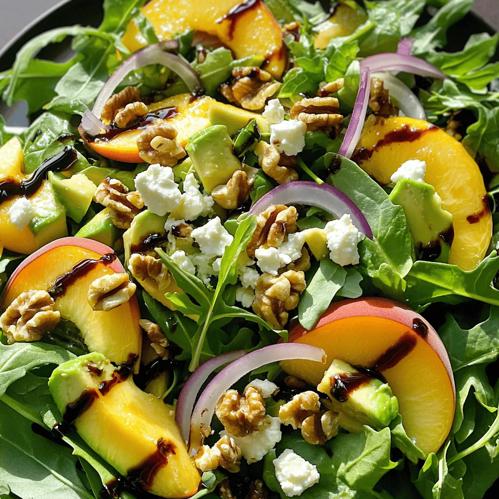 When making a Peach Avocado Salad, you need fresh and tasty ingredients. Here’s what you will need: - 2 ripe peaches, thinly sliced - 2 ripe avocados, diced into bite-sized pieces - 1 cup fresh arugula or a mix of salad greens - 1/4 cup red onion, finely sliced - 1/4 cup feta cheese, crumbled - 1/4 cup walnuts or pecans, toasted until golden - 2 tablespoons balsamic glaze - 1 tablespoon extra virgin olive oil - Salt and freshly ground black pepper, to taste - Fresh basil leaves, for garnishing You want ripe peaches and avocados for the best flavor. Look for peaches that give slightly when you press them. Avocados should feel soft but not mushy. The mix of arugula and salad greens adds a peppery bite. Red onion gives a sharp taste that balances the sweet peaches. Feta cheese adds creaminess, while toasted nuts give a nice crunch. For the dressing, balsamic glaze offers a sweet tang, and olive oil adds richness. Salt and black pepper bring out all the flavors. Fresh basil leaves make the salad look beautiful and add a nice scent. Remember, fresh ingredients make the best salad. For the full recipe, check out the details on how to bring this fresh dish to life! First, take a big bowl. In it, combine the sliced peaches, diced avocados, arugula, and red onion. Mix them gently so they stay whole. Next, fold in the crumbled feta cheese and the toasted walnuts or pecans carefully. This adds a nice crunch and creaminess. In a small bowl, whisk together the balsamic glaze and olive oil. This makes a tasty dressing that brings flavors together. Now, drizzle the dressing over the salad. Toss everything lightly, but be gentle. You don't want to mash the avocados. Season with salt and pepper to taste. Finally, transfer the salad to a serving platter and garnish with fresh basil. This adds color and a fresh smell. For the full recipe, you can look back at the ingredients and instructions. Enjoy your peach avocado salad! Choosing ripe peaches and avocados is key. Look for peaches that are slightly soft and fragrant. For avocados, pick ones that yield gently to pressure. If they are hard, let them ripen on your counter for a few days. This way, you’ll get the best flavor and texture. Tossing techniques matter too. Use a gentle touch when mixing ingredients. You want everything combined without mashing the avocados. To do this, use a large spoon and fold ingredients rather than stirring vigorously. This keeps the salad fresh and appealing. Adding herbs or spices can boost the taste. Fresh basil works well with peaches and avocados. You can also try mint or cilantro for a twist. Sprinkle a little salt and pepper to bring out the flavors too. Adjusting dressing proportions helps you find the right balance. Start with the amounts given in the Full Recipe. Then, taste and tweak. If you like things tangy, add more balsamic glaze. For more richness, drizzle in extra olive oil. This way, you create a salad that pleases your palate. {{image_4}} You can make this Peach Avocado Salad even more fun. Try using different greens. Instead of arugula, go for spinach or mixed greens. Each green brings its own taste and texture. Nuts can also change the flavor. Use almonds or pecans if you prefer. Both add crunch and richness. You could even skip the nuts if you want a lighter salad. Cheese is another area to explore. Feta cheese works well, but goat cheese is a great swap. Goat cheese adds a creamy and tangy taste that pairs nicely with peaches. If you want to switch up the dressing, consider making a citrus vinaigrette. Use fresh lemon or orange juice with olive oil. This gives the salad a bright, zesty flavor. For a sweeter touch, add honey to your dressing. Just mix honey with balsamic glaze for a delightful twist. This will enhance the natural sweetness of the peaches, making every bite delicious. For the complete recipe, check out the Full Recipe section. To keep your Peach Avocado Salad fresh, store it in an airtight container. Place it in the fridge right after serving. This helps it stay crisp and tasty. To prevent browning, sprinkle some lemon juice on the avocado pieces. This simple trick slows down oxidation, keeping your salad looking vibrant. You can prepare this salad in advance. Just keep the dressing separate until you are ready to serve. This keeps the greens crisp and the flavors bright. For serving, consider pairing it with grilled chicken or fish. This adds protein and makes it a full meal. You can also enjoy it as a side dish for a picnic or barbecue. For the best taste, serve it cold. You can add many tasty toppings to your peach avocado salad. Here are some great ideas: - Grilled chicken or shrimp for protein - Sliced strawberries or blueberries for extra fruit - Chopped cucumber for a crisp bite - Crushed tortilla chips for crunch - Fresh herbs like mint or cilantro for flavor - A squeeze of lime for zest These additions can make your salad even more delicious and fun! Feel free to mix and match to find your favorite combo. Yes, you can make this salad ahead of time, but some care is needed. Prepare the salad and keep the dressing separate. This keeps the greens fresh and crisp. You can store the salad in the fridge for up to a day. Just add the dressing right before serving. This way, you will enjoy the best taste and texture. Yes, this salad is gluten-free! All the ingredients are safe for a gluten-free diet. The peaches, avocados, greens, nuts, and cheese do not contain gluten. Always check labels on packaged items like balsamic glaze to ensure they are gluten-free. Enjoy your peach avocado salad worry-free! This salad is fresh and easy to make. It combines ripe peaches, avocados, and greens for a great taste. By following the steps, you can create a delightful dish. Use the tips to choose the best ingredients and enhance the flavor. Store leftovers properly to enjoy later. Experiment with variations to keep things exciting. Building your salad skills is fun and rewarding. Enjoy making this salad with your unique twist!