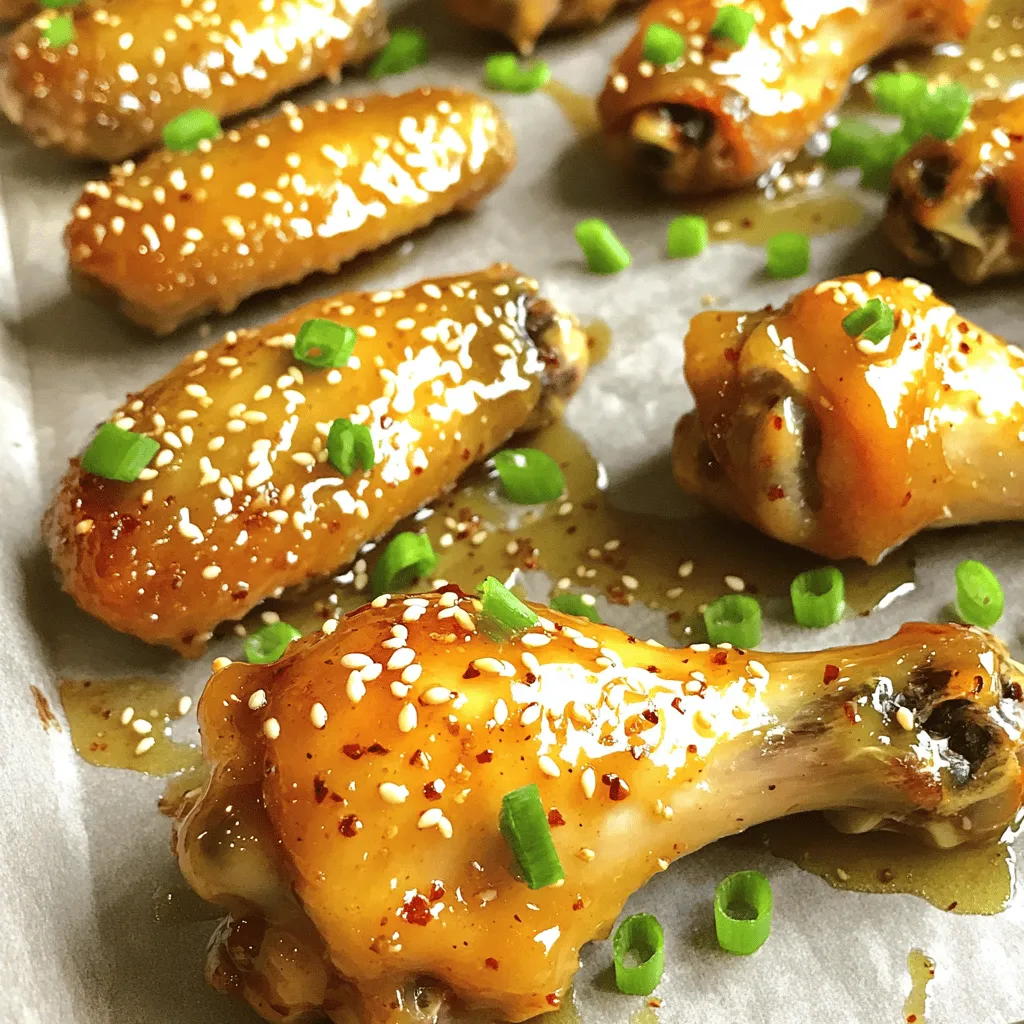 - 2 lbs (about 900g) chicken wings - 1/2 cup (120ml) honey - 1/4 cup (60ml) soy sauce Chicken wings are the star of this dish. They are juicy and tender, perfect for soaking up flavors. Honey adds sweetness, while soy sauce brings depth. Together, they make a tasty base for the wings. - 4 cloves garlic, finely minced - 1 tablespoon fresh ginger, grated - 1/4 teaspoon freshly ground black pepper Garlic gives the wings a strong flavor. It pairs well with ginger, which adds warmth and zest. Black pepper adds a bit of heat. These aromatics create a rich, savory taste that makes the wings special. - Chopped green onions - Sesame seeds Green onions add a fresh crunch. They brighten the dish and make it look pretty. Sesame seeds give a nutty flavor and a nice texture. These garnishes make your honey garlic chicken wings not just tasty, but also eye-catching. For the full recipe, check out the detailed instructions! To make the marinade, gather your ingredients first. You need honey, soy sauce, garlic, ginger, sesame oil, apple cider vinegar, black pepper, and red pepper flakes. Combine these in a large bowl. Stir them well until they blend nicely. This mix gives the wings a sweet and savory flavor that is hard to resist. Now, take your chicken wings. Place them in the bowl with the marinade. Coat each wing well so all sides are covered. This step is key for great taste. Cover the bowl with plastic wrap. Put it in the fridge for at least one hour. If you have time, let them marinate overnight. This will deepen the flavors even more. Next, preheat your oven to 400°F (200°C). Prepare a baking sheet by lining it with aluminum foil or parchment paper. This makes cleaning easier. After marinating, take the wings out of the fridge. Arrange them in a single layer on the baking sheet. Keep the leftover marinade for later. Bake the wings for 25 minutes. After this, flip the wings over and brush them with some of the saved marinade. Bake for another 15 to 20 minutes. They should be golden brown and crispy. For a final touch, broil them for 2 to 3 minutes. Watch closely to avoid burning. Once done, take them out and garnish with chopped green onions and sesame seeds. Enjoy your delicious honey garlic chicken wings! To get the best flavor, marinate the wings for at least one hour. If you have time, let them sit overnight. This helps the chicken soak in the sweet and savory mix. Keep the wings in the fridge while they marinate. This cool temperature helps the meat absorb the flavors well. To make wings crispy in the oven, start with a hot oven set to 400°F (200°C). Use a baking tray lined with foil or parchment paper. This keeps the wings from sticking and makes cleanup easier. Arrange the wings in a single layer, giving them space to cook evenly. Bake them for 25 minutes, then flip and baste with the leftover marinade. Bake for another 15-20 minutes. For extra crispiness, broil them for the last few minutes. Watch them closely to avoid burning. Want to kick up the flavor? Try adding a splash of lime juice or some chopped cilantro. A pinch of smoked paprika can also add a nice depth. If you like heat, increase the red pepper flakes or add some chili sauce. These little extras can make your honey garlic chicken wings even more delicious. For the full recipe, check out the Honey Garlic Chicken Wings recipe. {{image_4}} To make your wings spicy, add hot sauce. You can also increase the red pepper flakes. This will give your wings a nice kick. Adjust the spice level to suit your taste. If you like it hot, go for extra sauce! For a milder option, stick to just a pinch of red pepper flakes. This way, you can enjoy the sweet and spicy blend. You can choose to bake or fry your wings. Baked wings are healthier and less messy. They get crispy in the oven without much oil. On the other hand, fried wings can be extra crispy and flavorful. Frying gives that classic taste many love. Both methods can be tasty, so it’s up to you! If you want to switch up the sweetness, try using maple syrup or agave syrup. These substitutes can add a different flavor. Maple syrup brings a rich, earthy taste. Agave syrup is lighter and less intense. Either option works well in the marinade. This gives you more ways to enjoy your honey garlic chicken wings. For the full recipe, check out the section above! To keep your honey garlic chicken wings fresh, store them in an airtight container. Place them in the fridge for up to three days. If you want to keep them longer, avoid adding any extra sauce. It can make the wings soggy. Instead, save the sauce for when you reheat them. This way, you’ll enjoy the best taste and texture. When reheating, aim to keep the wings crispy. Preheat your oven to 375°F (190°C). Lay the wings on a baking sheet. Heat them for about 10-15 minutes. Check to see if they are warm all the way through. For extra crispiness, broil them for 2-3 minutes at the end. Watch closely to avoid burning. This method gives you that delightful crunch back. If you want to save wings for later, freezing is a great choice. First, let them cool completely. Then, place the wings in a freezer-safe bag. Squeeze out as much air as possible before sealing. Label the bag with the date. You can freeze them for up to three months. When you’re ready to eat, thaw in the fridge overnight. Reheat as mentioned before for the best results. Enjoy those flavors all over again! For the full recipe, check out [Full Recipe]. To make honey garlic sauce, you need simple ingredients. You will need honey, soy sauce, garlic, ginger, sesame oil, apple cider vinegar, black pepper, and red pepper flakes. Here’s how to make it: 1. Start by mixing together 1/2 cup honey and 1/4 cup soy sauce. 2. Add 4 minced garlic cloves and 1 tablespoon of grated ginger. 3. Stir in 1 tablespoon sesame oil and 2 tablespoons apple cider vinegar. 4. Finish with 1/4 teaspoon black pepper and red pepper flakes if you like heat. This sauce adds a sweet and savory kick to your wings. Yes, you can use frozen chicken wings. However, they cook differently. Cooking from frozen may take longer. I recommend thawing them for the best results. Thawing helps the wings absorb more flavor from the marinade. If you cook them frozen, add about 10 minutes to your cooking time. Honey garlic chicken wings pair well with many sides. Here are some great options: - Vegetable sticks: Carrot and celery sticks make a crunchy side. - Dips: Serve with ranch or blue cheese dressing for dipping. - Rice: White or fried rice complements the sweet sauce. - Coleslaw: A fresh coleslaw adds crunch and balances the flavors. These sides create a complete meal that everyone will love. For the full recipe, check out the Honey Garlic Chicken Wings section above. In this blog post, we explored how to make delicious honey garlic chicken wings. We covered the main ingredients, the step-by-step instructions, and tips to enhance flavor. You learned about different ways to prepare the wings, including baked and spicy variations. Storing and reheating tips ensure your wings stay fresh. Enjoy creating your own tasty wings. Remember, practice makes perfect and fun!
