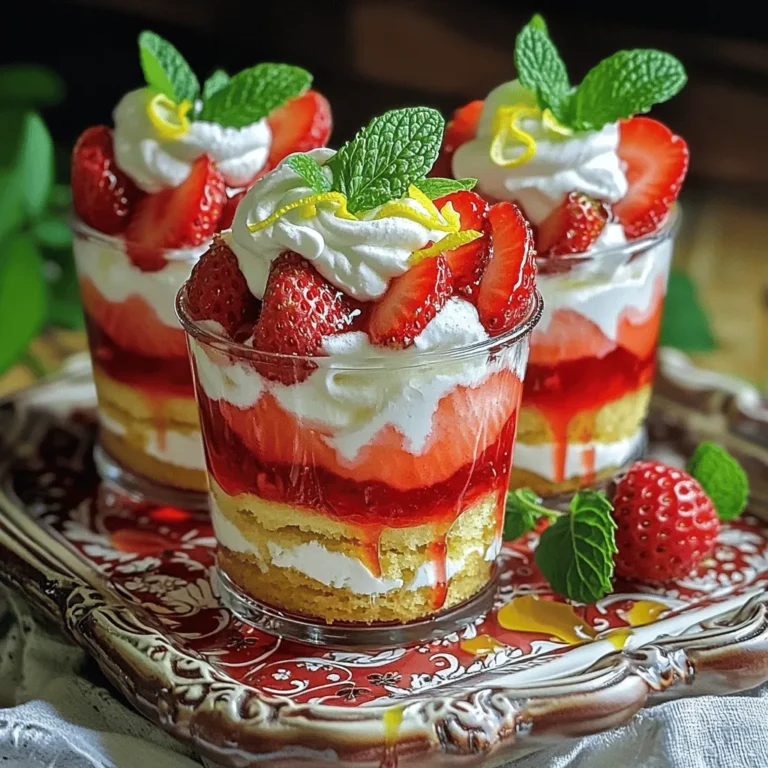 - 2 cups fresh strawberries, hulled and sliced - 1 tablespoon granulated sugar - 1 cup heavy whipping cream - 2 tablespoons powdered sugar - 1 teaspoon pure vanilla extract - 1 teaspoon freshly grated lemon zest - 1 cup shortcake biscuits, crumbled - Fresh mint leaves for garnish - Mixing bowls - Hand mixer or whisk - Serving cups or small bowls Gathering fresh ingredients is key to making delicious strawberry shortcake cups. Start with ripe strawberries. They should be bright red and fragrant. Look for firm berries without bruises. The sugar will help bring out their natural sweetness. Next, heavy whipping cream makes the perfect topping. It whips into fluffy clouds that complement the strawberries well. Use pure vanilla extract to enhance the cream's flavor. Fresh lemon zest adds a nice touch of brightness. For the base, crumbled shortcake biscuits provide texture. You can use store-bought or make your own. Finally, fresh mint leaves add a pop of color and a refreshing taste. You will need mixing bowls for combining ingredients. A hand mixer or whisk helps whip the cream to perfection. Serving cups or small bowls will hold your delightful layers. For the full recipe, refer to the section above. Happy cooking! Start by hulling and slicing the strawberries. Place them in a bowl. Add one tablespoon of granulated sugar. Gently mix until the berries are well coated. Let them sit for about 10-15 minutes. This step is important. The sugar will help the strawberries release their juices. You will see a delicious syrup form at the bottom of the bowl. In another bowl, pour one cup of heavy whipping cream. Use a hand mixer on medium speed. As the cream thickens, slowly add two tablespoons of powdered sugar. Then, add one teaspoon of pure vanilla extract and a teaspoon of freshly grated lemon zest. Keep whipping until soft peaks form. Be careful not to over-whip. You want it light and airy. Grab your serving cups or small bowls. Start by adding a layer of crumbled shortcake biscuits at the bottom of each cup. Follow with a generous layer of your macerated strawberries, including some syrup. Then, add a dollop of the whipped cream on top. Repeat these layers until the cups are full. Make sure your final layer is whipped cream. For a lovely finish, place a fresh mint leaf on top. This adds color and a nice aroma. For the complete recipe, check out the [Full Recipe]. To make the best whipped cream, start with cold cream. Pour it into a bowl. Use a hand mixer on medium speed. Whip until it thickens. Gradually add powdered sugar, vanilla, and lemon zest. Keep whipping until you see soft peaks. Stop before it turns grainy. This keeps the cream airy and light. Layering is key for great flavor. Start with crumbled biscuits at the bottom of each cup. Press them lightly for a solid base. Next, add macerated strawberries. Make sure to include syrup for extra flavor. Then, top with whipped cream. Repeat the layers until you fill the cup. This makes each bite a mix of textures and tastes. Presentation makes your dessert look special. Use clear cups to show off the layers. Arrange the cups on a pretty tray. Drizzle extra strawberry juice around each cup for color. Add a mint leaf on top for freshness. This simple touch makes your treat eye-catching and inviting. {{image_4}} For a gluten-free treat, swap traditional biscuits for gluten-free options. You can find gluten-free shortcake mixes at stores. Alternatively, make your own using almond flour or coconut flour. For the cream, ensure that your whipping cream is free from additives. Many brands are gluten-free, but always check the label. To make vegan strawberry shortcake cups, use dairy-free alternatives. Coconut cream is a great substitute for heavy cream. Chill a can of coconut milk overnight, then whip the solid part. For the biscuits, use a vegan shortcake recipe or store-bought vegan biscuits. Replace the granulated sugar with coconut sugar for a deeper flavor. Get creative with your strawberry shortcake cups. Try adding other fruits like blueberries, raspberries, or sliced bananas. You can also mix in a splash of orange juice or zest for a citrus twist. For a fun flavor boost, consider drizzling chocolate sauce or caramel over the whipped cream. Each layer can tell a delicious story! To keep your ingredients fresh, store them separately. Place the sliced strawberries in an airtight container. Add a bit of sugar to enhance their flavor. For the whipping cream, cover it tightly in the fridge. Keep crumbled biscuits in a sealed bag or container. This way, they stay crispy and ready for assembly. If you have leftover assembled cups, store them in the fridge. Use a loose cover or plastic wrap to avoid sogginess. This keeps the whipped cream fluffy and the layers intact. Enjoy them within a day or two for the best taste. Unassembled cups can last up to two days when stored properly. Once assembled, enjoy them within 1-2 days. After that, the strawberries may lose their freshness. The whipped cream may also lose its texture. For the best experience, eat them soon after making. Yes, you can use frozen strawberries in your cups. Here are some tips: - Thaw the strawberries before using them. - Drain any excess liquid to avoid soggy cups. - You may want to add a little sugar to enhance their flavor. Frozen strawberries can work well when fresh ones are not in season. If you need a substitute for whipping cream, try these options: - Coconut cream for a dairy-free choice. - Silken tofu blended until smooth for a vegan option. - Heavy cream can be swapped with half-and-half for a lighter version. Choose the best option based on your diet or preference. Making shortcake biscuits is easy! Here’s a simple recipe: - Mix 2 cups of flour, 1 tablespoon of baking powder, and 1 tablespoon of sugar. - Cut in 1/2 cup of cold butter until crumbly. - Stir in 3/4 cup of milk until just combined. - Roll out, cut, and bake at 425°F (220°C) for 12-15 minutes. These biscuits will add a lovely touch to your shortcake cups. Yes, you can prepare these cups ahead of time. Here are my recommendations: - Assemble the cups but keep the whipped cream separate. - Store the unassembled cups in the fridge for up to 8 hours. - Add whipped cream just before serving for the best texture. This way, your dessert stays fresh and tasty! This article covered how to make delicious Strawberry Shortcake Cups. We discussed fresh ingredients, tools needed, and step-by-step instructions. Tips on whipping cream and layering were shared to help you create perfect cups. We explored variations, storage tips, and answered common FAQs. I hope you feel ready to try this fun dessert. It's simple, tasty, and perfect for any occasion. Enjoy making these sweet treats today!