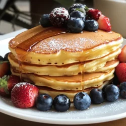 Let's explore the simple yet key ingredients that make your pancakes fluffy and delicious. - 1 cup all-purpose flour - 2 tablespoons granulated sugar - 1 teaspoon baking powder - 1/2 teaspoon baking soda - 1/4 teaspoon salt - 1 cup buttermilk (or homemade option) - 1 large egg - 2 tablespoons unsalted butter, melted and cooled - 1 teaspoon vanilla extract - Optional toppings: fresh berries, warm maple syrup, whipped cream Each ingredient plays a vital role. All-purpose flour creates the base. Sugar adds just the right sweetness. Baking powder and baking soda work together, giving the pancakes their fluffiness. Salt enhances the flavors. Buttermilk is key to that tender texture. If you don't have buttermilk, you can make your own. Just mix 1 cup of milk with 1 tablespoon of vinegar. The large egg binds everything and adds moisture. Melted butter gives a rich taste. Vanilla extract adds a warm aroma. Lastly, toppings like fresh berries and syrup make the dish fun and tasty. You can find the full recipe above to get started on your fluffy pancake journey! To start, gather your dry ingredients. You need: - 1 cup all-purpose flour - 2 tablespoons granulated sugar - 1 teaspoon baking powder - 1/2 teaspoon baking soda - 1/4 teaspoon salt In a medium bowl, whisk these ingredients well. This step is key for even mixing. When they blend, they ensure the pancakes rise nicely. Now, let’s move to the wet ingredients. Grab another bowl and add: - 1 cup buttermilk (or mix 1 cup milk with 1 tablespoon vinegar) - 1 large egg - 2 tablespoons unsalted butter, melted and slightly cooled - 1 teaspoon vanilla extract Whisk these together until the mix is smooth. This blend adds flavor and moisture. Next, pour the wet mixture into the dry ingredients. Use a spatula to mix them gently. Just combine until you see no dry flour. It’s okay if there are a few lumps. Over-mixing can make the pancakes tough. Now, heat a non-stick skillet on medium. Lightly grease it with butter or cooking spray. When the skillet is hot, pour about 1/4 cup of batter for each pancake. Cook until bubbles form on the surface, about 2-3 minutes. Flip the pancakes carefully. Cook for another 1-2 minutes until golden brown. Repeat this with the rest of the batter. Serve warm with fresh berries, warm maple syrup, or whipped cream. Enjoy your fluffy buttermilk pancakes! For more details, check the Full Recipe. To make your pancakes fluffy, use fresh baking powder. Store it in a cool, dry place. You can also whisk your dry ingredients well. This adds air and keeps your pancakes light. When mixing in the wet ingredients, stir gently. Over-mixing makes the batter tough. A few lumps are okay; they will disappear while cooking. Let the batter rest for a few minutes. This helps the flour absorb moisture and relax. Cook your pancakes on a medium heat. Too high heat burns the outside before the inside cooks. Use a non-stick skillet or griddle for best results. Lightly grease it with butter or cooking spray. Pour about 1/4 cup of batter for each pancake. Watch for bubbles forming on the surface. This shows they are ready to flip. Cook for 2-3 minutes before flipping. Aim for a nice golden brown color. Stack your pancakes high for a beautiful look. Drizzle warm maple syrup over the top. Add fresh berries or a dollop of whipped cream to make it fun. A light dusting of powdered sugar adds a touch of class. Serve immediately for the best taste. For extra flair, use a colorful plate or napkin. Enjoy your delicious creation! For the full recipe, see the section above. {{image_4}} You can make your pancakes even better by adding flavors. Blueberries are a great choice. Just fold in a cup of fresh or frozen blueberries into the batter. You can also use chocolate chips for a sweet twist. Add about half a cup to the mix, and enjoy a chocolatey surprise in every bite. Want a healthier version? Switch to whole wheat flour. It adds fiber and a nutty taste. If you prefer low-fat options, use low-fat buttermilk. You can even mix half regular flour and half whole wheat for a balanced approach. These options keep your pancakes light while adding extra nutrients. Think beyond syrup! Fresh fruit like strawberries or bananas makes a tasty topping. You can also try yogurt for a creamy addition. For a fun twist, add a sprinkle of cinnamon or a scoop of peanut butter. Serve the pancakes stacked high, and drizzle a bit of honey for extra sweetness. Enjoy these variations to make your breakfast special! For the full recipe, check out the Fluffy Buttermilk Pancakes section. To keep your leftover pancakes fresh, stack them with parchment paper in between. This way, they won’t stick together. Place the stack in an airtight container. You can store them in the fridge for up to three days. When you're ready to enjoy your pancakes again, use the microwave or a skillet. For the microwave, heat them for about 20-30 seconds. If you prefer a skillet, warm it over low heat for a few minutes. This method keeps the pancakes soft and tasty. Freezing pancakes is a great way to save time. After they cool to room temperature, stack them with parchment paper. Then, wrap the stack in plastic wrap and place it in a freezer bag. You can freeze them for up to two months. To reheat, just pop them in the toaster or microwave. This makes breakfast quick and easy! For the full recipe, check out the Fluffy Buttermilk Pancakes section. Enjoy your delicious breakfast! Pancakes get their fluffiness from the right mix of ingredients. The key is buttermilk. It adds moisture and helps create a light texture. The baking powder and baking soda also help. They create bubbles when mixed with the wet ingredients. This makes the batter rise while cooking. When you flip the pancakes, they stay airy and soft. For the fluffiest pancakes, don't over-mix the batter. A few lumps are okay! Yes, you can make pancakes without buttermilk! If you don't have buttermilk, mix 1 cup of milk with 1 tablespoon of vinegar. Let it sit for about 5 minutes to thicken. This makes a great substitute. You can also use yogurt or milk with lemon juice. Both options will give your pancakes a nice flavor and texture. Just remember, the key is to add some acidity to get a similar effect. You can tell pancakes are done when you see bubbles on the surface. After about 2-3 minutes, check for bubbles forming. This means they are ready to flip. When you flip them, look for a golden brown color. Cook for another 1-2 minutes on the other side. If they look fluffy and golden, they are done! Let them cool slightly before serving. Enjoy your delicious pancakes! You learned how to make great pancakes with simple steps and tips. We covered ingredients, mixing techniques, and variations. Remember, fluffy pancakes come from the right ingredients and heat. Use fresh toppings to make them even better. If you have leftovers, store or freeze them for later enjoyment. Happy cooking! Enjoy those pancakes!