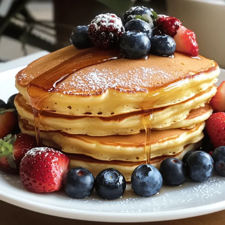 Let's explore the simple yet key ingredients that make your pancakes fluffy and delicious. - 1 cup all-purpose flour - 2 tablespoons granulated sugar - 1 teaspoon baking powder - 1/2 teaspoon baking soda - 1/4 teaspoon salt - 1 cup buttermilk (or homemade option) - 1 large egg - 2 tablespoons unsalted butter, melted and cooled - 1 teaspoon vanilla extract - Optional toppings: fresh berries, warm maple syrup, whipped cream Each ingredient plays a vital role. All-purpose flour creates the base. Sugar adds just the right sweetness. Baking powder and baking soda work together, giving the pancakes their fluffiness. Salt enhances the flavors. Buttermilk is key to that tender texture. If you don't have buttermilk, you can make your own. Just mix 1 cup of milk with 1 tablespoon of vinegar. The large egg binds everything and adds moisture. Melted butter gives a rich taste. Vanilla extract adds a warm aroma. Lastly, toppings like fresh berries and syrup make the dish fun and tasty. You can find the full recipe above to get started on your fluffy pancake journey! To start, gather your dry ingredients. You need: - 1 cup all-purpose flour - 2 tablespoons granulated sugar - 1 teaspoon baking powder - 1/2 teaspoon baking soda - 1/4 teaspoon salt In a medium bowl, whisk these ingredients well. This step is key for even mixing. When they blend, they ensure the pancakes rise nicely. Now, let’s move to the wet ingredients. Grab another bowl and add: - 1 cup buttermilk (or mix 1 cup milk with 1 tablespoon vinegar) - 1 large egg - 2 tablespoons unsalted butter, melted and slightly cooled - 1 teaspoon vanilla extract Whisk these together until the mix is smooth. This blend adds flavor and moisture. Next, pour the wet mixture into the dry ingredients. Use a spatula to mix them gently. Just combine until you see no dry flour. It’s okay if there are a few lumps. Over-mixing can make the pancakes tough. Now, heat a non-stick skillet on medium. Lightly grease it with butter or cooking spray. When the skillet is hot, pour about 1/4 cup of batter for each pancake. Cook until bubbles form on the surface, about 2-3 minutes. Flip the pancakes carefully. Cook for another 1-2 minutes until golden brown. Repeat this with the rest of the batter. Serve warm with fresh berries, warm maple syrup, or whipped cream. Enjoy your fluffy buttermilk pancakes! For more details, check the Full Recipe. To make your pancakes fluffy, use fresh baking powder. Store it in a cool, dry place. You can also whisk your dry ingredients well. This adds air and keeps your pancakes light. When mixing in the wet ingredients, stir gently. Over-mixing makes the batter tough. A few lumps are okay; they will disappear while cooking. Let the batter rest for a few minutes. This helps the flour absorb moisture and relax. Cook your pancakes on a medium heat. Too high heat burns the outside before the inside cooks. Use a non-stick skillet or griddle for best results. Lightly grease it with butter or cooking spray. Pour about 1/4 cup of batter for each pancake. Watch for bubbles forming on the surface. This shows they are ready to flip. Cook for 2-3 minutes before flipping. Aim for a nice golden brown color. Stack your pancakes high for a beautiful look. Drizzle warm maple syrup over the top. Add fresh berries or a dollop of whipped cream to make it fun. A light dusting of powdered sugar adds a touch of class. Serve immediately for the best taste. For extra flair, use a colorful plate or napkin. Enjoy your delicious creation! For the full recipe, see the section above. {{image_4}} You can make your pancakes even better by adding flavors. Blueberries are a great choice. Just fold in a cup of fresh or frozen blueberries into the batter. You can also use chocolate chips for a sweet twist. Add about half a cup to the mix, and enjoy a chocolatey surprise in every bite. Want a healthier version? Switch to whole wheat flour. It adds fiber and a nutty taste. If you prefer low-fat options, use low-fat buttermilk. You can even mix half regular flour and half whole wheat for a balanced approach. These options keep your pancakes light while adding extra nutrients. Think beyond syrup! Fresh fruit like strawberries or bananas makes a tasty topping. You can also try yogurt for a creamy addition. For a fun twist, add a sprinkle of cinnamon or a scoop of peanut butter. Serve the pancakes stacked high, and drizzle a bit of honey for extra sweetness. Enjoy these variations to make your breakfast special! For the full recipe, check out the Fluffy Buttermilk Pancakes section. To keep your leftover pancakes fresh, stack them with parchment paper in between. This way, they won’t stick together. Place the stack in an airtight container. You can store them in the fridge for up to three days. When you're ready to enjoy your pancakes again, use the microwave or a skillet. For the microwave, heat them for about 20-30 seconds. If you prefer a skillet, warm it over low heat for a few minutes. This method keeps the pancakes soft and tasty. Freezing pancakes is a great way to save time. After they cool to room temperature, stack them with parchment paper. Then, wrap the stack in plastic wrap and place it in a freezer bag. You can freeze them for up to two months. To reheat, just pop them in the toaster or microwave. This makes breakfast quick and easy! For the full recipe, check out the Fluffy Buttermilk Pancakes section. Enjoy your delicious breakfast! Pancakes get their fluffiness from the right mix of ingredients. The key is buttermilk. It adds moisture and helps create a light texture. The baking powder and baking soda also help. They create bubbles when mixed with the wet ingredients. This makes the batter rise while cooking. When you flip the pancakes, they stay airy and soft. For the fluffiest pancakes, don't over-mix the batter. A few lumps are okay! Yes, you can make pancakes without buttermilk! If you don't have buttermilk, mix 1 cup of milk with 1 tablespoon of vinegar. Let it sit for about 5 minutes to thicken. This makes a great substitute. You can also use yogurt or milk with lemon juice. Both options will give your pancakes a nice flavor and texture. Just remember, the key is to add some acidity to get a similar effect. You can tell pancakes are done when you see bubbles on the surface. After about 2-3 minutes, check for bubbles forming. This means they are ready to flip. When you flip them, look for a golden brown color. Cook for another 1-2 minutes on the other side. If they look fluffy and golden, they are done! Let them cool slightly before serving. Enjoy your delicious pancakes! You learned how to make great pancakes with simple steps and tips. We covered ingredients, mixing techniques, and variations. Remember, fluffy pancakes come from the right ingredients and heat. Use fresh toppings to make them even better. If you have leftovers, store or freeze them for later enjoyment. Happy cooking! Enjoy those pancakes!