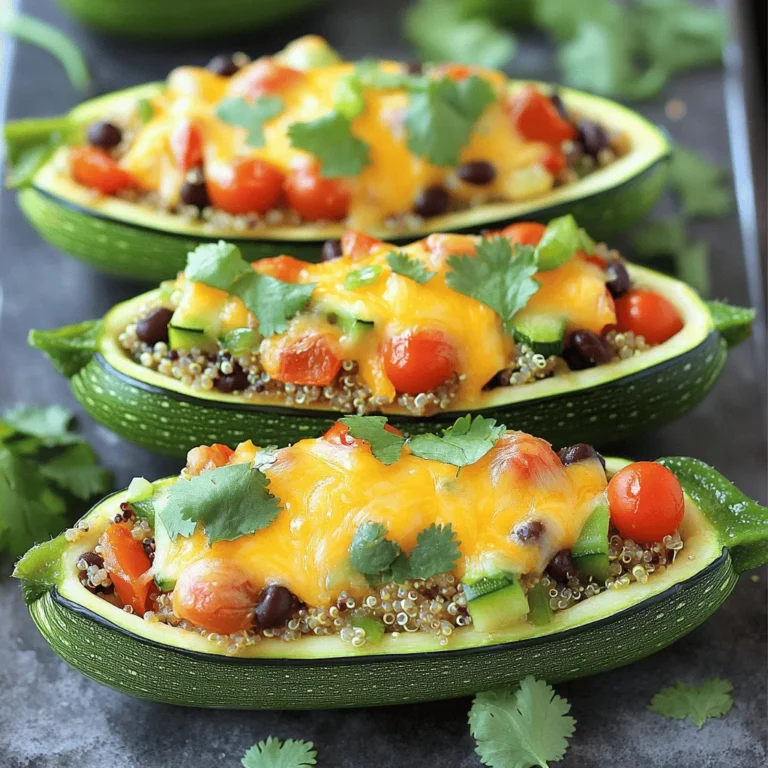 Here are the ingredients you need for baked zucchini boats. Each item adds taste and nutrition. - 4 medium zucchinis - 1 cup cooked quinoa - 1 cup cherry tomatoes, halved - 1 bell pepper, finely chopped - 1 small onion, finely diced - 1 cup black beans, rinsed and drained - 1 teaspoon garlic powder - 1 teaspoon ground cumin - 1 teaspoon smoked paprika - 1 cup shredded cheddar cheese - 2 tablespoons extra virgin olive oil - Salt and black pepper, to taste - Fresh cilantro, chopped (for garnish, optional) These ingredients come together to make a tasty meal. Zucchini serves as a healthy base. Quinoa gives you protein and fiber. The beans add extra texture and nutrients. Use whatever bell pepper color you like for a fun twist. I love adding spices like cumin and paprika. They boost the flavor without adding extra calories. Don't forget the cheese; it melts beautifully on top, making every bite creamy. For the best taste, use fresh veggies. They make the dish colorful and bright. You can find all these ingredients at your local store. If you want the full recipe, just check it out. - Preheat your oven to 375°F (190°C). - Line a baking sheet with parchment paper. - Cut zucchinis in half lengthwise. - Scoop out the central seeds and flesh. - Combine quinoa, cherry tomatoes, bell pepper, onion, and black beans. - Mix in garlic powder, cumin, smoked paprika, salt, and pepper. - Spoon filling into zucchini halves. - Drizzle with olive oil and sprinkle cheese on top. - Bake for 25-30 minutes, then add cheese for the final 5 minutes. These steps will lead to tasty, healthy zucchini boats. You can find the full recipe with all the details above. Enjoy cooking! - Best practices for selecting zucchinis: Choose firm zucchinis with smooth skin. Look for ones that are medium-sized. They should feel heavy for their size. Avoid any that have soft spots or wrinkles. Fresh zucchinis taste better and hold their shape well when cooked. - How to ensure even cooking: Cut zucchinis in the same size to cook evenly. Hollow them out gently, leaving enough flesh to keep them sturdy. Bake them on a lined baking sheet to allow heat to circulate. This helps them cook without getting soggy. - Alternative fillings: You can mix in ground turkey or beef for a heartier meal. For a vegetarian option, try adding lentils or mushrooms. Both choices bring great flavor and texture. Feel free to experiment based on your taste. - Cheese alternatives for dietary preferences: If you want a dairy-free option, use vegan cheese or nutritional yeast. These options melt nicely and add flavor. For lower fat, consider using cottage cheese or part-skim mozzarella. - Complementary side dishes: Pair your zucchini boats with a light salad or roasted vegetables. A side of quinoa or brown rice can also add heartiness to the meal. These options balance the meal well and keep it fresh. - Presentation tips for serving: Serve the zucchini boats on a colorful platter. Garnish with fresh cilantro or parsley for a pop of green. You can also drizzle a bit of balsamic glaze for an elegant touch. Enjoy serving this delicious dish! {{image_4}} For a tasty twist, you can use different legumes or grains in your filling. Black beans are great, but chickpeas or lentils work well too. You can swap quinoa for brown rice or farro. Each choice adds its own flavor and texture. Adding more veggies is also a smart move. Try diced mushrooms, spinach, or corn. You can mix and match based on what you have. More veggies can make your dish colorful and fun. If you want a vegan option, cheese substitutes are key. Look for plant-based cheeses that melt well. Many brands offer shredded versions that taste great. You can also use nutritional yeast for a cheesy flavor without the dairy. For plant-based protein, think about using tofu or tempeh. Crumble them into your filling. This adds protein while keeping your dish vegan. You can marinate the tofu in your favorite sauce for extra taste. To boost flavor, adding herbs and spices is a must. Fresh basil, parsley, or oregano can brighten your dish. A pinch of red pepper flakes can add some heat. Don't be afraid to experiment with flavors you love. Incorporating different sauces can also change the game. A dollop of pesto or a drizzle of balsamic glaze can elevate your zucchini boats. Try mixing different sauces to find your favorite combination. The possibilities are endless! For the full recipe, check out the Cheesy Stuffed Zucchini Boats. Enjoy exploring these variations! To keep your baked zucchini boats fresh, store leftovers in an airtight container. I recommend using glass or BPA-free plastic containers. This helps seal in the flavors and moisture. Make sure the zucchini boats cool down to room temperature before sealing. They stay fresh for about 3 to 5 days in the fridge. If you want to freeze your baked zucchini boats, follow these steps: 1. Allow the zucchini boats to cool completely. 2. Wrap each boat tightly in plastic wrap or aluminum foil. 3. Place the wrapped boats in a freezer-safe bag or container. To thaw, move them from the freezer to the fridge overnight. For reheating, preheat your oven to 350°F (175°C) and bake for about 15-20 minutes. This keeps the texture nice and prevents sogginess. In the refrigerator, baked zucchini boats last around 3 to 5 days. Signs of spoilage include a slimy texture or an off smell. If you see any mold or discoloration, it's best to toss them out. Enjoy your delicious meal while it's fresh! You can tell the zucchini is done when it is tender. The edges should turn golden brown. You can test with a fork; it should slide in easily. If you see some bubbling cheese, that’s a good sign too. The filling inside should also be warm and well-cooked. Yes, you can use other vegetables! Bell peppers make great boats. Eggplants are also a good choice. You might try medium-sized squash or even portobello mushrooms. Each option adds its own flavor and texture. Just make sure they can hold the filling well. Reheating is easy! Use an oven to keep the texture crisp. Set it to 350°F (175°C) and heat for about 10-15 minutes. If you want to use a microwave, do it for short bursts. Check every 30 seconds to avoid sogginess. Enjoy the warm, cheesy goodness! For the detailed recipe, check out the Full Recipe. In this guide, we covered how to make delicious stuffed zucchini boats. You learned about the right ingredients, how to prepare them, and the baking process. We also discussed tips for customizing your dish and preserving leftovers. These stuffed zucchini boats are both versatile and healthy. Enjoy experimenting with different flavors to make this dish your own. Happy cooking!