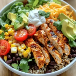 To make a Chipotle chicken burrito bowl, you need the following ingredients: - 2 boneless, skinless chicken breasts - 2 tablespoons chipotle sauce - 1 teaspoon smoked paprika - 1 teaspoon ground cumin - 1 tablespoon olive oil - 1 cup brown rice, cooked - 1 can black beans, drained and rinsed - 1 cup corn (frozen or canned) - 1 cup cherry tomatoes, halved - 1 avocado, diced - 1 cup lettuce, shredded - 1/2 cup fresh cilantro, chopped - Juice of 1 lime - Salt and pepper to taste - 1/2 cup shredded cheese (cheddar or jack) - Sour cream (optional) for serving Each serving of the Chipotle chicken burrito bowl has about 500 calories. It offers protein from the chicken and beans. You also get healthy fats from the avocado. Each bowl is rich in fiber and vitamins from the veggies. This makes it a balanced meal. You can make your burrito bowl even better with some optional toppings: - Jalapeños for heat - Sliced olives for a salty kick - Additional beans for more protein - Guacamole for creaminess - Tortilla strips for crunch These toppings can add great flavors and textures to your bowl. Enjoy making it your own! For the full recipe, check out the detailed steps in the main article. Start by marinating the chicken breasts. In a medium bowl, mix the chipotle sauce, smoked paprika, ground cumin, olive oil, salt, and pepper. Whisk them together until they blend well. Add the chicken breasts and coat them fully in the marinade. Cover the bowl and chill it in the fridge for at least 30 minutes. This helps the chicken soak up all the flavors. Next, heat your grill or skillet to medium. Once hot, place the marinated chicken on it. Cook the chicken for about 6-7 minutes on each side. You want the internal temperature to reach 165°F (75°C). After cooking, take the chicken off the heat and let it rest for 5 minutes. Then, slice it into strips. In a large bowl, combine the cooked brown rice, drained black beans, and corn. Squeeze lime juice over the mix and season with salt and pepper. Stir gently until everything is mixed well. Now, it's time to assemble your burrito bowl. Start by adding a good serving of the rice and bean mixture at the bottom of each bowl. On top of the rice, layer the sliced chicken. Next, add a handful of shredded lettuce, halved cherry tomatoes, and diced avocado. This will give your bowl color and freshness. Finish your bowl by sprinkling chopped cilantro and shredded cheese on top. If you want a creamier touch, add a dollop of sour cream. For a nice look, use clear glass bowls. This way, you can show off the colorful layers. Serve with lime wedges for an extra zing. You can find the Full Recipe for more details on creating this delicious meal! To season the chicken well, use simple spices. I like to mix chipotle sauce, smoked paprika, and cumin. These spices add heat and flavor. Make sure to coat the chicken fully in the marinade. Letting it sit for at least 30 minutes helps the flavors soak in. For even better taste, marinate the chicken longer, up to 24 hours. You can cook the chicken in different ways. Grilling adds a nice char and smoky flavor. If you don't have a grill, use a skillet. Heat it over medium heat, add some oil, and cook the chicken. Each side takes about 6-7 minutes. Always check the internal temperature. It should be 165°F (75°C) when done. Let the chicken rest for a few minutes before slicing. This keeps it juicy. A colorful burrito bowl looks more inviting. Use clear glass bowls to show off the layers. Start with a base of rice and beans, then add the chicken. Top it with lettuce, tomatoes, and avocado. Finish with cilantro and cheese for a pop of color. Serve with lime wedges for a fresh touch. This makes every bite exciting and full of flavor. For the full recipe, check out the complete guide. {{image_4}} For a veggie twist, swap the chicken for grilled vegetables. Use bell peppers, zucchini, and mushrooms. Marinate the veggies in the same chipotle sauce. Cook until tender, then layer them in your bowl. You still get all the great flavors without meat. If you love heat, add more spice to your chicken. Mix in extra chipotle sauce or a dash of cayenne pepper in the marinade. This will give your bowl a fiery kick that spice lovers crave. You can also top with jalapeños for added heat. For a healthy twist, use quinoa instead of rice. Quinoa is packed with protein and cooks quickly. Cook it just like the rice and mix it with black beans and corn. This adds a nutty flavor and keeps your meal light and filling. Feel free to mix and match these ideas. You can create your own unique bowl! Check out the Full Recipe for more details on the base dish. To keep your burrito bowl fresh, store it in an airtight container. Place the chicken, rice, and toppings in separate containers. This way, each part stays fresh longer. You can keep it in the fridge for up to three days. If you mix everything, the rice may get soggy, so it's best to keep them apart. When you want to enjoy your leftovers, reheat them gently. You can use the microwave or a skillet. If using a microwave, heat in 30-second bursts until warm. If using a skillet, warm over low heat, stirring often. Make sure the chicken reaches 165°F (75°C) to stay safe to eat. You can freeze your burrito bowl for up to three months. Just store the chicken, rice, and beans in a freezer-safe container. Avoid freezing fresh toppings like lettuce and avocado. When you're ready to eat, thaw it in the fridge overnight. Then reheat to enjoy a tasty meal again. For the full recipe, check out the Chipotle Chicken Burrito Bowl . You can use tofu or tempeh for a plant-based option. Both absorb flavors well. You can also try grilled shrimp or beef for a different taste. To make it vegan, replace chicken with tofu or jackfruit. Use vegan cheese and skip sour cream. You can add extra veggies like peppers or zucchini for texture. Yes, you can prep many parts ahead. Cook the rice, beans, and chicken in advance. Store them in separate containers. Assemble the bowl when ready to eat for freshness. You can order it at any Chipotle restaurant. Many delivery apps have it too. Check their website for nearby locations and menu options. This blog post showed you how to create delicious burrito bowls. You learned about key ingredients and their nutrition. I walked you through marinating and cooking chicken, preparing rice and beans, and assembling everything. We also explored tips for perfect seasoning and presentation. With variations for vegetarians and those who want spice, there’s something for everyone. Remember to store leftovers correctly and reheat for the best flavor. Enjoy your tasty burrito bowl, and share it with friends!