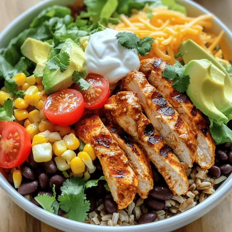 To make a Chipotle chicken burrito bowl, you need the following ingredients: - 2 boneless, skinless chicken breasts - 2 tablespoons chipotle sauce - 1 teaspoon smoked paprika - 1 teaspoon ground cumin - 1 tablespoon olive oil - 1 cup brown rice, cooked - 1 can black beans, drained and rinsed - 1 cup corn (frozen or canned) - 1 cup cherry tomatoes, halved - 1 avocado, diced - 1 cup lettuce, shredded - 1/2 cup fresh cilantro, chopped - Juice of 1 lime - Salt and pepper to taste - 1/2 cup shredded cheese (cheddar or jack) - Sour cream (optional) for serving Each serving of the Chipotle chicken burrito bowl has about 500 calories. It offers protein from the chicken and beans. You also get healthy fats from the avocado. Each bowl is rich in fiber and vitamins from the veggies. This makes it a balanced meal. You can make your burrito bowl even better with some optional toppings: - Jalapeños for heat - Sliced olives for a salty kick - Additional beans for more protein - Guacamole for creaminess - Tortilla strips for crunch These toppings can add great flavors and textures to your bowl. Enjoy making it your own! For the full recipe, check out the detailed steps in the main article. Start by marinating the chicken breasts. In a medium bowl, mix the chipotle sauce, smoked paprika, ground cumin, olive oil, salt, and pepper. Whisk them together until they blend well. Add the chicken breasts and coat them fully in the marinade. Cover the bowl and chill it in the fridge for at least 30 minutes. This helps the chicken soak up all the flavors. Next, heat your grill or skillet to medium. Once hot, place the marinated chicken on it. Cook the chicken for about 6-7 minutes on each side. You want the internal temperature to reach 165°F (75°C). After cooking, take the chicken off the heat and let it rest for 5 minutes. Then, slice it into strips. In a large bowl, combine the cooked brown rice, drained black beans, and corn. Squeeze lime juice over the mix and season with salt and pepper. Stir gently until everything is mixed well. Now, it's time to assemble your burrito bowl. Start by adding a good serving of the rice and bean mixture at the bottom of each bowl. On top of the rice, layer the sliced chicken. Next, add a handful of shredded lettuce, halved cherry tomatoes, and diced avocado. This will give your bowl color and freshness. Finish your bowl by sprinkling chopped cilantro and shredded cheese on top. If you want a creamier touch, add a dollop of sour cream. For a nice look, use clear glass bowls. This way, you can show off the colorful layers. Serve with lime wedges for an extra zing. You can find the Full Recipe for more details on creating this delicious meal! To season the chicken well, use simple spices. I like to mix chipotle sauce, smoked paprika, and cumin. These spices add heat and flavor. Make sure to coat the chicken fully in the marinade. Letting it sit for at least 30 minutes helps the flavors soak in. For even better taste, marinate the chicken longer, up to 24 hours. You can cook the chicken in different ways. Grilling adds a nice char and smoky flavor. If you don't have a grill, use a skillet. Heat it over medium heat, add some oil, and cook the chicken. Each side takes about 6-7 minutes. Always check the internal temperature. It should be 165°F (75°C) when done. Let the chicken rest for a few minutes before slicing. This keeps it juicy. A colorful burrito bowl looks more inviting. Use clear glass bowls to show off the layers. Start with a base of rice and beans, then add the chicken. Top it with lettuce, tomatoes, and avocado. Finish with cilantro and cheese for a pop of color. Serve with lime wedges for a fresh touch. This makes every bite exciting and full of flavor. For the full recipe, check out the complete guide. {{image_4}} For a veggie twist, swap the chicken for grilled vegetables. Use bell peppers, zucchini, and mushrooms. Marinate the veggies in the same chipotle sauce. Cook until tender, then layer them in your bowl. You still get all the great flavors without meat. If you love heat, add more spice to your chicken. Mix in extra chipotle sauce or a dash of cayenne pepper in the marinade. This will give your bowl a fiery kick that spice lovers crave. You can also top with jalapeños for added heat. For a healthy twist, use quinoa instead of rice. Quinoa is packed with protein and cooks quickly. Cook it just like the rice and mix it with black beans and corn. This adds a nutty flavor and keeps your meal light and filling. Feel free to mix and match these ideas. You can create your own unique bowl! Check out the Full Recipe for more details on the base dish. To keep your burrito bowl fresh, store it in an airtight container. Place the chicken, rice, and toppings in separate containers. This way, each part stays fresh longer. You can keep it in the fridge for up to three days. If you mix everything, the rice may get soggy, so it's best to keep them apart. When you want to enjoy your leftovers, reheat them gently. You can use the microwave or a skillet. If using a microwave, heat in 30-second bursts until warm. If using a skillet, warm over low heat, stirring often. Make sure the chicken reaches 165°F (75°C) to stay safe to eat. You can freeze your burrito bowl for up to three months. Just store the chicken, rice, and beans in a freezer-safe container. Avoid freezing fresh toppings like lettuce and avocado. When you're ready to eat, thaw it in the fridge overnight. Then reheat to enjoy a tasty meal again. For the full recipe, check out the Chipotle Chicken Burrito Bowl . You can use tofu or tempeh for a plant-based option. Both absorb flavors well. You can also try grilled shrimp or beef for a different taste. To make it vegan, replace chicken with tofu or jackfruit. Use vegan cheese and skip sour cream. You can add extra veggies like peppers or zucchini for texture. Yes, you can prep many parts ahead. Cook the rice, beans, and chicken in advance. Store them in separate containers. Assemble the bowl when ready to eat for freshness. You can order it at any Chipotle restaurant. Many delivery apps have it too. Check their website for nearby locations and menu options. This blog post showed you how to create delicious burrito bowls. You learned about key ingredients and their nutrition. I walked you through marinating and cooking chicken, preparing rice and beans, and assembling everything. We also explored tips for perfect seasoning and presentation. With variations for vegetarians and those who want spice, there’s something for everyone. Remember to store leftovers correctly and reheat for the best flavor. Enjoy your tasty burrito bowl, and share it with friends!