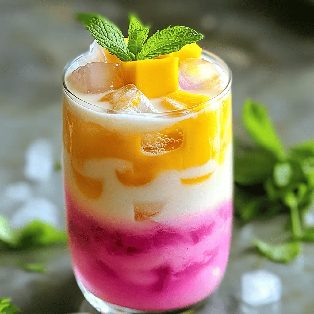 - 1 ripe dragon fruit, peeled and diced - 1 ripe mango, peeled and diced - 2 cups brewed green tea, cooled - 1/2 cup milk or non-dairy alternative - 2 tablespoons honey or agave syrup - 1/2 teaspoon vanilla extract - Ice cubes - Fresh mint leaves for garnish What are the nutritional benefits of dragon fruit? Dragon fruit is low in calories and high in fiber. It is rich in vitamin C and antioxidants. These help boost your immune system and fight free radicals. What are the nutritional benefits of mango? Mangoes are tasty and nutritious. They are a good source of vitamins A and C. They also provide fiber, which aids digestion and keeps you full. What are the benefits of green tea? Green tea is packed with antioxidants. It may help improve brain function and boost fat burning. This makes it a great base for our drink. What are the options for dairy versus non-dairy milk? You can use regular milk or non-dairy options like almond milk or oat milk. Non-dairy milk often has fewer calories and is easier for some to digest. What are the sweetener alternatives? If you want a different sweetener, try agave syrup or maple syrup. You can adjust the sweetness to your taste. 1. Blending the fruit and tea mixture First, take your ripe dragon fruit and mango. Peel and dice them into small pieces. Next, add these fruit pieces into a blender. Pour in the cooled green tea, honey or agave syrup, and vanilla extract. Blend on high speed until it becomes smooth and creamy. Make sure there are no lumps left. 2. Optional straining for texture If you like a very smooth drink, strain your mixture. Use a fine mesh sieve to push it through. This step is not needed if you enjoy a bit of texture. It all comes down to your taste. 1. Filling glasses with ice Grab two tall glasses. Fill each one halfway with ice cubes. This keeps your drink nice and cold. 2. Layering the fruity mixture and milk Pour the blended fruit mixture over the ice, filling each glass three-quarters full. Now, slowly add the milk. Use the back of a spoon to help it float on top. This will create a lovely layered look. 1. Garnishing with mint leaves To make your drink pop, garnish it with fresh mint leaves. They add a nice touch and a great aroma. 2. Serving suggestions Serve this drink in clear glasses to show off the beautiful colors. You can also add a slice of dragon fruit or mango on the rim for extra flair. This drink is not just tasty; it's also a feast for the eyes! To achieve a smooth consistency, start by cutting your fruit into small pieces. This helps your blender work better. Blend the dragon fruit and mango with the cooled green tea until it is creamy. I recommend blending for about 30 to 60 seconds. If you want it even smoother, you can strain it through a fine mesh sieve. This step is optional, but it removes any small bits. Taste your mixture before serving. If it’s not sweet enough, add more honey or agave syrup. Start with a small amount and mix well. You can keep adjusting until it’s just right for you. I suggest a sweetness level that complements the fruit but doesn't overpower it. This drink shines at summer parties or cozy gatherings. It’s perfect for brunch, too! Pair it with light snacks like fruit platters or savory pastries. The colors and flavors will impress your guests. For a fun twist, serve it with a side of crispy spring rolls for a delightful contrast. Enjoy your dragon fruit mango milk tea in clear glasses to show off its vibrant layers! {{image_4}} You can mix up the flavors of Dragon Fruit Mango Milk Tea. Adding other fruits makes it exciting. Try berries like strawberries or blueberries for a juicy twist. Pineapple also works well. Its sweet and tangy notes blend nicely. You can infuse your drink with herbs or spices, too. Fresh basil adds a sweet and savory touch. Ginger gives a warm kick. Experiment with different combinations to find your favorite flavor. If you want a caffeine-free drink, swap green tea for herbal tea. Herbal teas like chamomile or hibiscus have lovely flavors. They also add a nice color to the drink. Adjustments for a caffeine-free version are simple. Use the same amount of herbal tea instead of green tea. Follow the rest of the recipe as usual. You’ll still enjoy a tasty treat! For a strictly vegan version, choose plant-based ingredients. Use almond milk, oat milk, or coconut milk in place of dairy. These options are creamy and delicious. You can add alternative protein-rich options too. Try adding a scoop of pea protein or hemp seeds. This boosts nutrition while keeping the drink vegan and tasty. Explore these variations to create your perfect Dragon Fruit Mango Milk Tea. For the full recipe, check out the earlier section. Enjoy crafting your own unique flavors! The Dragon Fruit Mango Milk Tea is best enjoyed fresh. However, if you have leftovers, you can store them. The drink lasts up to two days in the fridge. Keep it in an airtight container to maintain flavor. Avoid exposing it to heat or sunlight, as these can spoil the taste. To enjoy your drink again, you can re-blend it. Just pour it back into a blender and mix until smooth. This restores its creamy texture. Use clear glass or plastic containers for storage. They help you see if the drink is still good. Avoid metal containers, as they can cause off-flavors. You can freeze the fruit mixture for later use. Just pour it into ice cube trays and freeze. These cubes are great for smoothies or as ice for your tea. You can also make ice cubes with leftover mixture. Just pour into trays and freeze. They add a fruity twist to your next drink! Dragon fruit, also known as pitaya, is a unique fruit. It has bright pink skin with green scales. Inside, it has white or pink flesh with tiny black seeds. The taste is mild and slightly sweet, similar to a blend of kiwi and pear. It offers a refreshing crunch and a hint of earthiness. Dragon fruit's vibrant color makes any dish look stunning, adding fun to your meals. Yes, you can use frozen fruit for this recipe. Frozen fruit gives you a quick and easy way to enjoy dragon fruit and mango. It also helps keep the drink cold without extra ice. When using frozen fruit, blend it straight from the freezer. You may need to add a bit more liquid to help it blend smoothly. Frozen fruit often has a slightly different texture but still tastes great. To make your drink less sweet, simply reduce the amount of honey or agave syrup. Start with one tablespoon and taste as you go. You can also use unsweetened milk or a milk alternative. Adding more green tea can help balance the sweetness too. If you prefer a tangy flavor, squeeze in a bit of fresh lime. This adds a nice contrast to the sweetness. Enjoy experimenting until it’s just right for you! For the complete recipe, check out the Full Recipe. This blog post explored how to make a delicious dragon fruit drink. We listed key ingredients, like ripe mango and brewed green tea, for a refreshing mix. We also shared their health benefits and suggested alternative ingredients. Step-by-step instructions guided you through blending and serving, while tips helped improve your technique. Finally, variations showed how to customize your drink. Enjoy experimenting with flavors and ingredients for a unique taste! Your drink will impress friends and boost your health. Get ready to enjoy your refreshing creation!