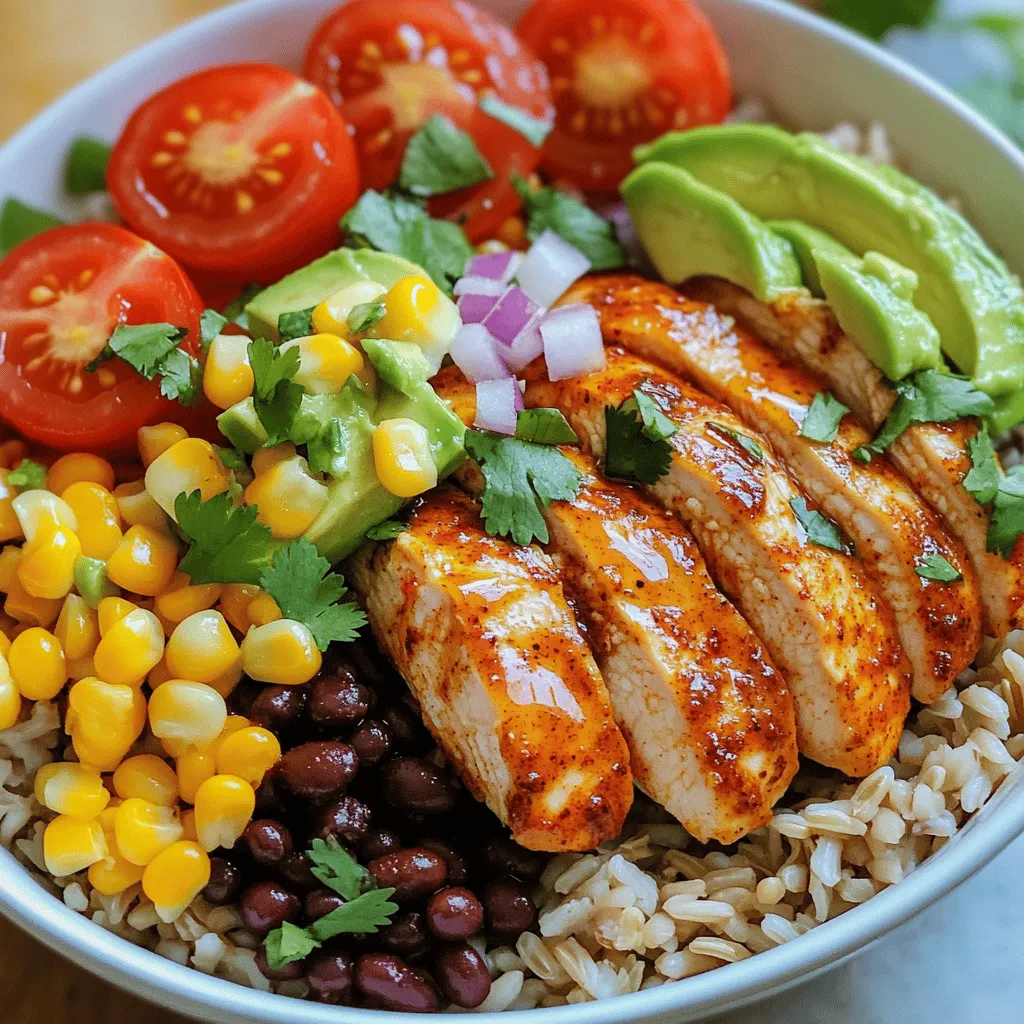 - 2 boneless, skinless chicken breasts - 1 tablespoon olive oil - 1 cup brown rice (or quinoa) - 1 can black beans, rinsed and drained - 1 cup corn kernels (fresh or frozen) - 2 tablespoons chipotle chili powder - 1 teaspoon ground cumin - 1 teaspoon smoked paprika - 1/2 teaspoon garlic powder - 1/2 teaspoon onion powder - Salt and freshly ground black pepper, to taste - 1 large avocado, sliced - 1 cup cherry tomatoes, halved - 1/2 cup red onion, finely chopped - 1/4 cup fresh cilantro, chopped - Juice of 1 fresh lime - Optional: sour cream, shredded cheese, sliced jalapeños The chicken serves as the star of this bowl. I recommend using fresh chicken breasts for the best flavor. Choose rice or quinoa based on your preference. Black beans and corn add color and nutrients. The spices create a bold flavor. Chipotle chili powder gives a smoky kick. Ground cumin and smoked paprika deepen the taste. Garlic and onion powders add a nice warmth. Adjust salt and pepper to your liking. For toppings, fresh ingredients really shine. Avocado adds creaminess. Cherry tomatoes bring sweetness. Red onion offers a bit of crunch. Cilantro brightens the dish. Lime juice adds a zesty touch. You can mix in sour cream or cheese if you like. This Chipotle Chicken Burrito Bowl is full of flavor and fun. Check the full recipe for more details on cooking and assembly. Enjoy! To make the chicken flavorful, start by mixing spices. In a small bowl, combine chipotle chili powder, ground cumin, smoked paprika, garlic powder, onion powder, salt, and black pepper. Rub this spice mix all over the chicken breasts. This will give the chicken a nice kick. Next, heat one tablespoon of olive oil in a large skillet over medium-high heat. Once the oil is hot, add the seasoned chicken breasts. Cook them for about 6-7 minutes on each side. The chicken should be golden brown and fully cooked. Use a meat thermometer to check if the inside is 165°F/75°C. After cooking, let the chicken rest on a cutting board for a few minutes. Then, slice it into strips. While the chicken rests, it’s time to make the base. You can use either brown rice or quinoa. In a medium saucepan, bring two cups of low-sodium chicken broth to a boil. Add one cup of brown rice or quinoa to the broth. Reduce the heat to low and cover the pot. Let it simmer for about 35 minutes, or until the grains are tender. Now comes the fun part: putting it all together! Start by taking a scoop of the cooked rice or quinoa and place it at the bottom of your bowl. Next, layer on the sliced chicken, black beans, and corn. Add halved cherry tomatoes and chopped red onion for crunch. Don’t forget the creamy avocado slices on top! Finish your bowl by squeezing fresh lime juice over everything. This adds a bright flavor that ties it all together. For an extra touch, sprinkle with chopped fresh cilantro. If you like, add sour cream, shredded cheese, or sliced jalapeños for more flavor. Enjoy your delicious Chipotle Chicken Burrito Bowl! You can find the Full Recipe above for complete details. For perfect chicken doneness, use a meat thermometer. The chicken should reach 165°F (75°C). This ensures it is safe to eat and juicy. Cook the chicken for about 6-7 minutes on each side in a hot skillet. Let it rest before slicing. This helps keep the juices in. When it comes to rice or quinoa, both options work well. Brown rice adds a chewy texture. Quinoa is lighter and cooks faster. If you want a healthier choice, go with quinoa. It has more protein and fiber. To boost flavor, consider different marinades. You can marinate the chicken overnight. Use a mix of lime juice, garlic, and olive oil. This adds depth to the dish. For seasoning adjustments, try adding cayenne pepper for heat. If you prefer milder flavors, skip it. You can also mix in herbs like oregano for a fresh twist. To make your burrito bowl meal-prep friendly, batch cook ingredients. Prepare chicken, rice, and beans in advance. Store them separately in airtight containers. This way, you can quickly assemble your bowl during the week. Use colorful bowls for serving. This makes the meal look inviting. Add lime wedges and fresh cilantro on the side. These little touches enhance the meal's appeal. You can also swap toppings based on your taste. {{image_4}} You can switch the chicken for other proteins. Use tofu for a vegan option. Shrimp adds a fresh twist and cooks quickly. Steak gives a rich flavor and pairs well with the spices. Each protein brings its own taste, so feel free to try different ones. This burrito bowl is easy to adapt for different diets. For a gluten-free dish, ensure your rice or quinoa is certified gluten-free. You can make it vegan by using tofu and skipping any dairy toppings. To go low-carb, swap rice for cauliflower rice. These options let everyone enjoy this meal. Don't be afraid to mix things up with flavors. You can create your own spice mix using cumin and coriander for a more Indian taste. Or, use a blend of herbs and spices for a Mediterranean twist. Experimenting with different sauces can also change the whole vibe of your bowl. Enjoy creating your perfect Chipotle Chicken Burrito Bowl with the Full Recipe! Store any leftovers in an airtight container. This keeps your Chipotle Chicken Burrito Bowl fresh. Try to use them within three days. Before serving, check for any signs of spoilage. If it looks good, you can enjoy it again! To freeze your burrito bowl, separate the components first. Place the chicken, rice, beans, and corn in different bags. This way, they stay fresh. Use freezer-safe bags to prevent freezer burn. You can store them for up to three months. When you are ready, thaw them in the fridge overnight. Reheat your bowl in the microwave for about two minutes. Stir halfway for even heating. You can also warm it on the stove over low heat. This method helps maintain the flavor and texture. Add a splash of chicken broth to keep it moist, if needed. Enjoy your delicious meal again! Making a Chipotle Chicken Burrito Bowl takes about 50 minutes. - Prep time is around 15 minutes. - Cooking time is about 35 minutes. Yes, you can make this burrito bowl ahead of time. - Cook the chicken and rice, then cool them. - Store them in separate airtight containers. - They last in the fridge for up to 4 days. - Reheat the chicken and rice before serving. If you lack chipotle chili powder, try these alternatives: - Use smoked paprika for a similar smokiness. - Try regular chili powder for less heat. - Add cayenne pepper for extra spice. - Blend cayenne with paprika for balance. This blog post provided a simple guide to making a delicious Chipotle Chicken Burrito Bowl. We covered vital ingredients like chicken, rice, and spices. You'll learn how to prepare the meal from cooking the chicken to layering the bowl. Cooking tips and variations help you customize the dish for your taste. Remember, meal prep is easy, saving time and effort. Enjoy this tasty bowl any way you like, with different proteins or spices. Happy cooking!