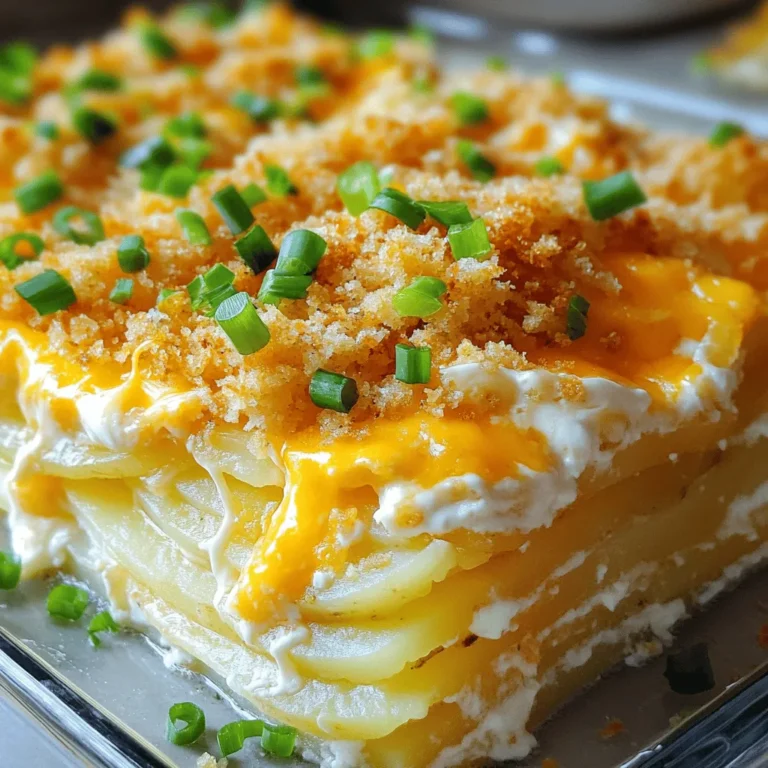 - Russet Potatoes: These large potatoes form the base of our casserole. Their starchy texture makes them creamy when baked. If you need a substitute, you can use Yukon Gold potatoes for a buttery flavor. - Sharp Cheddar Cheese: This cheese adds a bold flavor and melts beautifully. You can swap it with mild cheddar if you prefer a less intense taste. - Mozzarella Cheese: I like mozzarella for its stretchy texture. It creates a gooey layer. If you want a different taste, consider using Monterey Jack cheese. - Sour Cream: This adds creaminess and a bit of tang. Greek yogurt can work as a healthy alternative. - Heavy Cream: Heavy cream makes the casserole rich and smooth. If you're looking for a lighter option, use half-and-half or whole milk. - Onion: The onion gives a sweet and savory flavor. You can replace it with shallots for a milder taste. - Garlic: Minced garlic enhances the overall flavor. Garlic powder can be a quick substitute if needed. - Paprika: Paprika adds a subtle smokiness. You can use smoked paprika for more depth or omit it for a simpler dish. - Dried Thyme: This herb brings a warm, earthy taste. Oregano can be used as a substitute if you don’t have thyme. - Salt: Salt enhances all flavors. Feel free to adjust the amount to your taste. - Black Pepper: Freshly cracked pepper adds a nice kick. White pepper can replace it for a milder flavor. - Green Onions: Chopped green onions add a fresh touch as a garnish. You can skip this if you want a simpler look. - Breadcrumbs: These provide a crunchy topping. Panko breadcrumbs are a great substitute for extra crunch. - Butter: Melted butter helps the breadcrumbs brown nicely. You can use olive oil for a dairy-free option. Gather these ingredients for your Cheesy Potato Casserole Delightful Layered Dish. Each ingredient plays a key role in the rich flavor and texture of the casserole. For the full recipe, check the detailed instructions above. 1. Start by preheating your oven to 375°F (190°C). This step helps the casserole cook evenly. 2. Lightly grease your 9x13 inch baking dish. Use butter or cooking spray to prevent sticking. 3. In a large bowl, mix the sour cream and heavy cream together. This will be your creamy base. 4. Add the minced garlic, chopped onion, paprika, thyme, salt, and black pepper. Stir until smooth. 5. Begin layering the sliced potatoes. Place half on the bottom of your prepared dish. Cover the entire base. 6. Pour half of your creamy mixture over the potatoes. This adds flavor and moisture. 7. Sprinkle half of the shredded cheddar and mozzarella cheese on top. This creates a delightful melt. 1. After layering, cover the dish tightly with aluminum foil. Avoid letting the foil touch the cheese. 2. Place the covered dish in the oven and bake for 45 minutes. This allows the potatoes to soften. 3. After 45 minutes, carefully remove the foil. Continue baking for another 15-20 minutes. 4. Check for doneness. The top should be golden brown, and the potatoes tender when pierced with a fork. 5. Once done, remove the dish from the oven. Let it sit for about 10 minutes. This helps the layers set. 6. Just before serving, garnish with chopped green onions for a fresh touch. Enjoy your Cheesy Potato Casserole Delight! For the Full Recipe, refer back to the beginning. To make a great cheesy potato casserole, focus on texture. Use russet potatoes. They give the best creaminess. Slice them thinly for even cooking. This helps avoid undercooked or mushy spots. Watch out for common pitfalls. Don't rush the layering. Layer each ingredient evenly. This ensures all parts cook well. If the top gets too brown, cover it with foil. This protects the cheese while the potatoes finish cooking. Spices and herbs can elevate your dish. I love using paprika for a smoky touch. Dried thyme adds a nice earthiness too. You can also try adding garlic powder for extra flavor. Adjusting seasoning is key. If you like it spicy, add more black pepper. For a zestier taste, sprinkle in some cayenne pepper. Always taste as you go. This way, you can find your perfect balance of flavors. {{image_4}} You can switch up the flavors in your cheesy potato casserole by changing the cheeses and creams. Instead of sharp cheddar, try gouda or pepper jack for a spicy kick. Cream cheese can add a smooth texture and rich taste. For the creamy base, you can mix in Greek yogurt as a tangy option. You can also use a lighter sour cream if you prefer. Adding vegetables can enhance the dish. Try incorporating spinach, broccoli, or bell peppers. These veggies add color and nutrition. You can even mix in cooked bacon or ham for extra flavor. If you want a lighter dish, opt for low-fat cheese instead of regular cheese. You can also replace heavy cream with almond milk or cashew cream for a lighter texture. For a vegan casserole, swap all dairy ingredients. Use cashew cream or coconut milk for the creamy base. Nutritional yeast can provide that cheesy flavor without dairy. Making these changes allows you to enjoy delicious flavors while keeping your meal light and healthy. To keep your cheesy potato casserole fresh, store any leftovers in an airtight container. Make sure it cools to room temperature first. This step helps avoid excess moisture. You can refrigerate it for up to three days. When you're ready to enjoy it again, reheat your casserole in the oven for the best flavor. Set your oven to 350°F (175°C) and cover the dish with foil. Heat for about 20 minutes, or until warm. This method keeps the casserole from drying out. If you want to save some for later, you can freeze the casserole. Start by letting it cool completely. Then, wrap it tightly in plastic wrap and foil. This keeps out air and prevents freezer burn. The casserole can last up to two months in the freezer. To defrost, move it to the fridge overnight. Once it's thawed, reheat it in the oven. Set the oven to 350°F (175°C) again. Cover it with foil and heat for about 30 to 40 minutes. Check for warmth in the center before serving. For the full recipe, visit the linked section to make this delightful dish! How can I make my casserole creamier? To make your casserole creamier, use more sour cream and heavy cream. You can add cream cheese for extra thickness. Mixing in some milk also helps. Make sure to blend your creamy base well. What can I serve with cheesy potato casserole? Cheesy potato casserole pairs well with many dishes. Serve it with roasted chicken or grilled vegetables. A fresh salad adds a nice crunch, too. For a cozy meal, try it with meatloaf or pork chops. Why did my casserole turn out watery? A watery casserole often comes from too much liquid in the recipe. Make sure to measure your cream and sour cream carefully. Also, try to squeeze out excess moisture from the potatoes. If using fresh potatoes, let them sit for a bit before layering. How do I know when it’s fully cooked? Your casserole is done when the top is golden brown. You can check by poking the potatoes with a fork. If they are soft and tender, it’s ready. The cheese should also be bubbly and melted. In this blog post, we explored the key ingredients for cheesy potato casserole, along with preparation, baking tips, and delicious variations. Each ingredient plays a vital role, influencing flavor and texture. You learned how to avoid common mistakes and enhance flavors. We also covered storage practices to keep leftovers fresh. Remember, experimenting with ingredients can lead to new favorites. Don’t hesitate to try different flavors and variations. Enjoy making a dish that's not just comforting but also suits your taste!