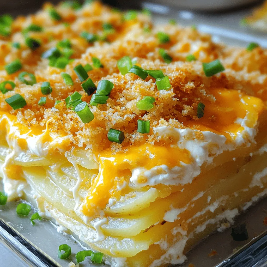 - Russet Potatoes: These large potatoes form the base of our casserole. Their starchy texture makes them creamy when baked. If you need a substitute, you can use Yukon Gold potatoes for a buttery flavor. - Sharp Cheddar Cheese: This cheese adds a bold flavor and melts beautifully. You can swap it with mild cheddar if you prefer a less intense taste. - Mozzarella Cheese: I like mozzarella for its stretchy texture. It creates a gooey layer. If you want a different taste, consider using Monterey Jack cheese. - Sour Cream: This adds creaminess and a bit of tang. Greek yogurt can work as a healthy alternative. - Heavy Cream: Heavy cream makes the casserole rich and smooth. If you're looking for a lighter option, use half-and-half or whole milk. - Onion: The onion gives a sweet and savory flavor. You can replace it with shallots for a milder taste. - Garlic: Minced garlic enhances the overall flavor. Garlic powder can be a quick substitute if needed. - Paprika: Paprika adds a subtle smokiness. You can use smoked paprika for more depth or omit it for a simpler dish. - Dried Thyme: This herb brings a warm, earthy taste. Oregano can be used as a substitute if you don’t have thyme. - Salt: Salt enhances all flavors. Feel free to adjust the amount to your taste. - Black Pepper: Freshly cracked pepper adds a nice kick. White pepper can replace it for a milder flavor. - Green Onions: Chopped green onions add a fresh touch as a garnish. You can skip this if you want a simpler look. - Breadcrumbs: These provide a crunchy topping. Panko breadcrumbs are a great substitute for extra crunch. - Butter: Melted butter helps the breadcrumbs brown nicely. You can use olive oil for a dairy-free option. Gather these ingredients for your Cheesy Potato Casserole Delightful Layered Dish. Each ingredient plays a key role in the rich flavor and texture of the casserole. For the full recipe, check the detailed instructions above. 1. Start by preheating your oven to 375°F (190°C). This step helps the casserole cook evenly. 2. Lightly grease your 9x13 inch baking dish. Use butter or cooking spray to prevent sticking. 3. In a large bowl, mix the sour cream and heavy cream together. This will be your creamy base. 4. Add the minced garlic, chopped onion, paprika, thyme, salt, and black pepper. Stir until smooth. 5. Begin layering the sliced potatoes. Place half on the bottom of your prepared dish. Cover the entire base. 6. Pour half of your creamy mixture over the potatoes. This adds flavor and moisture. 7. Sprinkle half of the shredded cheddar and mozzarella cheese on top. This creates a delightful melt. 1. After layering, cover the dish tightly with aluminum foil. Avoid letting the foil touch the cheese. 2. Place the covered dish in the oven and bake for 45 minutes. This allows the potatoes to soften. 3. After 45 minutes, carefully remove the foil. Continue baking for another 15-20 minutes. 4. Check for doneness. The top should be golden brown, and the potatoes tender when pierced with a fork. 5. Once done, remove the dish from the oven. Let it sit for about 10 minutes. This helps the layers set. 6. Just before serving, garnish with chopped green onions for a fresh touch. Enjoy your Cheesy Potato Casserole Delight! For the Full Recipe, refer back to the beginning. To make a great cheesy potato casserole, focus on texture. Use russet potatoes. They give the best creaminess. Slice them thinly for even cooking. This helps avoid undercooked or mushy spots. Watch out for common pitfalls. Don't rush the layering. Layer each ingredient evenly. This ensures all parts cook well. If the top gets too brown, cover it with foil. This protects the cheese while the potatoes finish cooking. Spices and herbs can elevate your dish. I love using paprika for a smoky touch. Dried thyme adds a nice earthiness too. You can also try adding garlic powder for extra flavor. Adjusting seasoning is key. If you like it spicy, add more black pepper. For a zestier taste, sprinkle in some cayenne pepper. Always taste as you go. This way, you can find your perfect balance of flavors. {{image_4}} You can switch up the flavors in your cheesy potato casserole by changing the cheeses and creams. Instead of sharp cheddar, try gouda or pepper jack for a spicy kick. Cream cheese can add a smooth texture and rich taste. For the creamy base, you can mix in Greek yogurt as a tangy option. You can also use a lighter sour cream if you prefer. Adding vegetables can enhance the dish. Try incorporating spinach, broccoli, or bell peppers. These veggies add color and nutrition. You can even mix in cooked bacon or ham for extra flavor. If you want a lighter dish, opt for low-fat cheese instead of regular cheese. You can also replace heavy cream with almond milk or cashew cream for a lighter texture. For a vegan casserole, swap all dairy ingredients. Use cashew cream or coconut milk for the creamy base. Nutritional yeast can provide that cheesy flavor without dairy. Making these changes allows you to enjoy delicious flavors while keeping your meal light and healthy. To keep your cheesy potato casserole fresh, store any leftovers in an airtight container. Make sure it cools to room temperature first. This step helps avoid excess moisture. You can refrigerate it for up to three days. When you're ready to enjoy it again, reheat your casserole in the oven for the best flavor. Set your oven to 350°F (175°C) and cover the dish with foil. Heat for about 20 minutes, or until warm. This method keeps the casserole from drying out. If you want to save some for later, you can freeze the casserole. Start by letting it cool completely. Then, wrap it tightly in plastic wrap and foil. This keeps out air and prevents freezer burn. The casserole can last up to two months in the freezer. To defrost, move it to the fridge overnight. Once it's thawed, reheat it in the oven. Set the oven to 350°F (175°C) again. Cover it with foil and heat for about 30 to 40 minutes. Check for warmth in the center before serving. For the full recipe, visit the linked section to make this delightful dish! How can I make my casserole creamier? To make your casserole creamier, use more sour cream and heavy cream. You can add cream cheese for extra thickness. Mixing in some milk also helps. Make sure to blend your creamy base well. What can I serve with cheesy potato casserole? Cheesy potato casserole pairs well with many dishes. Serve it with roasted chicken or grilled vegetables. A fresh salad adds a nice crunch, too. For a cozy meal, try it with meatloaf or pork chops. Why did my casserole turn out watery? A watery casserole often comes from too much liquid in the recipe. Make sure to measure your cream and sour cream carefully. Also, try to squeeze out excess moisture from the potatoes. If using fresh potatoes, let them sit for a bit before layering. How do I know when it’s fully cooked? Your casserole is done when the top is golden brown. You can check by poking the potatoes with a fork. If they are soft and tender, it’s ready. The cheese should also be bubbly and melted. In this blog post, we explored the key ingredients for cheesy potato casserole, along with preparation, baking tips, and delicious variations. Each ingredient plays a vital role, influencing flavor and texture. You learned how to avoid common mistakes and enhance flavors. We also covered storage practices to keep leftovers fresh. Remember, experimenting with ingredients can lead to new favorites. Don’t hesitate to try different flavors and variations. Enjoy making a dish that's not just comforting but also suits your taste!