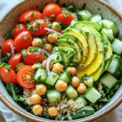 - 1 cup quinoa - 2 cups vegetable broth - 1 can (15 oz) chickpeas - 1 cup cherry tomatoes - 1 medium cucumber - 1 ripe avocado - 1 cup fresh baby spinach - 1/4 cup red onion - 2 tablespoons extra virgin olive oil - 2 tablespoons freshly squeezed lemon juice - 1 teaspoon ground cumin - Salt and freshly cracked black pepper - Fresh parsley or cilantro The quinoa chickpea power bowl is a great meal for lunch or dinner. You get protein and fiber from both the quinoa and chickpeas. They help you feel full and satisfied. To start, gather your main ingredients. Quinoa is the base of this bowl. It cooks quickly and is very nutritious. Chickpeas add a nice texture and flavor. The cherry tomatoes and cucumber bring freshness and crunch. For the dressing, I love using extra virgin olive oil and lemon juice. They balance well with the other flavors. Ground cumin adds a warm, earthy note. Adjust the salt and pepper to your taste for the perfect finish. You can also play with your garnishes. Fresh parsley or cilantro adds a pop of color and extra flavor. For the full recipe, check out the detailed steps later. Enjoy creating this delicious meal! - Rinse quinoa thoroughly. - Combine with vegetable broth and bring to boil. - Cover and simmer for 15 minutes. Cooking quinoa is simple and fast. Rinsing removes any bitterness. It also helps the quinoa taste fresher. Using vegetable broth adds flavor. Boil the broth before adding quinoa. Once it boils, reduce the heat. Cover the pot tightly. Let it simmer until all liquid is gone. Fluff it with a fork once done. - Whisk together olive oil, lemon juice, cumin, salt, and pepper. Making the dressing is quick. Use a small bowl for this step. Combine olive oil and lemon juice first. Then add cumin, salt, and pepper. Whisk until the mixture is smooth. Taste it and adjust as needed. This dressing adds a zesty touch to your bowl. - Fluff cooked quinoa and transfer to a mixing bowl. - Add chickpeas, tomatoes, cucumber, onion, and spinach. - Toss with dressing and serve. Assembling the power bowl is fun! Start by fluffing the quinoa. Transfer it to a large mixing bowl. Then add drained chickpeas for protein. Next, toss in halved tomatoes for sweetness. Add diced cucumber for crunch. Finely chopped onion gives it a kick. Finally, mix in fresh spinach for color and nutrients. Drizzle the dressing on top. Toss everything gently to coat. Your vibrant quinoa chickpea power bowl is ready to enjoy. For the full recipe, check out the details above. To cook quinoa fluffily, rinse it well before use. This removes the bitter coating. Next, boil quinoa in vegetable broth for added flavor. Reduce heat and cover the pot. Let it simmer for about 15 minutes. After cooking, let it rest for 5 minutes before fluffing it with a fork. This helps the grains separate nicely. For storing leftovers, cool the quinoa chickpea power bowl to room temperature. Transfer it to an airtight container. It will last in the fridge for about three days. When you want to eat it, just reheat in the microwave or on the stove. For extra creaminess, try adding tahini. It gives the bowl a rich taste. Mix it in with the dressing or drizzle it on top before serving. Using seasonal vegetables also boosts freshness. In summer, add zucchini or bell peppers. In winter, try roasted sweet potatoes or Brussels sprouts for warmth. This power bowl pairs well with a side of whole-grain bread or a light salad. For a crunchy touch, add some toasted nuts or seeds on top. When it comes to presentation, serve the bowl in colorful dishes. This makes the meal pop visually. Garnish with fresh herbs like parsley or cilantro for a lively look. You can also add a squeeze of lemon juice on top for a fresh finish. For the complete recipe, check out the [Full Recipe]. {{image_4}} You can add more protein to your quinoa chickpea power bowl. Grilled chicken makes a tasty choice. It adds a nice smoky flavor. Tofu is another great option. It absorbs the dressing well and is plant-based. You can also mix in other legumes. Black beans are a great option. They add a creamy texture and good taste. This recipe is naturally vegan and gluten-free. You can easily adjust it to fit your needs. If you want to swap chickpeas, try white beans or lentils. Both will work well. They provide protein and fiber just like chickpeas. You can change this bowl with the seasons. In fall, try adding roasted vegetables. Sweet potatoes or carrots add warmth and flavor. In summer, fresh herbs like basil shine. They bring a light and bright taste to the dish. Changing ingredients keeps your power bowl exciting and fresh. For the full recipe, check out the recipe section. The quinoa chickpea power bowl is great for meal prep. It lasts up to four days in the fridge. Store it in an airtight container to keep it fresh. Before serving, check for any signs of spoilage. If it looks or smells off, toss it out. Yes, you can freeze the power bowl! To do this, let it cool completely first. Then, place it in a freezer-safe container. Make sure to leave some space for expansion. It will stay good for up to three months. When ready to eat, thaw it in the fridge overnight before reheating. For the best taste, reheat the power bowl gently. Use the microwave or a stovetop pan. If using the microwave, cover your bowl to keep moisture in. Heat in short bursts, stirring in between. If using the stovetop, add a splash of water to help with steaming. This keeps the quinoa fluffy and tasty. For a fresh touch, add a few more slices of avocado or herbs after reheating. A power bowl is a meal in a bowl. It combines grains, proteins, and veggies. This dish packs a lot of nutrients. You can customize it to your taste. Power bowls are great for lunch or dinner. They are colorful and fun to eat. Each ingredient adds texture and flavor. You can mix and match as you like. Yes, you can prepare this dish in advance. Cook the quinoa and chickpeas first. Store them in airtight containers. Keep the dressing separate to avoid sogginess. You can store the power bowl in the fridge. It lasts about three days. Before serving, add fresh ingredients. This keeps everything crisp and yummy. Quinoa is a complete protein. It has all nine essential amino acids. Chickpeas add more protein and fiber. Together, they keep you full longer. Fresh veggies add vitamins and minerals. Spinach is rich in iron, and tomatoes have antioxidants. Avocado provides healthy fats. This dish promotes good health and energy. Eating it helps your body and mind. This power bowl recipe combines healthy ingredients like quinoa, chickpeas, and fresh veggies. You learned how to cook quinoa, make a tasty dressing, and assemble an appealing dish. Don’t forget our tips to enhance flavor and presentation. Whether you add grilled chicken or seasonal veggies, there are many ways to customize your bowl. Remember to store leftovers properly for best results. Enjoy experimenting with this versatile recipe and make it your own!