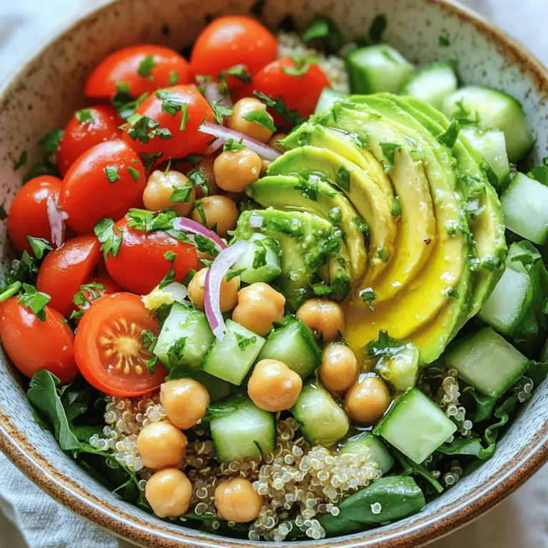 - 1 cup quinoa - 2 cups vegetable broth - 1 can (15 oz) chickpeas - 1 cup cherry tomatoes - 1 medium cucumber - 1 ripe avocado - 1 cup fresh baby spinach - 1/4 cup red onion - 2 tablespoons extra virgin olive oil - 2 tablespoons freshly squeezed lemon juice - 1 teaspoon ground cumin - Salt and freshly cracked black pepper - Fresh parsley or cilantro The quinoa chickpea power bowl is a great meal for lunch or dinner. You get protein and fiber from both the quinoa and chickpeas. They help you feel full and satisfied. To start, gather your main ingredients. Quinoa is the base of this bowl. It cooks quickly and is very nutritious. Chickpeas add a nice texture and flavor. The cherry tomatoes and cucumber bring freshness and crunch. For the dressing, I love using extra virgin olive oil and lemon juice. They balance well with the other flavors. Ground cumin adds a warm, earthy note. Adjust the salt and pepper to your taste for the perfect finish. You can also play with your garnishes. Fresh parsley or cilantro adds a pop of color and extra flavor. For the full recipe, check out the detailed steps later. Enjoy creating this delicious meal! - Rinse quinoa thoroughly. - Combine with vegetable broth and bring to boil. - Cover and simmer for 15 minutes. Cooking quinoa is simple and fast. Rinsing removes any bitterness. It also helps the quinoa taste fresher. Using vegetable broth adds flavor. Boil the broth before adding quinoa. Once it boils, reduce the heat. Cover the pot tightly. Let it simmer until all liquid is gone. Fluff it with a fork once done. - Whisk together olive oil, lemon juice, cumin, salt, and pepper. Making the dressing is quick. Use a small bowl for this step. Combine olive oil and lemon juice first. Then add cumin, salt, and pepper. Whisk until the mixture is smooth. Taste it and adjust as needed. This dressing adds a zesty touch to your bowl. - Fluff cooked quinoa and transfer to a mixing bowl. - Add chickpeas, tomatoes, cucumber, onion, and spinach. - Toss with dressing and serve. Assembling the power bowl is fun! Start by fluffing the quinoa. Transfer it to a large mixing bowl. Then add drained chickpeas for protein. Next, toss in halved tomatoes for sweetness. Add diced cucumber for crunch. Finely chopped onion gives it a kick. Finally, mix in fresh spinach for color and nutrients. Drizzle the dressing on top. Toss everything gently to coat. Your vibrant quinoa chickpea power bowl is ready to enjoy. For the full recipe, check out the details above. To cook quinoa fluffily, rinse it well before use. This removes the bitter coating. Next, boil quinoa in vegetable broth for added flavor. Reduce heat and cover the pot. Let it simmer for about 15 minutes. After cooking, let it rest for 5 minutes before fluffing it with a fork. This helps the grains separate nicely. For storing leftovers, cool the quinoa chickpea power bowl to room temperature. Transfer it to an airtight container. It will last in the fridge for about three days. When you want to eat it, just reheat in the microwave or on the stove. For extra creaminess, try adding tahini. It gives the bowl a rich taste. Mix it in with the dressing or drizzle it on top before serving. Using seasonal vegetables also boosts freshness. In summer, add zucchini or bell peppers. In winter, try roasted sweet potatoes or Brussels sprouts for warmth. This power bowl pairs well with a side of whole-grain bread or a light salad. For a crunchy touch, add some toasted nuts or seeds on top. When it comes to presentation, serve the bowl in colorful dishes. This makes the meal pop visually. Garnish with fresh herbs like parsley or cilantro for a lively look. You can also add a squeeze of lemon juice on top for a fresh finish. For the complete recipe, check out the [Full Recipe]. {{image_4}} You can add more protein to your quinoa chickpea power bowl. Grilled chicken makes a tasty choice. It adds a nice smoky flavor. Tofu is another great option. It absorbs the dressing well and is plant-based. You can also mix in other legumes. Black beans are a great option. They add a creamy texture and good taste. This recipe is naturally vegan and gluten-free. You can easily adjust it to fit your needs. If you want to swap chickpeas, try white beans or lentils. Both will work well. They provide protein and fiber just like chickpeas. You can change this bowl with the seasons. In fall, try adding roasted vegetables. Sweet potatoes or carrots add warmth and flavor. In summer, fresh herbs like basil shine. They bring a light and bright taste to the dish. Changing ingredients keeps your power bowl exciting and fresh. For the full recipe, check out the recipe section. The quinoa chickpea power bowl is great for meal prep. It lasts up to four days in the fridge. Store it in an airtight container to keep it fresh. Before serving, check for any signs of spoilage. If it looks or smells off, toss it out. Yes, you can freeze the power bowl! To do this, let it cool completely first. Then, place it in a freezer-safe container. Make sure to leave some space for expansion. It will stay good for up to three months. When ready to eat, thaw it in the fridge overnight before reheating. For the best taste, reheat the power bowl gently. Use the microwave or a stovetop pan. If using the microwave, cover your bowl to keep moisture in. Heat in short bursts, stirring in between. If using the stovetop, add a splash of water to help with steaming. This keeps the quinoa fluffy and tasty. For a fresh touch, add a few more slices of avocado or herbs after reheating. A power bowl is a meal in a bowl. It combines grains, proteins, and veggies. This dish packs a lot of nutrients. You can customize it to your taste. Power bowls are great for lunch or dinner. They are colorful and fun to eat. Each ingredient adds texture and flavor. You can mix and match as you like. Yes, you can prepare this dish in advance. Cook the quinoa and chickpeas first. Store them in airtight containers. Keep the dressing separate to avoid sogginess. You can store the power bowl in the fridge. It lasts about three days. Before serving, add fresh ingredients. This keeps everything crisp and yummy. Quinoa is a complete protein. It has all nine essential amino acids. Chickpeas add more protein and fiber. Together, they keep you full longer. Fresh veggies add vitamins and minerals. Spinach is rich in iron, and tomatoes have antioxidants. Avocado provides healthy fats. This dish promotes good health and energy. Eating it helps your body and mind. This power bowl recipe combines healthy ingredients like quinoa, chickpeas, and fresh veggies. You learned how to cook quinoa, make a tasty dressing, and assemble an appealing dish. Don’t forget our tips to enhance flavor and presentation. Whether you add grilled chicken or seasonal veggies, there are many ways to customize your bowl. Remember to store leftovers properly for best results. Enjoy experimenting with this versatile recipe and make it your own!