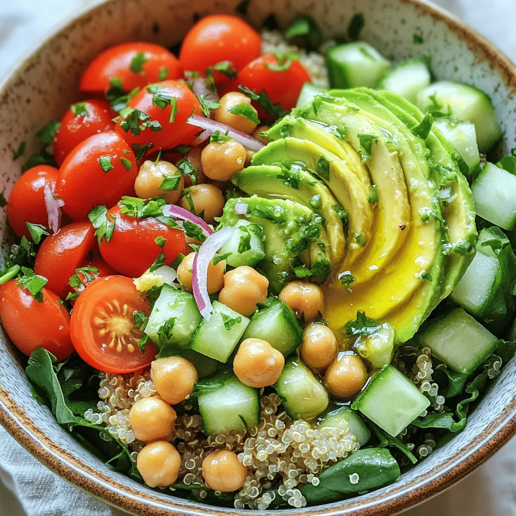 - 1 cup quinoa - 2 cups vegetable broth - 1 can (15 oz) chickpeas - 1 cup cherry tomatoes - 1 medium cucumber - 1 ripe avocado - 1 cup fresh baby spinach - 1/4 cup red onion - 2 tablespoons extra virgin olive oil - 2 tablespoons freshly squeezed lemon juice - 1 teaspoon ground cumin - Salt and freshly cracked black pepper - Fresh parsley or cilantro The quinoa chickpea power bowl is a great meal for lunch or dinner. You get protein and fiber from both the quinoa and chickpeas. They help you feel full and satisfied. To start, gather your main ingredients. Quinoa is the base of this bowl. It cooks quickly and is very nutritious. Chickpeas add a nice texture and flavor. The cherry tomatoes and cucumber bring freshness and crunch. For the dressing, I love using extra virgin olive oil and lemon juice. They balance well with the other flavors. Ground cumin adds a warm, earthy note. Adjust the salt and pepper to your taste for the perfect finish. You can also play with your garnishes. Fresh parsley or cilantro adds a pop of color and extra flavor. For the full recipe, check out the detailed steps later. Enjoy creating this delicious meal! - Rinse quinoa thoroughly. - Combine with vegetable broth and bring to boil. - Cover and simmer for 15 minutes. Cooking quinoa is simple and fast. Rinsing removes any bitterness. It also helps the quinoa taste fresher. Using vegetable broth adds flavor. Boil the broth before adding quinoa. Once it boils, reduce the heat. Cover the pot tightly. Let it simmer until all liquid is gone. Fluff it with a fork once done. - Whisk together olive oil, lemon juice, cumin, salt, and pepper. Making the dressing is quick. Use a small bowl for this step. Combine olive oil and lemon juice first. Then add cumin, salt, and pepper. Whisk until the mixture is smooth. Taste it and adjust as needed. This dressing adds a zesty touch to your bowl. - Fluff cooked quinoa and transfer to a mixing bowl. - Add chickpeas, tomatoes, cucumber, onion, and spinach. - Toss with dressing and serve. Assembling the power bowl is fun! Start by fluffing the quinoa. Transfer it to a large mixing bowl. Then add drained chickpeas for protein. Next, toss in halved tomatoes for sweetness. Add diced cucumber for crunch. Finely chopped onion gives it a kick. Finally, mix in fresh spinach for color and nutrients. Drizzle the dressing on top. Toss everything gently to coat. Your vibrant quinoa chickpea power bowl is ready to enjoy. For the full recipe, check out the details above. To cook quinoa fluffily, rinse it well before use. This removes the bitter coating. Next, boil quinoa in vegetable broth for added flavor. Reduce heat and cover the pot. Let it simmer for about 15 minutes. After cooking, let it rest for 5 minutes before fluffing it with a fork. This helps the grains separate nicely. For storing leftovers, cool the quinoa chickpea power bowl to room temperature. Transfer it to an airtight container. It will last in the fridge for about three days. When you want to eat it, just reheat in the microwave or on the stove. For extra creaminess, try adding tahini. It gives the bowl a rich taste. Mix it in with the dressing or drizzle it on top before serving. Using seasonal vegetables also boosts freshness. In summer, add zucchini or bell peppers. In winter, try roasted sweet potatoes or Brussels sprouts for warmth. This power bowl pairs well with a side of whole-grain bread or a light salad. For a crunchy touch, add some toasted nuts or seeds on top. When it comes to presentation, serve the bowl in colorful dishes. This makes the meal pop visually. Garnish with fresh herbs like parsley or cilantro for a lively look. You can also add a squeeze of lemon juice on top for a fresh finish. For the complete recipe, check out the [Full Recipe]. {{image_4}} You can add more protein to your quinoa chickpea power bowl. Grilled chicken makes a tasty choice. It adds a nice smoky flavor. Tofu is another great option. It absorbs the dressing well and is plant-based. You can also mix in other legumes. Black beans are a great option. They add a creamy texture and good taste. This recipe is naturally vegan and gluten-free. You can easily adjust it to fit your needs. If you want to swap chickpeas, try white beans or lentils. Both will work well. They provide protein and fiber just like chickpeas. You can change this bowl with the seasons. In fall, try adding roasted vegetables. Sweet potatoes or carrots add warmth and flavor. In summer, fresh herbs like basil shine. They bring a light and bright taste to the dish. Changing ingredients keeps your power bowl exciting and fresh. For the full recipe, check out the recipe section. The quinoa chickpea power bowl is great for meal prep. It lasts up to four days in the fridge. Store it in an airtight container to keep it fresh. Before serving, check for any signs of spoilage. If it looks or smells off, toss it out. Yes, you can freeze the power bowl! To do this, let it cool completely first. Then, place it in a freezer-safe container. Make sure to leave some space for expansion. It will stay good for up to three months. When ready to eat, thaw it in the fridge overnight before reheating. For the best taste, reheat the power bowl gently. Use the microwave or a stovetop pan. If using the microwave, cover your bowl to keep moisture in. Heat in short bursts, stirring in between. If using the stovetop, add a splash of water to help with steaming. This keeps the quinoa fluffy and tasty. For a fresh touch, add a few more slices of avocado or herbs after reheating. A power bowl is a meal in a bowl. It combines grains, proteins, and veggies. This dish packs a lot of nutrients. You can customize it to your taste. Power bowls are great for lunch or dinner. They are colorful and fun to eat. Each ingredient adds texture and flavor. You can mix and match as you like. Yes, you can prepare this dish in advance. Cook the quinoa and chickpeas first. Store them in airtight containers. Keep the dressing separate to avoid sogginess. You can store the power bowl in the fridge. It lasts about three days. Before serving, add fresh ingredients. This keeps everything crisp and yummy. Quinoa is a complete protein. It has all nine essential amino acids. Chickpeas add more protein and fiber. Together, they keep you full longer. Fresh veggies add vitamins and minerals. Spinach is rich in iron, and tomatoes have antioxidants. Avocado provides healthy fats. This dish promotes good health and energy. Eating it helps your body and mind. This power bowl recipe combines healthy ingredients like quinoa, chickpeas, and fresh veggies. You learned how to cook quinoa, make a tasty dressing, and assemble an appealing dish. Don’t forget our tips to enhance flavor and presentation. Whether you add grilled chicken or seasonal veggies, there are many ways to customize your bowl. Remember to store leftovers properly for best results. Enjoy experimenting with this versatile recipe and make it your own!