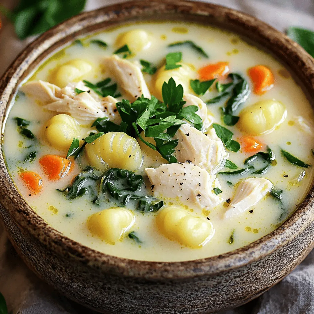 - 1 lb boneless, skinless chicken breasts - 1 package (16 oz) potato gnocchi - 4 cups chicken broth - 1 cup heavy cream - 2 cups fresh spinach The main ingredients create a rich and hearty soup. The chicken adds protein and flavor. Gnocchi gives a soft and chewy texture. Chicken broth makes the soup warm and comforting. Heavy cream adds creaminess. Fresh spinach adds color and nutrients. - Italian seasoning - Salt and freshly cracked black pepper - Fresh parsley for garnish Seasonings bring out the flavors in the soup. Italian seasoning adds a mix of herbs. Salt and pepper enhance taste. Fresh parsley makes a lovely garnish. - Olive oil - Medium onion - Carrots and celery These cooking essentials help build the soup’s base. Olive oil adds richness. Onion gives a sweet flavor when cooked. Carrots and celery add crunch and depth. For the full recipe, check out the detailed cooking steps. Trust me, you will love this soup! Heat a tablespoon of olive oil in a large pot over medium heat. Add 1 pound of diced chicken breasts. Season it well with salt and black pepper. Cook for about 5 to 7 minutes, stirring often. The chicken should turn golden brown. Once cooked, set it aside on a plate. In the same pot, add 1 medium onion, 2 diced carrots, and 2 diced celery stalks. Cook these for about 5 minutes. You want them tender but not mushy. Stir them frequently to avoid burning. Next, add 3 minced garlic cloves. Sauté for another minute to let the garlic flavor shine through. Now, pour in 4 cups of chicken broth. Stir to mix everything well. Increase the heat to bring the broth to a gentle boil. Once boiling, lower the heat to let it simmer. After a few minutes, add a package of potato gnocchi. Cook them for about 3 to 4 minutes until they float to the top, showing they are done. Return the cooked chicken to the pot. Stir in 1 cup of heavy cream and 1 teaspoon of Italian seasoning. Add 2 cups of chopped fresh spinach. Mix everything well and let it cook for another 3 to 5 minutes. This helps the spinach wilt and the soup heat up. Finally, taste the soup and adjust the seasoning with more salt and black pepper if needed. To see the full recipe, check out the Full Recipe section. To know when gnocchi is done, look for them to float. This means they are ready to eat. Cook them for about 3-4 minutes in the soup. If they sink, give them a minute more. To reheat the soup without losing creaminess, use a gentle heat. Heat it slowly on a stove. Stir often to keep it smooth. If it thickens too much, add a splash of broth or cream. You can boost the flavor with extra herbs and spices. Fresh thyme, rosemary, or basil work great. A dash of nutmeg adds warmth. Experiment to find your favorite mix. For a kick of heat, add red pepper flakes. Start with a pinch, then taste the soup. You can always add more if you like it spicy. For a creative serving idea, use rustic bowls. This makes the soup feel cozy. A drizzle of olive oil on top looks nice and adds flavor. Pair the soup with crusty bread for dipping. A crisp green salad or a light white wine makes a great side. Enjoy your meal with family and friends! For the full recipe, check out the complete guide! {{image_4}} You can switch up the chicken in this recipe. Rotisserie chicken works well. It saves time and adds great flavor. You can also use turkey if you prefer. For a vegan version, try using chickpeas or lentils. These options make a hearty soup without meat. Adding cheese can make the soup rich and creamy. Parmesan or mozzarella melts well and adds depth. You can also swap the greens in the soup. Try using kale or arugula for a different taste and texture. Seasonal vegetables can make this soup even better. In fall, add butternut squash or carrots. In spring, try peas or asparagus. You can also change the broth. Using vegetable broth can create a lighter flavor. Chicken broth gives it a heartier taste. Experiment with different combinations to find your favorite! To store leftover soup, let it cool down first. Transfer the soup to an airtight container. This helps keep it fresh. Place it in the fridge. It should stay good for about three to four days. If you want to keep it longer, freezing is a better option. To maintain freshness, always use clean utensils. Avoid dipping directly into the soup pot. This helps prevent germs and keeps your soup tasty. Freezing soup is easy. First, let it cool completely. Then, pour it into freezer-safe containers. Leave some space at the top. Soup expands when it freezes. It should stay fresh for up to three months. When you're ready to eat, thaw the soup in the fridge overnight. You can also use the microwave. Just make sure to stir it while reheating. This helps it heat evenly. In the fridge, Creamy Chicken and Gnocchi Soup lasts about three to four days. If you notice any off smells or changes in color, it’s best to throw it away. Watch for signs like mold or a strange texture. If you see any of these, do not eat the soup. Always trust your senses. Fresh food is key to great meals! You can find the Full Recipe for this comforting dish above. Yes, you can make this soup ahead of time. To keep it fresh, store it in an airtight container. Let it cool first, then refrigerate. When you reheat it, do so gently on low heat. Stir often to prevent sticking. If the soup thickens too much, add a little chicken broth or cream to restore its creamy texture. Most gnocchi is made with wheat flour, which contains gluten. However, you can find gluten-free gnocchi made from potato or rice flour. These options work well in this soup. Always check the package to ensure it meets your dietary needs. Yes, you can use frozen spinach! It’s a great time-saver. Just thaw it first and squeeze out excess water. Add it to the soup near the end of cooking. This keeps the vibrant color and flavor while saving you prep time. This soup pairs well with crusty bread or a simple salad. A fresh green salad adds a nice crunch. You can also serve it with garlic bread for a comforting touch. Enjoy a glass of white wine for a delightful meal! For the full recipe, check out the earlier section. In summary, we explored the wonderful recipe for Creamy Chicken and Gnocchi Soup. You learned about the main ingredients, cooking steps, and useful tips to enhance flavor. Remember to consider substitutions like rotisserie chicken or vegan options for variety. Proper storage keeps leftovers fresh for your next meal. This soup is not just tasty; it's also versatile and easy to make. Enjoy crafting this dish and share it with friends and family. You'll impress everyone with your cooking skills. Happy cooking!