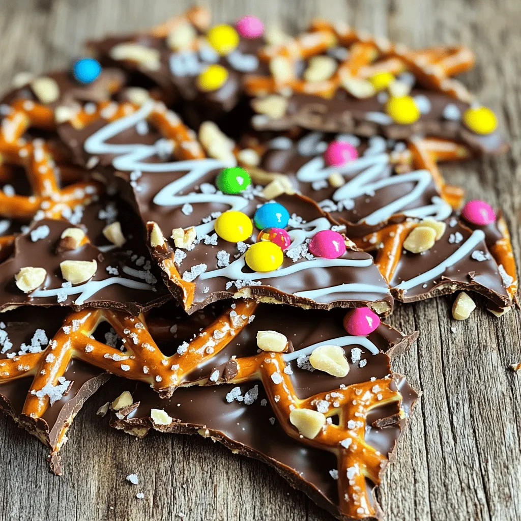 - 2 cups pretzel sticks - 1 cup semi-sweet chocolate chips - 1/2 cup white chocolate chips - 1/4 cup crushed nuts (almonds, peanuts, pecans) - 1/4 cup mini chocolate candies (M&M's) - Sea salt for sprinkling - Microwave-safe bowls - Spatula - Baking sheet - Parchment paper To make chocolate covered pretzel bark, you need just a few key ingredients. Start with pretzel sticks. They add a nice crunch. The semi-sweet chocolate chips give the bark its rich flavor. White chocolate chips add sweetness and a lovely contrast. Now, let’s talk options. You can add crushed nuts for extra texture. Choose from almonds, peanuts, or pecans. Mini chocolate candies, like M&M's, add fun colors and tastes. A sprinkle of sea salt on top can enhance all the flavors. You will also need some tools. A microwave-safe bowl is key for melting the chocolate. A spatula will help you mix and spread everything evenly. The baking sheet is where you will pour the mixture. Finally, parchment paper will make clean-up easy and help the bark come off smoothly. This simple list makes it easy to gather what you need. For the full recipe, you can check the details above. Enjoy creating this sweet treat! To start, line your baking sheet with parchment paper. This helps in two ways: it keeps the bark from sticking, and it makes cleanup easy. Make sure the parchment covers the entire sheet for best results. Next, we will melt the semi-sweet chocolate. Place the chocolate chips in a microwave-safe bowl. Heat them in the microwave for 30 seconds. After that, take it out and stir. Repeat this until the chocolate is smooth. This should only take 1-2 minutes total. Watch carefully to avoid burning the chocolate. Now it's time to coat the pretzels. In a large mixing bowl, add the broken pretzel pieces to the melted chocolate. Mix well. You want every piece of pretzel to be covered in chocolate. This step is key for that delicious flavor. Once coated, pour the chocolate-covered pretzel mix onto the lined baking sheet. Use a spatula to spread it out evenly. Take your white chocolate chips and melt them the same way. Drizzle the melted white chocolate over the pretzels in a zigzag pattern. While it’s still warm, sprinkle the crushed nuts and mini chocolate candies on top. For a finishing touch, add a pinch of sea salt. This will enhance the sweetness. Finally, chill the bark in the refrigerator. Leave it there for about 30-60 minutes until it sets hard. Once firm, take it out and break it into pieces. You can use your hands or a mallet for this. Enjoy your chocolate-covered pretzel bark as a treat or share it with friends! For the full recipe, click here! To keep your chocolate-covered pretzel bark fresh, use an airtight container. This keeps moisture out and keeps the bark crunchy. You can also divide it into smaller pieces. This makes it easy to grab a snack anytime. If you plan to store it for a long time, consider freezing it. Just wrap it tightly in plastic wrap, then place it in a freezer bag. You can freeze it for up to three months without losing its taste. When serving your bark, think about how to make it look nice. Place it on a decorative platter for a fun touch. You can also package pieces in clear bags tied with ribbons. This makes a great gift. For special occasions, you can add seasonal decorations, like sprinkles or themed candies. This adds a festive feel to your treat. Many people struggle with melting chocolate. To avoid burning it, use short bursts in the microwave. Heat the chocolate in 30-second intervals, stirring in between. This helps it melt evenly. Another tip is to avoid water. Even a drop can make chocolate seize up. Make sure your bowls and utensils are dry. Lastly, if the texture seems thick, you can add a teaspoon of vegetable oil. This will help create a smooth finish. {{image_4}} You can make this treat even more fun! Try adding different candies or flavors. For a fruity twist, use dried fruit like cranberries or cherries. You can also add crushed cookies, like Oreos, for a crunchy mix. If you love mint, consider using mint chocolate chips instead of semi-sweet. The options are endless! If you need to make it gluten-free, use gluten-free pretzels. For a vegan option, swap the chocolate chips for dairy-free ones. Many brands now offer great dairy-free chocolate. You can also use coconut oil to help melt the chocolate smoothly. This way, everyone can enjoy this tasty treat! Adapt this recipe for holidays or special events! For Halloween, add candy corn or sprinkle orange and black candies. Christmas calls for red and green M&M's or crushed candy canes. For Easter, pastel-colored candies give a cheerful touch. These little changes make your bark perfect for any celebration. For more details and tips, check out the Full Recipe! To keep your chocolate covered pretzel bark fresh, use airtight containers. These containers help prevent moisture and air from ruining the bark. You can also use a freezer-safe container for longer storage. If you choose to freeze it, wrap the bark in plastic wrap before placing it in the container. This extra layer protects it from freezer burn. Chocolate covered pretzel bark lasts about two weeks at room temperature. If stored in the fridge, it can last up to a month. In the freezer, the bark can stay good for about three months. Always label your containers with the date to track freshness easily. Look for changes in texture or smell. If the bark feels sticky or soft, it may be spoiled. If you see white spots, that means the chocolate has bloomed. While it’s safe to eat, it may not taste as good. Trust your senses; if it smells off, it’s best to toss it. Enjoy your sweet treat while it's at its best! To melt chocolate safely, follow these steps: 1. Choose the Right Bowl: Use a microwave-safe bowl. Glass or ceramic works best. 2. Measure Chocolate: Add the chocolate chips to the bowl. 3. Start Melting: Heat in the microwave for 30 seconds. 4. Stir: After 30 seconds, stir the chocolate well. 5. Continue Heating: Heat for 15-30 seconds more, stirring after each time. 6. Check for Smoothness: Stop when the chocolate is shiny and smooth, not burnt. These steps will help you melt chocolate perfectly every time. It takes about 1-2 minutes in total. Yes, you can use other chocolate types! Here are some options: - Dark Chocolate: This gives a rich flavor. - Milk Chocolate: This adds sweetness and creaminess. - White Chocolate: This is great for a sweet, creamy taste. Mix and match these chocolates to find your favorite combo. Each type brings a unique flavor that makes the bark fun! To make your pretzel bark gift-ready, consider these tips: - Use a Clear Jar: A glass jar shows off the bark's beauty. - Add a Ribbon: Tie a colorful ribbon around the jar for flair. - Decorative Box: Place the bark in a decorative box for a special touch. These ideas make your treat look inviting and personal. Yes, you can make this recipe ahead of time! Here’s how to do it: - Prepare and Chill: Follow the recipe and chill the bark as usual. - Store Properly: Once set, break the bark into pieces. - Use an Airtight Container: Store it in an airtight container. This way, the bark stays fresh and tasty for up to two weeks. You can find pre-made chocolate-covered pretzel bark at: - Local Candy Shops: Many sell homemade options. - Grocery Stores: Look in the snack or candy aisle. - Online Retailers: Websites like Amazon often have various brands. These options let you enjoy the treat without making it yourself! In this blog post, we covered a simple recipe for chocolate-covered pretzel bark. I provided lists of main and optional ingredients to customize your treat. You learned step-by-step instructions, tips for storage, and common mistakes to avoid. Remember, you can tailor your bark with different flavors and dietary options. Enjoy making and sharing this fun snack. Your friends and family will love it!
