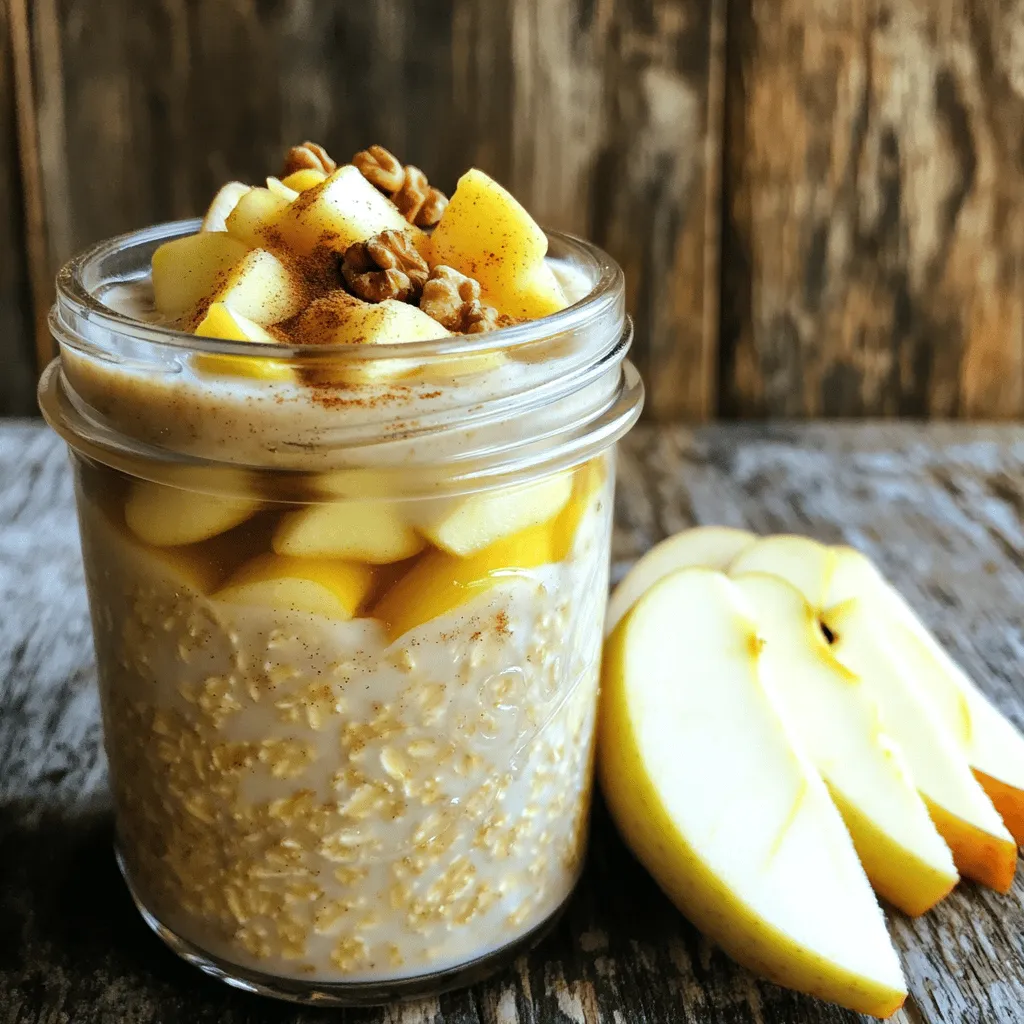 - 1 cup rolled oats - 2 cups almond milk - 1 sweet apple, diced - 1 teaspoon ground cinnamon - 2 tablespoons maple syrup - Optional: 1/4 cup Greek yogurt - Optional: 1/4 cup walnuts The main ingredients for this dish are simple and easy to find. You need rolled oats, which serve as the base. Almond milk adds creaminess without dairy. A sweet apple gives a fresh taste. Ground cinnamon brings warmth and spice. Maple syrup sweetens the mix naturally. You can add Greek yogurt for extra creaminess and walnuts for crunch. - Additional apple slices - Sprinkle of cinnamon - Fresh mint leaves for garnish For garnishing, slice up extra apples to place on top. A sprinkle of cinnamon adds a lovely touch. Fresh mint leaves not only look great but also add a pop of flavor. These simple garnishes make your oats look beautiful and inviting. If you want to try this tasty Apple Cinnamon Overnight Oats recipe, check out the full recipe for detailed instructions. In a medium bowl, combine: - 1 cup rolled oats - 2 cups almond milk - 1 sweet apple, diced - 1 teaspoon ground cinnamon - 2 tablespoons maple syrup - A pinch of salt If you want a creamier mix, fold in 1/4 cup Greek yogurt now. This adds richness and a nice tang. Mix all the ingredients well. Make sure the oats are fully coated with the almond milk and flavors. This step is key for tasty oats! Then, scoop the mixture into jars or containers with lids. This makes for easy storage and fun servings. Sprinkle chopped walnuts (1/4 cup) over each portion. They add crunch and flavor! After that, secure the lids tightly. Place your jars in the fridge overnight, or for at least 4 to 6 hours. This lets the oats soak up all the yummy flavors. When you’re ready to eat, stir the oats. If they seem thick, add a splash of almond milk to loosen them up. For a special touch, top each serving with extra apple slices and a sprinkle of cinnamon. Enjoy your delicious Apple Cinnamon Overnight Oats! For the full recipe, check out the details above. You want your oats to have the right feel. Adjust the liquid based on how thick you like your oats. If you want creamier oats, add more milk. For a thicker mix, use less. I suggest using old-fashioned oats. They soak up liquid well but still keep some bite. They give a nice texture that feels good in your mouth. Sweetness is key in this dish. You can change how sweet your oats are. If you like it sweeter, add more maple syrup or honey. If you want less sweetness, just use a little. For extra kick, sprinkle in more cinnamon. This spice not only adds taste but also makes the dish smell amazing. How you serve your oats matters. Use clear glass jars to show off the layers. This makes your meal look more inviting. For a little pop of color, add fresh mint leaves on top. It’s a simple touch that makes a big difference in how your dish looks and feels. For the full recipe, check out the detailed instructions above. {{image_4}} - You can swap Greek yogurt for dairy-free yogurt. This keeps the dish creamy without dairy. - Use agave syrup in place of honey for a sweet touch that fits a vegan diet. - Make sure your oats are certified gluten-free. This helps avoid any gluten traces. - Choose nut milk as a dairy alternative to keep your oats gluten-free and tasty. - Stir in nut butter for a richer taste and added protein. It makes your oats even better! - Think about adding dried fruits like raisins or cranberries. These give your oats extra texture and flavor. These variations make Apple Cinnamon Overnight Oats fun and unique. Explore different options to find what you love! - Store in airtight containers in the refrigerator. - Keep toppings separate until ready to serve. I find that using airtight containers helps keep the oats fresh. If you mix in toppings early, they can get soggy. For the best taste, wait until you are ready to eat. - Best consumed within 3-5 days for optimal freshness. - Freezing tips for longer storage. These overnight oats taste best within 3 to 5 days. If you want to keep them longer, you can freeze them. Just make sure to use freezer-safe containers. When ready to eat, simply thaw them in the fridge overnight. - Microwave for a quick warm-up. - Add a splash of milk for moisture. If you prefer warm oats, just pop them in the microwave. Heat them in short bursts to avoid overheating. Adding a splash of milk keeps them creamy and tasty. Enjoy your delicious Apple Cinnamon Overnight Oats! Yes, you can use quick oats. Quick oats will yield a different texture but can be used. They absorb liquid faster and may become mushy. Rolled oats give a chewier bite, which many prefer. Overnight oats last up to 5 days if stored properly. Make sure to use airtight containers. This way, your oats stay fresh and tasty throughout the week. You can add protein powder or Greek yogurt for extra protein. Both options blend well and boost the nutritional value. Nuts and seeds also add protein and crunch. Yes, they are ideal for easy breakfast preparation! You can make several servings at once. Just grab a jar in the morning, and you are ready to go. For the full recipe, check the main article! Apple cinnamon overnight oats are simple and tasty. You need just a few ingredients, like oats, almond milk, and apples. Mix them, store in jars, and let them chill overnight. Don’t forget to adjust sweetness and texture to fit your taste. These oats can fit anyone’s diet, whether vegan or gluten-free. They last a few days in the fridge, making them great for meal prep. Enjoy your healthy, quick breakfast!