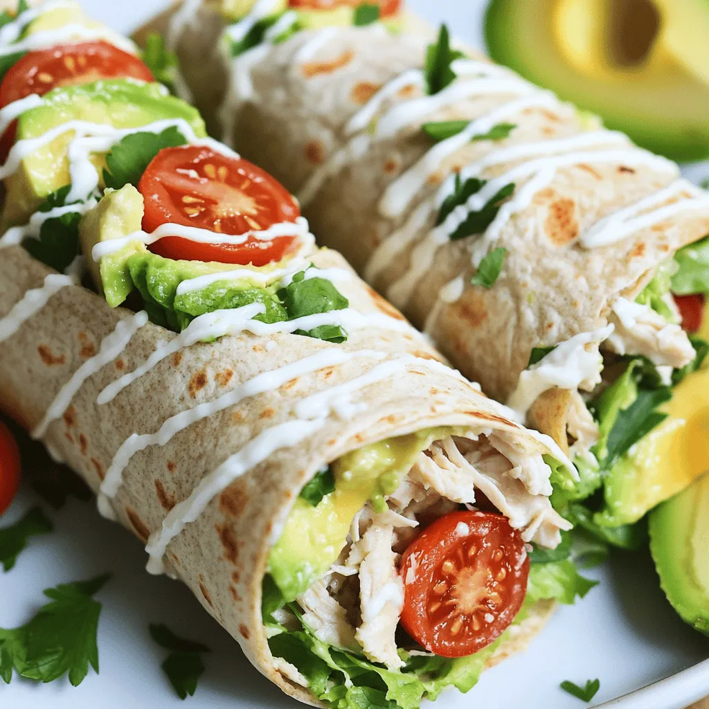 - 2 cups cooked shredded chicken breast - 1 cup romaine lettuce, chopped - ½ cup cherry tomatoes, halved - ¼ cup grated Parmesan cheese - ¼ cup Caesar dressing - 4 large tortillas (whole wheat or spinach preferred) - 1 avocado, sliced You will need cooked chicken for this recipe. I love using shredded chicken as it mixes well. Romaine lettuce adds a crisp bite to each bite. Cherry tomatoes bring a touch of sweetness. Don't forget the grated Parmesan cheese; it gives a nice salty flavor. The Caesar dressing ties all the flavors together. Tortillas hold the filling and are fun to eat. Sliced avocado adds creaminess. - 1 teaspoon garlic powder - 1 teaspoon freshly ground black pepper - Salt, to taste - Fresh parsley, for optional garnish Seasoning is key for great taste. Garlic powder adds depth, while black pepper gives a kick. A sprinkle of salt enhances all the flavors. Fresh parsley is optional but adds color and freshness. You can find all these ingredients in most stores. This simple mix will make your Chicken Caesar Wraps stand out. For the full recipe, check out the Zesty Chicken Caesar Wraps section. - Combine shredded chicken, romaine lettuce, cherry tomatoes, and Parmesan cheese. - Add Caesar dressing, garlic powder, black pepper, and salt. - Toss ingredients until well-coated. In a big bowl, mix the chicken and veggies. Use cooked chicken for the best taste. Fresh romaine adds crunch, and cherry tomatoes add a sweet burst. Grated Parmesan gives it a salty kick. When you add the Caesar dressing, make sure to coat everything well. The garlic powder and black pepper will boost the flavor. - Lay tortillas flat and divide the chicken Caesar mixture. - Add avocado slices on top of the mixture. - Wrap the tortillas securely, folding sides inward. Take your tortillas and lay them out flat. It’s best to use large ones. Place the chicken Caesar mix in the center of each tortilla. Then, add a few slices of avocado for creaminess. Now, fold in the sides and roll up the wrap tightly. This keeps all the tasty filling inside. - Slice wraps in half for easier eating. - Garnish with fresh parsley for presentation. For a fun touch, cut the wraps in half. This makes them easier to hold and eat. If you want to make them look nice, add fresh parsley on top. These wraps are not just tasty; they also look great on a plate. Enjoy them right away or pack them for a meal on the go. If you want the full recipe, check it out [here](#). When making Chicken Caesar wraps, the type of tortilla matters. You can choose between whole wheat and spinach tortillas. Whole wheat adds a nutty flavor and is more nutritious. Spinach tortillas give a nice green color and a slight taste of greens. Both options work well, so pick what you like best. Warming tortillas helps them wrap better. You can warm them in a skillet over low heat for about 30 seconds on each side. You can also microwave them for about 10-15 seconds. This makes them soft and easy to fold without breaking. To keep your Chicken Caesar wraps fresh, store them in an airtight container. This helps prevent them from drying out. If you have leftover wraps, eat them within two days for the best taste. When reheating, use a skillet over medium heat. Heat each side for about 2-3 minutes. This helps keep the wrap's flavor and texture. You can also use the microwave, but use a damp paper towel to keep it from drying out. While Caesar dressing is classic, you can try creamy alternatives. Ranch or blue cheese dressings add a fun twist. You can also mix Greek yogurt with lemon juice and herbs for a lighter option. If you want to make your own dressing, combine olive oil, lemon juice, grated garlic, and Parmesan cheese. This homemade option brings a fresh touch to your wraps. For a zesty kick, add a little Dijon mustard. To explore the full recipe, check out the Zesty Chicken Caesar Wraps 🥗. {{image_4}} You can easily enhance your Chicken Caesar Wraps. Try adding in some tasty extras. Ingredients like bacon bits or grilled vegetables give a nice crunch. You can also switch up the cheese. Feta or mozzarella can add a new twist to the classic flavor. For those with dietary needs, there are great options. Look for gluten-free tortillas if you need them. You can also swap out the chicken for plant-based proteins. Chickpeas or tofu work well and keep the wraps hearty. You can create a vegetarian Caesar wrap without chicken. Use extra veggies like bell peppers or cucumbers for a fresh bite. For a vegan option, make or buy vegan Caesar dressing. There are many recipes online, so you can customize it to your taste. Your friends and family will love these tasty twists. Don't forget to check out the Full Recipe for more ideas! To keep your Chicken Caesar Wraps fresh, wrap them tightly. Use plastic wrap or aluminum foil. This helps prevent air from getting in. You can also use airtight containers. These containers keep moisture out and keep the wraps crisp. To freeze your wraps, follow these steps: 1. Wrap each Chicken Caesar Wrap tightly in plastic wrap. 2. Place the wrapped wraps in a freezer bag. 3. Squeeze out all the air before sealing the bag. 4. Label the bag with the date. To thaw and reheat, take the wraps out of the freezer. Leave them in the fridge overnight or for a few hours. When ready, you can warm them in the microwave for about 30-60 seconds, or until they are hot. In the fridge, your wraps stay fresh for about 3 to 4 days. Check for signs that they have gone bad. If they smell sour or feel slimy, it’s time to toss them. Always trust your senses when checking food! If you want to swap out Caesar dressing, you have great options. You can use ranch or Greek yogurt dressing for a creamier taste. A vinaigrette with lemon juice adds a nice zing. For lighter choices, try olive oil with lemon juice or a simple yogurt-based dressing. These alternatives can still give your wraps a delicious flavor. To keep your wrap fresh, it’s all about layering. Start with a dry base, like lettuce, to soak up moisture. Avoid adding wet ingredients, like tomatoes, directly on top. Instead, place them on the chicken or in the middle. Wrap tightly to keep everything secure. Using a tortilla that holds up well, such as whole wheat, helps too. Yes, you can prep these wraps ahead of time! To keep them fresh, assemble the wraps without dressing until you’re ready to eat. Store them in an airtight container in the fridge. This helps prevent sogginess and keeps flavors intact. You can also wrap them in foil for easy grab-and-go meals. For best taste, eat within a day or two. Check out the Full Recipe for more tips on preparation! This chicken Caesar wrap is easy and tasty. You mix fresh ingredients and seasonings, then wrap them up. Feel free to add your favorite ingredients or try new dressings. Remember to store any extras properly to keep them fresh. With these tips, you can enjoy a satisfying meal every time. Experiment and make it your own! Enjoy your delicious wraps!