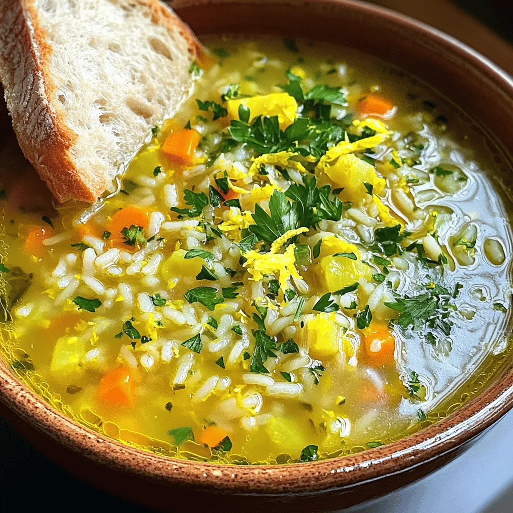 To make Easy Greek Lemon Rice Soup, gather these simple ingredients: - 1 cup uncooked long-grain rice - 8 cups chicken or vegetable broth - 1 medium onion, diced - 2 carrots, diced - 2 celery stalks, diced - 2 cloves garlic, minced - 3 large eggs - 1/2 cup fresh lemon juice (juice from about 2-3 lemons) - Zest of 1 lemon - Salt and freshly ground black pepper to taste - 2 tablespoons olive oil - Fresh parsley, finely chopped, for garnish You can easily swap some ingredients if needed. Use brown rice for a nuttier taste. If you want a vegan option, replace eggs with silken tofu. For a lighter broth, use water instead of chicken broth. You could even add spinach or kale for extra greens. If you have no fresh lemons, bottled lemon juice works in a pinch. Always adjust the amount to fit your taste. This soup is not only tasty but also healthy. Each serving has about: - Calories: 210 - Protein: 8g - Fat: 6g - Carbohydrates: 32g - Fiber: 2g - Sugar: 1g The soup is a good source of vitamins and minerals. The lemon juice offers vitamin C, while the rice gives you energy. This dish is perfect for a comforting meal. Enjoy the flavors and health benefits with every spoonful! If you want to explore the full process, check out the Full Recipe. Start by gathering your vegetables. You will need a medium onion, two carrots, and two celery stalks. Dice the onion and carrots into small pieces. Chop the celery into similar sizes. This helps the veggies cook evenly. You can also mince two cloves of garlic. This adds a nice flavor to your soup. In a large pot, heat two tablespoons of olive oil over medium heat. Add the diced onion, carrots, and celery. Sauté these for about five to seven minutes. Stir them often until they become soft and fragrant. Then, add the minced garlic. Cook it for one more minute. Next, pour in eight cups of chicken or vegetable broth. Bring this mixture to a boil. Once boiling, add one cup of uncooked long-grain rice. Lower the heat and let it simmer for about 15 minutes. The rice should be tender and fully cooked. While your rice is cooking, you can prepare the lemon-egg mixture. In a mixing bowl, crack three large eggs. Whisk them well. Add half a cup of fresh lemon juice and the zest of one lemon. Mix this until it is smooth and well combined. This mixture gives the soup its signature tangy flavor. Once the rice is cooked, take the pot off the heat. Let it cool for about five minutes. To warm the egg-lemon mixture, ladle some hot broth into the bowl while whisking. Do this a few times. This step prevents the eggs from curdling. Slowly pour the tempered mixture back into the pot. Stir it constantly for a smooth blend. Finally, season with salt and freshly ground black pepper to taste. Your Easy Greek Lemon Rice Soup is ready to serve! You can garnish each bowl with fresh parsley for a lovely touch. For a full recipe, check the Full Recipe above! To make the best Greek lemon rice soup, focus on fresh ingredients. Use fresh lemon juice for a bright flavor. For the rice, opt for long-grain rice; it cooks well and stays fluffy. Keep your broth rich and flavorful. If you can, make your own broth from scratch. It adds depth to your soup. Stir the egg-lemon mix gently into the soup to prevent curdling. This creates a smooth texture. Finally, taste and adjust salt and pepper to your liking for perfect seasoning. One common mistake is not tempering the eggs. This can cause them to scramble in the soup. Always ladle some hot broth into the egg mix slowly. Another mistake is overcooking the rice. If you cook it too long, it becomes mushy. Also, avoid adding too much lemon juice at once. Start with less, then adjust to suit your taste. Lastly, don’t skip the garnish. Fresh parsley adds color and brightens the dish. Serve this soup hot in deep bowls. Garnish each bowl with extra lemon zest and chopped parsley. This makes it look appealing and adds flavor. Pair your soup with warm, crusty bread for a complete meal. You can also serve a light salad on the side. This adds freshness and balance to the meal. For a twist, try adding grilled chicken or shrimp to the soup for extra protein. For the full recipe, check out the complete guide. {{image_4}} You can easily add protein to your Easy Greek Lemon Rice Soup. Chicken is a popular choice. Cook it separately and shred it before adding it to the soup. You can also use leftover rotisserie chicken. If you prefer seafood, shrimp works well too. Simply cook the shrimp in the soup until they turn pink. For a hearty dish, you could use chickpeas for extra protein. If you want a vegetarian or vegan version, swap the chicken broth for vegetable broth. You can also skip the eggs or use a vegan egg replacer. Silken tofu blended with lemon juice can mimic the creamy texture of eggs. Adding extra veggies, like spinach or kale, boosts nutrition and flavor. This way, your soup remains light, tasty, and satisfying. To make the soup more exciting, think about adding herbs and spices. Fresh dill or oregano brings a lovely taste. You can also sprinkle in some red pepper flakes for heat. For a tangy kick, try adding capers or a splash of white wine. These enhancements will make your soup unique and delicious. For the full recipe, check out the Zesty Greek Lemon Rice Soup 🥣. To keep your soup fresh, let it cool first. Pour the soup into a container with a lid. Store it in the fridge for up to three days. Make sure it seals tightly to avoid spills or odors. When you are ready to eat, reheat the soup on the stove. Use medium heat and stir often. This helps prevent sticking. You can also microwave it in a bowl. Heat it in short bursts, stirring in between. This ensures even warming without overcooking. To freeze your soup, use freezer-safe bags or containers. Leave some space at the top, as liquid expands when frozen. It can last up to three months in the freezer. When you want to enjoy it again, thaw it overnight in the fridge. Reheat as mentioned above to get it warm and tasty. For the full recipe, check out the details above. You can serve this soup with warm, crusty bread for a perfect meal. A fresh salad also pairs well. Try a simple Greek salad with cucumbers, tomatoes, and feta. The flavors match nicely with the soup. Yes, you can make this soup ahead of time. It tastes great when made a day before. Just store it in the fridge. Reheat it on the stove before serving. The flavors will meld and deepen overnight. To adjust the lemon flavor, simply add more lemon juice or zest. Start with a little and taste as you go. If you want less lemon taste, reduce the juice. Balance is key for the best flavor. Yes, this soup is gluten-free if you use gluten-free broth. The rice is naturally gluten-free too. Always check labels on broths to be sure. This way, everyone can enjoy the soup without worry. You can use brown rice, but cooking time will change. Brown rice takes longer to cook than white rice. You might need to add extra broth and time. Adjust as needed for a tasty soup. For the full recipe, check out the details above. This article covered making Easy Greek Lemon Rice Soup. You learned about the ingredients, including options and nutrition facts. Step-by-step instructions showed how to cook and combine everything for great flavor. I shared tips to perfect your soup and highlighted common mistakes. We also explored delicious variations and storage info to keep it fresh. Enjoy trying this recipe and make it your own! Cooking can be fun and rewarding.