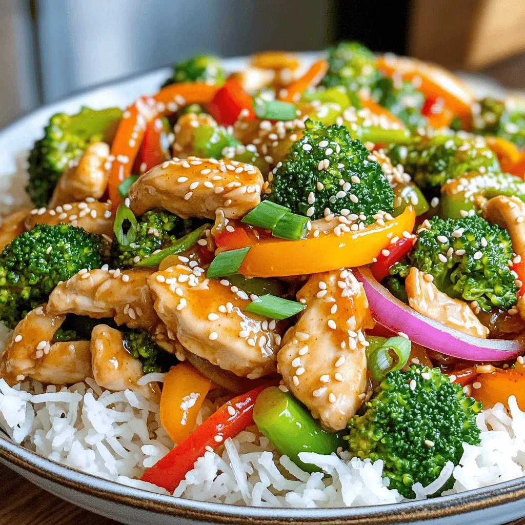 To make a tasty Sweet Chili Chicken Stir Fry, you need: - 1 lb boneless, skinless chicken breast, cut into thin strips - 2 cups mixed bell peppers (red, yellow, green), sliced - 1 cup broccoli florets - 1 medium red onion, thinly sliced - 3 cloves garlic, minced - 1 tablespoon fresh ginger, grated - 1/4 cup sweet chili sauce - 2 tablespoons low-sodium soy sauce - 1 tablespoon cornstarch mixed with 2 tablespoons water to create a slurry - 2 tablespoons vegetable oil - Salt and pepper, to taste - Cooked jasmine rice or noodles, for serving - Sesame seeds and chopped green onions for garnish You can swap ingredients if you need to. Try different vegetables like snap peas or carrots. For a low-sodium version, use low-sodium soy sauce. Both options give great taste without losing flavor. To cook this dish, you need: - Skillet or wok - Knife and cutting board These tools help you prepare and cook the ingredients evenly. A good skillet or wok distributes heat well for great stir-frying. First, you need to marinate the chicken. Take 1 pound of boneless chicken breast and cut it into thin strips. In a medium bowl, mix the chicken with salt, pepper, and half of the sweet chili sauce. I suggest letting it marinate for at least 15 minutes. This time helps the chicken soak up all the great flavors. While the chicken marinates, prepare your vegetables. Heat 1 tablespoon of vegetable oil in a large skillet or wok. Keep the heat at medium-high. This heat level is key for a good stir fry. It cooks the food fast and keeps it crispy. 1. Steps for Chicken and Vegetable Cooking: Add the marinated chicken to the hot pan in a single layer. Cook it for about 5-6 minutes until it's brown and no longer pink. Then, take it out and set it aside. In the same pan, add another tablespoon of oil. Toss in the sliced red onion, minced garlic, and grated ginger. Sauté for 1-2 minutes until the onions soften. 2. Adding the Sauces and Slurry: Next, add the sliced bell peppers and broccoli. Stir-fry these for 4-5 minutes until they are bright and tender. After that, return the chicken to the skillet. Pour in the rest of the sweet chili sauce and soy sauce. Stir well to coat everything. Finally, pour in the cornstarch slurry. Stir for 1-2 minutes until the sauce thickens. This step gives your stir fry a nice glossy finish. Now you have a vibrant and tasty meal ready to enjoy! Don't forget to check out the Full Recipe for more details. For a great stir fry, cook the chicken and vegetables at high heat. This keeps everything crisp and bright. Cook the chicken for about 5-6 minutes until it’s no longer pink. When you add the veggies, stir them for about 4-5 minutes. You want them to stay vibrant and tender. Always use fresh ingredients when you can. Fresh bell peppers and broccoli have better taste and crunch. Pre-cut veggies may seem easy but often lack flavor. Fresh garlic and ginger also pack a punch. They add depth to your dish that pre-cut items can't match. To make your stir fry look great, serve it in deep white bowls. This helps the colors pop. For a fresh touch, add a lime wedge on the side. The lime adds brightness and a zesty kick when squeezed over the top. You can also sprinkle sesame seeds and chopped green onions for added flair. This makes your meal look as good as it tastes! {{image_4}} You can easily swap the chicken for other proteins. For a vegetarian twist, use firm tofu. Cut it into cubes and marinate just like the chicken. You could also use tempeh if you like a nuttier flavor. If you prefer seafood, shrimp works great. Just remember to adjust cooking times. Shrimp cooks quickly, so add it in during the last few minutes. Want to change the taste? You can adjust the sauce. If you like it sweeter, add more sweet chili sauce. For more heat, try adding a bit of sriracha or crushed red pepper flakes. You can also use low-sodium soy sauce if you want to cut back on salt. Mixing in some lime juice can add a nice tang, too. To add crunch, consider tossing in some nuts. Cashews or almonds work well in this dish. You can also use crushed peanuts for a tasty finish. If you want a thicker sauce, add more cornstarch slurry. Just mix one tablespoon of cornstarch with two tablespoons of water. Pour it in slowly while stirring, and watch that sauce thicken up! For the complete flavors of this dish, check the Full Recipe to guide you through. Store your Sweet Chili Chicken Stir Fry in an airtight container. Place it in the fridge within two hours of cooking. It stays fresh for up to three days. Make sure to let it cool down before sealing. This helps keep the texture and flavor intact. When reheating, use a skillet over medium heat. Add a splash of water or broth. This keeps the chicken and veggies from drying out. Stir it gently until everything warms through. You can also use the microwave. Heat in short bursts, stirring in between. This method helps maintain the stir fry's texture and flavor. If you want to freeze your stir fry, do it within the first day. Use a freezer-safe container or a zip-top bag. Remember to remove as much air as possible. It can last up to three months in the freezer. To reheat, let it thaw in the fridge overnight. Then, heat it in a skillet for the best results. You can pair Sweet Chili Chicken Stir Fry with several tasty side dishes. Here are some great options: - Jasmine rice: This fluffy rice soaks up the sauce well. - Noodles: Try rice noodles or egg noodles for a fun twist. - Steamed vegetables: Broccoli or snap peas add extra crunch and color. - Spring rolls: These crispy bites complement the stir fry nicely. Yes, you can make Sweet Chili Chicken Stir Fry ahead of time. Meal prepping helps save time. Here are some tips: - Cook and store: Make the stir fry and let it cool. Store it in airtight containers in the fridge. - Reheat: When ready to eat, reheat on the stove or in the microwave. Add a splash of water to keep it moist. - Fresh ingredients: If possible, add fresh herbs or veggies just before serving for the best taste. Sweet chili sauce has a mild heat level. It is sweet with a hint of spice. If you want a bit more kick, consider these options: - Add fresh chili: Sliced red chili peppers can boost the heat. - Use hot sauce: A few drops can enhance the spiciness without changing the flavor. - Taste test: Start with a small amount and adjust to your liking. For the full recipe, check out the Sweet Chili Chicken Stir Fry. Enjoy! This blog post covered how to make a Sweet Chili Chicken Stir Fry. You learned about essential ingredients and substitutes. I shared step-by-step cooking methods and tips for the best taste and look. We explored variations to suit different diets and how to store leftovers safely. In the end, enjoy creating your stir fry. Follow these guidelines to make a dish that is quick, tasty, and fun. Now, get cooking and impress everyone with your skills!