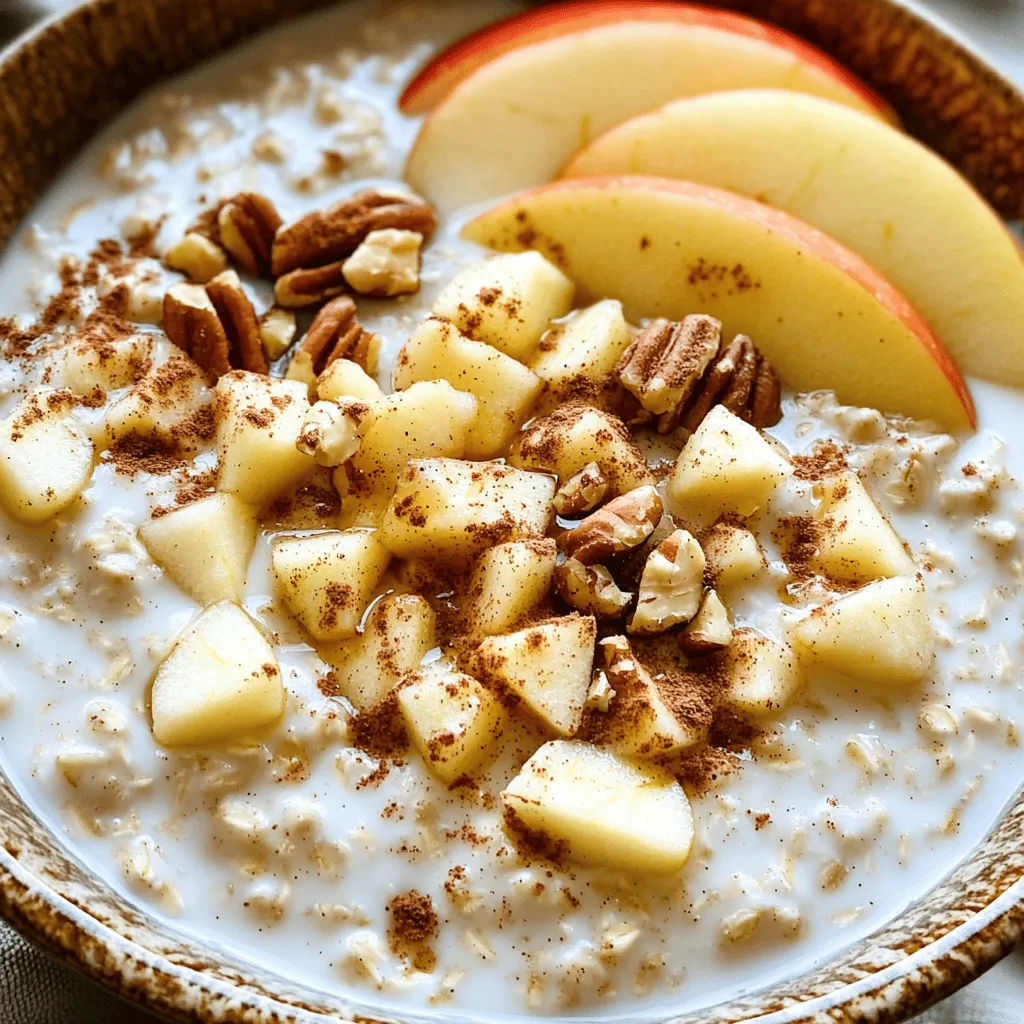 To make apple cinnamon overnight oats, you need: - 1 cup rolled oats - 1 ½ cups almond milk (or your preferred milk) - 1 medium apple, diced (preferably a sweet variety) - 1 teaspoon ground cinnamon - 1 tablespoon pure maple syrup (or honey) - ½ teaspoon pure vanilla extract - 2 tablespoons chia seeds - A pinch of salt - Optional toppings: chopped nuts, plump raisins, or extra apple slices If you want to switch things up, here are some easy swaps: - Use any milk you like, such as soy, oat, or coconut. - Swap out the apple for pears or bananas for a new flavor. - If you don’t have maple syrup, honey or agave nectar works well too. - Chia seeds can be replaced with flaxseeds for similar health benefits. Each ingredient in apple cinnamon overnight oats offers great health perks: - Rolled oats provide fiber, which aids digestion and keeps you full. - Almond milk is low in calories and often fortified with vitamins. - Apples add natural sweetness and vitamins A and C. - Cinnamon can help lower blood sugar levels and has anti-inflammatory properties. - Chia seeds are packed with omega-3 fatty acids and protein, boosting nutrition. These ingredients work together to give you a tasty and healthy meal. For the complete recipe, check out the Full Recipe section. To make Apple Cinnamon Overnight Oats, start with a bowl. Add 1 cup of rolled oats. Pour in 1 ½ cups of almond milk. Make sure the oats soak well. Then, add the diced apple, ground cinnamon, maple syrup, vanilla extract, chia seeds, and a pinch of salt. Mix everything together with a spoon. Cover the bowl tightly and place it in the fridge overnight. This allows the oats to soak up the milk. For the best flavor, use a sweet apple variety. Honey crisp or Fuji apples work great. The longer you let the oats soak, the creamier they become. Make sure your bowl is sealed well. This keeps the oats fresh and prevents them from drying out. Stir the mixture again in the morning for even flavor. If you want a smoother texture, add a splash of milk before serving. To get the perfect creamy oats, use chia seeds. They help thicken the mixture and add nutrition. If your oats seem too thick in the morning, just add more milk. A little extra milk can make a big difference. You can also let the oats sit longer than four hours. This allows for even more absorption. Enjoy your oats with toppings like nuts or raisins for added crunch. Check out the Full Recipe for more details! You can change the taste of your apple cinnamon overnight oats easily. Try using different fruits. Berries, bananas, or pears work well. You can also switch the spices. Instead of cinnamon, use nutmeg or cardamom for a unique taste. Want some crunch? Add nuts like almonds or pecans. If you love chocolate, mix in cocoa powder or dark chocolate chips. These small changes can make a big difference. If you have extra oats, don’t waste them! You can enjoy them for breakfast again. Or, try them as a snack. You can even make a smoothie! Blend the oats with some milk and a banana for a tasty drink. Another fun idea is to bake them. Use the oats in muffins or bars for a sweet treat. Making apple cinnamon overnight oats in bulk is smart and easy. Just multiply the recipe by how many servings you need. Store the oats in separate jars or containers. This way, you’ll have a quick meal ready each day. Just grab a jar in the morning! Keep them in the fridge, and they will stay fresh for about five days. This is a great way to save time on busy mornings. {{image_4}} You can switch up the fruit in your overnight oats. Try bananas, berries, or peaches. Each fruit adds a unique taste. For example, bananas make the oats creamier. Berries add a nice tartness. Peaches bring a sweet, juicy flavor. Mix and match fruits based on what you like. You can even use frozen fruit for easy prep. Want more protein? Add Greek yogurt or protein powder. A dollop of yogurt gives a creamy texture and boosts protein. You can sprinkle in a scoop of protein powder while mixing. This change keeps you full longer. You might also try nut butter, like almond or peanut. It adds protein and a rich taste. If you want a vegan option, use plant-based milk. Almond, soy, or oat milk work great. For gluten-free oats, make sure to use certified gluten-free rolled oats. These small changes help everyone enjoy the dish. You can still have the same tasty experience while meeting dietary needs. Just follow the [Full Recipe] for the best results! To keep your apple cinnamon overnight oats fresh, store them in an airtight container. This helps prevent odors from other foods in your fridge. Make sure to seal it tightly. Place it in the coldest part of your fridge. The oats will stay tasty and safe to eat for several days. You can freeze your overnight oats if you want to prepare them in advance. Use freezer-safe containers and divide the mixture into single servings. You can freeze them for up to three months. To enjoy, just thaw them in the fridge overnight. You can also warm them in the microwave if you prefer. When stored properly, apple cinnamon overnight oats last about five days in the fridge. After this, they may lose flavor and texture. Always check for signs of spoilage before eating. If they smell off or have a strange texture, it's best to toss them. Keeping the oats fresh helps maintain their yummy taste and good quality. Yes, you can use instant oats. They will cook faster and may turn mushy. Rolled oats give a better texture for overnight oats. They soak up the liquid well, making them creamy. Overnight oats can last up to five days in the fridge. Keep them in an airtight container. This makes them great for meal prep. You can enjoy a quick and healthy breakfast all week. You can warm up the oats if you prefer them hot. Just place them in a microwave-safe bowl. Heat them in short bursts, stirring in between. This keeps them from getting too hot and dry. Healthy toppings add flavor and nutrition. You can try: - Chopped nuts (walnuts or pecans) - Plump raisins - Extra apple slices - Fresh berries - Yogurt These toppings make the dish more fun and tasty. Chia seeds are not necessary but offer many benefits. They add texture and help thicken the oats. They are also a great source of fiber and omega-3s. If you don't have them, you can skip them and still enjoy your oats. For the full recipe, check the Apple Cinnamon Overnight Oats Delight section. You now know the key ingredients and tips for making perfect overnight oats. You learned about ingredient swaps and their nutritional benefits. The step-by-step method ensures creamy results every time. Customizing flavors and storing oats properly can save time. Many tasty variations await you, like fruity combos or vegan options. Enjoy your oats and make them your own. With these insights, delicious, healthy breakfasts are easy. Eating well should be simple and fun!