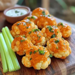 - Medium head of cauliflower - All-purpose flour (or chickpea flour for gluten-free) - Buffalo sauce - Garlic powder - Onion powder - Smoked paprika - Salt - Melted vegan butter or regular butter - Fresh parsley for garnish - Celery sticks and dressing for serving When it comes to Buffalo Cauliflower Bites, the ingredients you choose can make a big difference. The main ingredient is a medium head of cauliflower. I recommend cutting it into small, bite-sized florets for even cooking. For the batter, you can use all-purpose flour or chickpea flour if you want a gluten-free option. The flour helps to create a crispy coating that holds the flavor well. Buffalo sauce is the star of the show. You can pick up a bottle from the store or make your own for a personal touch. The sauce adds that spicy kick we all love. Now, let’s talk seasonings. Garlic powder, onion powder, smoked paprika, and salt are key. These spices add depth and flavor to each bite. They create a great balance with the heat from the buffalo sauce. For the final touch, you’ll need melted butter. This adds richness to your sauce. Fresh parsley brightens the dish up, and celery sticks with dressing make great sides for dipping. By keeping it simple and fresh, you make a snack that everyone can enjoy. Don’t forget to check out the [Full Recipe] for detailed steps on how to prepare these tasty bites! - Preheat the oven to 450°F (230°C). - Prepare a baking sheet by lining it with parchment paper. This helps the bites not stick. - In a bowl, mix 1 cup of all-purpose flour, 1 teaspoon garlic powder, 1 teaspoon onion powder, 1 teaspoon smoked paprika, and 1 teaspoon salt. - Gradually add 1 cup of water. Whisk until the batter is smooth. It should be thick but pourable. - Take each cauliflower floret and dip it into the batter. Let any extra batter drip off. - Place the coated florets on the baking sheet. Spread them out to ensure even cooking. - Bake the cauliflower for 20-25 minutes. Flip the florets halfway through for a golden crust. - While the bites bake, mix 1 cup of buffalo sauce with 2 tablespoons of melted butter in a bowl. - Once baked, toss the hot cauliflower bites in the buffalo sauce until well coated. - Return the bites to the oven for an extra 10 minutes. This makes them extra crispy and flavorful. Enjoy these Buffalo Cauliflower Bites as a tasty snack! For the complete recipe, check out the [Full Recipe]. To get that delicious crunch, ensure your cauliflower florets are uniform in size. This helps them cook evenly. If your pieces are too big or too small, some may end up soggy while others burn. Flipping the bites halfway through baking is also key. It gives all sides a chance to crisp up nicely. Just use tongs to turn them over gently. Adding spices to the batter can elevate your bites. Try a pinch of cayenne pepper or a dash of cumin for extra zest. You can also use homemade buffalo sauce instead of store-bought. This lets you control the heat and flavor. Making your sauce can be as simple as mixing hot sauce with melted butter and a dash of vinegar. For plating, arrange the cauliflower bites on a large platter. This makes it easy for guests to grab some. Sprinkle fresh parsley on top for a splash of color. You can also serve dipping sauces in small bowls, like ranch or blue cheese, right in the center. This way, everyone can enjoy their own tasty bites! {{image_4}} To make your Buffalo Cauliflower Bites gluten-free, use chickpea flour instead of all-purpose flour. Chickpea flour adds a nutty taste and a great crunch. Mix it the same way as regular flour. This swap keeps the texture light and crispy. Plus, it is a great choice for those avoiding gluten. For a fully vegan option, swap regular butter for plant-based butter. This change keeps the bites rich and buttery without using animal products. You can also make vegan dipping sauces. Try mixing cashew cream with garlic and herbs for a tasty dip. Another great option is a simple avocado sauce for a fresh touch. You can customize the heat level by adding different hot sauces. Try a smoky chipotle sauce for a deeper flavor. For a sweet and spicy twist, mix honey or maple syrup into your buffalo sauce. This combo creates a balanced taste that pleases many palates. Experiment with these ideas to find your perfect version of Buffalo Cauliflower Bites! Enjoy the Full Recipe for more details. To store leftovers, wait for the bites to cool. Place them in an airtight container. This helps keep them fresh. Use a container that seals well. Glass or plastic works great. Store in the fridge for up to three days. The best way to reheat is in the oven. Preheat it to 350°F (175°C). Spread the bites on a baking sheet. Heat for about 10-15 minutes. This keeps them crispy. You can also use an air fryer if you want. Set it to 350°F (175°C) and cook for 5-7 minutes. Avoid using the microwave, as it may make them soggy. You can freeze Buffalo Cauliflower Bites for later. First, let them cool completely. Place them in a single layer on a baking sheet. Freeze for a few hours until solid. Then, transfer them to a freezer-safe bag. Remove as much air as possible. They can last up to three months in the freezer. When ready to eat, thaw in the fridge overnight. Reheat as mentioned above for best results. You can amp up the heat in several ways. - Add more buffalo sauce to the coating. - Mix in cayenne pepper to the batter. - Use a hotter hot sauce for the buffalo sauce. - Toss in finely chopped jalapeños with the cauliflower. These options will make your bites fiery and fun! Yes, you can air fry these bites! 1. Preheat your air fryer to 375°F (190°C). 2. Follow the recipe to coat the cauliflower. 3. Place the battered florets in a single layer in the air fryer basket. 4. Air fry for 15-20 minutes. Shake the basket halfway to ensure even cooking. The result will be crispy and delicious bites while using less oil. Buffalo Cauliflower Bites are great with many dips. - Blue cheese dressing adds a creamy touch. - Ranch dressing offers a cool contrast. - Try a tangy yogurt dip for a lighter option. - Add a spicy salsa for an extra kick. These dips will complement the flavors perfectly! To make Buffalo Cauliflower Bites gluten-free, swap the flour. - Use chickpea flour instead of all-purpose flour. - Check the buffalo sauce to ensure it's gluten-free. These simple changes keep the flavor while fitting a gluten-free diet. Buffalo Cauliflower Bites last about 3-4 days in the fridge. - Store them in an airtight container. - Make sure they cool completely before sealing. Reheat them in the oven to keep them crispy. Safety is key—always check for any signs of spoilage before eating. For the [Full Recipe], refer to the earlier section. Buffalo cauliflower bites are simple to make and use fresh, tasty ingredients. Here’s what you need for this recipe: - 1 medium head of cauliflower, cut into bite-sized florets - 1 cup all-purpose flour (or substitute with chickpea flour for a gluten-free option) - 1 teaspoon garlic powder - 1 teaspoon onion powder - 1 teaspoon smoked paprika - 1 teaspoon salt - 1 cup water (adjust to achieve desired consistency) - 1 cup buffalo sauce (store-bought or homemade) - 2 tablespoons melted vegan butter or regular butter - Fresh parsley, finely chopped (for garnish) - Celery sticks (for serving, optional) - Blue cheese or ranch dressing (for dipping, optional) You can find the full recipe in the earlier section. Each ingredient plays a key role in flavor and texture. The cauliflower becomes crispy and holds all the spicy goodness of the buffalo sauce. The flour and spices create a tasty coating that sticks well. Don't forget the fresh parsley for a pop of color and flavor! These bites make a great snack or party appetizer. You can easily adjust the recipe to suit your taste. Want more heat? Add extra buffalo sauce. Prefer it milder? Use less sauce or choose a milder brand. This blog post covers everything you need for delicious Buffalo Cauliflower Bites. I shared the main ingredients and seasonings that make these bites perfect. You learned the step-by-step process for preparing and baking. You also got tips for crispiness and flavor. Remember, you can customize these bites to fit your diet. Try new sauces or garnishes for unique flavors. Enjoy your cooking adventure with this tasty dish!