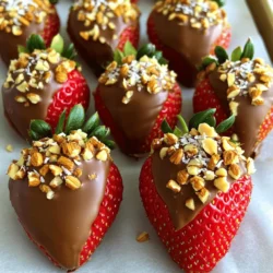 To make perfect chocolate dipped strawberries, start with fresh strawberries. Use about 1 pound of ripe berries. Larger strawberries work best, so choose ones that are firm and bright red. Wash them gently under cold water and dry them well. Moisture can prevent the chocolate from sticking. For the chocolate, you can use 8 ounces of semi-sweet chocolate or dark chocolate. Chop the chocolate into small pieces for even melting. If you want a smoother texture, add 1 tablespoon of coconut oil. This helps achieve a shiny, glossy finish. Adding toppings makes your strawberries even more fun! Consider using a 1/4 cup of crushed nuts like almonds or hazelnuts for crunch. You can also add a 1/4 cup of shredded coconut for a tropical twist. These toppings add flavor and look great on your chocolate dipped strawberries. You can find the full recipe for this delicious treat in the earlier sections! Start by rinsing the strawberries under cold water. Use a gentle touch to avoid bruising. After washing, grab a paper towel. Pat each berry dry carefully. It’s important to remove all moisture. Wet strawberries can make the chocolate slide off. Choose large, ripe strawberries for the best taste. Their sweet flavor balances the rich chocolate. Next, you need to melt the chocolate. Use a microwave-safe bowl for this task. Chop the chocolate into small pieces for even melting. If you want a smoother consistency, add one tablespoon of coconut oil. Place the bowl in the microwave. Heat it for 30 seconds and then stir. Repeat this until the chocolate is melted and smooth. Avoid overheating, as it can burn. Now, it’s time to dip the strawberries. Hold each berry by its green stem. Lower it into the melted chocolate, covering about two-thirds. Lift it out and gently shake off the extra chocolate. This helps keep the finish clean. While the chocolate is still warm, add your favorite toppings. You can sprinkle crushed nuts or shredded coconut for a fun twist. Once you’ve dipped and decorated all the strawberries, it's time to set the chocolate. Place the tray in the refrigerator. Let the strawberries chill for about 30 minutes. This will help the chocolate harden and hold its shape. You’ll end up with a delicious treat that looks great on any plate. To make great chocolate-dipped strawberries, start with the right berries. Look for large, ripe strawberries. They should be firm and bright red with no soft spots. Freshness is key. Pick strawberries from a local market if possible. Their flavor will shine through in your treat. Melt your chocolate slowly for a smooth finish. Use a microwave-safe bowl and heat in short bursts. Stir well after each interval. If you want a glossy look, add a tablespoon of coconut oil. This tip helps your chocolate coat evenly and look beautiful. Store your chocolate-dipped strawberries in the fridge. Use an airtight container to keep them fresh. They taste best within 24 hours of dipping. For serving, arrange them on a pretty plate. A drizzle of leftover chocolate on top makes for a nice touch. Enjoy your dessert with friends and family! {{image_4}} You can use different types of chocolate for your strawberries. Semi-sweet chocolate gives a classic taste. Dark chocolate offers a rich and bold flavor. Milk chocolate is sweeter and creamy. White chocolate is sweet and pairs well with fruit. Each type brings its own unique taste. Mix and match to find your favorite! Toppings can make your chocolate-dipped strawberries even better. Try crushed nuts like almonds or hazelnuts for a nice crunch. Shredded coconut adds a tropical feel. Sprinkles can add color and fun. You can also use crushed cookies or even edible glitter for flair. Let your creativity shine with toppings! You can add flavor to your chocolate, too. A few drops of mint extract can give a fresh taste. Orange zest adds a bright, citrusy note. Try a pinch of sea salt for a sweet and salty combo. Infusing your chocolate makes each bite special and exciting. Experiment with flavors you love! Chocolate dipped strawberries add a special touch to any celebration. They look fancy and taste great. You can serve them at birthdays, anniversaries, or holidays. Their bright color makes a beautiful display. Everyone loves the mix of sweet fruit and rich chocolate. You can even match the toppings to your party theme! Date nights deserve a sweet treat! Chocolate dipped strawberries set a romantic mood. They are easy to share, which adds to the fun. You can enjoy them with a glass of wine or sparkling water. Preparing them together can make your evening even more special. It’s a tasty way to bond and create memories. If you host a party, chocolate dipped strawberries are a hit! They are easy to grab and eat. You can make a large batch, so there’s plenty for everyone. Adding different toppings keeps things exciting. You can even set up a dipping bar with various chocolates and toppings. This way, guests can customize their treats. For more tips, check out the Full Recipe. To keep chocolate from hardening too fast, warm it gently. Use a double boiler or microwave. If using a microwave, heat in short bursts. Stir it often. You can also add a small amount of coconut oil. This helps keep the chocolate smooth and easy to work with. Yes, you can use white chocolate for dipping. White chocolate adds a sweet and creamy flavor. It looks great on strawberries, too. Just melt it the same way as dark chocolate. Use the same tips to keep it smooth. You can find premade chocolate-dipped strawberries at many grocery stores. Look in the bakery or dessert section. Some farmers' markets sell them, too. Online shops also offer them, but check local options for freshness. You can make chocolate-dipped strawberries ahead of time. After dipping them, store them in the fridge. Keep them in an airtight container to avoid moisture. They stay fresh for about two days. Enjoy the convenience of preparing this tasty treat in advance! You’ve learned how to make chocolate-dipped strawberries using fresh ingredients and simple steps. We covered choosing the right strawberries, melting chocolate, and adding toppings. I shared tips to ensure your strawberries look great and taste amazing. You can also explore fun variations and ideas for any celebration. These sweet treats are easy to make and always impress. Enjoy creating your own version and sharing them with friends!