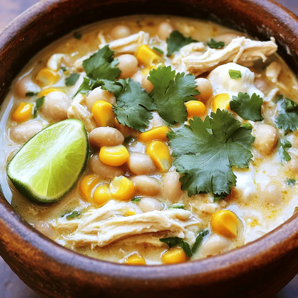 For a perfect bowl of slow cooker white chicken chili, you'll need: - 1 pound boneless, skinless chicken breasts - 1 can (15 oz) white beans, drained and rinsed - 1 can (15 oz) corn, drained - 1 medium onion, finely diced - 2 cloves garlic, minced - 2 cups chicken broth - 1 can (4 oz) diced green chilies - 2 teaspoons ground cumin - 1 teaspoon dried oregano - 1 teaspoon chili powder - Salt and freshly ground black pepper to taste - ½ cup cream cheese, cut into small cubes - Fresh cilantro, chopped (for garnish, optional) - Lime wedges, for serving Choosing fresh ingredients is key. Look for chicken that is pink and firm. Choose beans and corn with no bulging cans. When picking an onion, go for ones that feel heavy for their size. Garlic should be firm with no sprouting. To make your chili even better, consider some optional toppings: - Sliced avocado - Crushed tortilla chips - Shredded cheese - Sour cream Adding spices can also boost the flavor. You can try smoked paprika for a warm taste. A pinch of cayenne pepper can add heat too. For more zest, consider adding fresh lime juice or zest right before serving. For the full recipe, check out the detailed instructions and tips to ensure your chili turns out just right! Start by placing the chicken breasts at the bottom of your slow cooker. This keeps the meat juicy. Next, layer in the diced onion, minced garlic, white beans, drained corn, and diced green chilies. Each layer adds flavor. To ensure even cooking, distribute the ingredients well. Pour the chicken broth over the layers. Then, sprinkle in the spices: ground cumin, oregano, and chili powder. Season with salt and black pepper. Stir gently to mix the spices throughout. Now, secure the lid on your slow cooker. Set it to cook on low for 6-8 hours or on high for 3-4 hours. The longer you cook, the more tender the chicken will be. To check if the chicken is ready, look for an internal temperature of 165°F. It should shred easily with a fork when done. This is key for a great texture in your chili. Once the cooking time is up, use tongs to remove the chicken breasts. Place them on a plate and shred them into bite-sized pieces. Return the shredded chicken back to the slow cooker. Now, add the cubed cream cheese. Stir until it melts and blends into the chili. This makes the chili creamy and rich. Finally, taste the chili. Adjust the seasoning with more salt and pepper if needed. Serve your creamy white chicken chili in bowls, topped with fresh cilantro and lime wedges. This adds freshness and a bright flavor. Check out the Full Recipe for more details! To make the best chili, avoid some common mistakes. First, don’t skip the seasoning. The spices bring life to the dish. If you add too little, your chili may taste bland. Second, don’t rush the cooking time. Slow cooking allows flavors to meld. Cook on low for 6-8 hours for a rich taste. If you’re short on time, 3-4 hours on high works too. For the right consistency, let your chili simmer. If it’s too thick, add more chicken broth. If it’s too thin, let it cook longer with the lid off. This will help it thicken up nicely. You can prep this dish ahead. For meal prep, assemble the ingredients in the slow cooker. Cover and store it in the fridge. In the morning, just plug it in and cook. If you want to freeze it, let the chili cool first. Pour it into a freezer-safe container and store it for up to three months. To reheat, thaw it overnight in the fridge. Heat it in a pot on low. Stir often to keep it from sticking. Enjoy your savory meal with ease! For the Full Recipe, refer to the instructions above. {{image_4}} You can make this white chicken chili your own by swapping out some ingredients. If you want a different protein, try turkey instead of chicken. You could even use tofu for a plant-based option. Both choices work well with the spices and flavors in the chili. If you need a gluten-free option, ensure that your chicken broth is gluten-free. Most brands offer this. You can also check the canned goods for any hidden gluten. Want to change the heat of your chili? To make it spicier, add more diced green chilies or a pinch of cayenne pepper. You can also stir in some jalapeños for a fresh kick. If you prefer a milder chili, use fewer green chilies. You can also add a touch of honey to balance the spice. For a smoky flavor, consider adding smoked paprika or chipotle powder. These spices add depth and richness to your dish. For the complete recipe, check out the [Full Recipe]. To keep your white chicken chili fresh, store it in an airtight container. Make sure it cools down before sealing it. This helps avoid condensation, which can make the chili watery. In the fridge, it stays good for about 3 to 4 days. For longer storage, freeze the chili. It lasts up to 3 months in the freezer. Just remember to label your containers so you know what’s inside. When you want to enjoy your leftover chili, you can reheat it easily. The best way is to use the stove. Pour the chili into a pot and warm it over medium heat. Stir it often to avoid sticking. You can also use the microwave. Place your chili in a microwave-safe bowl and cover it. Heat it for 1 to 2 minutes, stirring halfway through. To keep the texture and flavor, add a splash of chicken broth while reheating. This adds moisture and keeps the chili creamy. Enjoy your warm bowl of chili again! You can enjoy this chili with many sides. Here are my favorites: - Cornbread: Its sweetness balances the chili's flavors well. - Rice: White or brown rice can soak up the chili’s sauce. - Tortilla Chips: Crunchy chips add texture and fun. - Avocado Salad: Fresh, creamy avocado complements the chili's warmth. - Pickled Red Onions: They add a tangy crunch that brightens each bite. These sides enhance your meal and make it more enjoyable. Yes, you can! Here’s how to adapt the recipe: 1. Use a large pot: A Dutch oven works great. 2. Cook the chicken first: Sauté the chicken in oil until brown. Remove it, then add onions and garlic. 3. Add the rest: Stir in the beans, corn, chilies, and broth. 4. Simmer: Bring to a boil, then lower the heat. Let it simmer for 30-40 minutes until the chicken is tender. 5. Shred and mix: Shred the chicken and add the cream cheese as in the slow cooker method. This method gives you a similar flavor and texture! You can store leftover chili for about 3-4 days in the fridge. Here are tips for safe storage: - Use an airtight container: This keeps your chili fresh. - Cool before refrigerating: Let it cool down for about 30 minutes. - Check for spoilage: If it smells off or has mold, toss it out. Always trust your nose and eyes! Absolutely! You can replace the cream cheese with these options: - Coconut cream: It adds a rich, creamy texture. - Cashew cream: Blend soaked cashews with water for a smooth alternative. - Nutritional yeast: This can add a cheesy flavor without dairy. These swaps keep the chili creamy while meeting your dietary needs. This blog post covered how to make a delicious Slow Cooker White Chicken Chili. We looked at essential and optional ingredients that boost flavor. I shared clear steps for making, cooking, and adding final touches. You learned useful tips for perfecting your chili and variations you can try. Lastly, I provided storage tips and answers to common questions. Now you can impress your friends and family with this simple, tasty recipe! Enjoy your cooking adventure!
