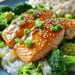 - 2 salmon fillets (approximately 6 oz each) - 1 cup fresh broccoli florets - Teriyaki sauce components - 1/4 cup low-sodium soy sauce - 2 tablespoons honey - 1 tablespoon rice vinegar - 2 cloves garlic, minced - 1 teaspoon freshly grated ginger - Toasted sesame seeds, for garnish - Chopped scallions, for garnish - Optional sides: cooked rice or quinoa The main ingredients in this dish are salmon and broccoli. Salmon provides rich flavors and healthy fats. Broccoli adds crunch and color. Together, they create a great meal. For the teriyaki sauce, you will need soy sauce, honey, and rice vinegar. These ingredients blend well to make a sweet and salty sauce. Garlic and ginger add depth to the sauce. For garnishing, toasted sesame seeds give a nice crunch. Chopped scallions add freshness. If you want, serve the salmon with rice or quinoa. This adds a hearty base to your dish. You can find the full recipe in the previous section. This combination of flavors and textures makes the dish both beautiful and delicious. First, you’ll want to make the teriyaki sauce. In a small saucepan, combine the following ingredients: - 1/4 cup low-sodium soy sauce - 2 tablespoons honey - 1 tablespoon rice vinegar - 2 cloves garlic, minced - 1 teaspoon freshly grated ginger Place the saucepan over medium heat. Stir the mixture well and let it simmer for 2-3 minutes. This time helps the flavors meld together, making your sauce richer and tastier. Next, let’s thicken the sauce. In a separate small bowl, mix 1 tablespoon of cornstarch with 1/4 cup of cold water. Whisk it until it forms a smooth slurry. Gradually add this slurry to the simmering sauce while stirring continuously. Keep stirring for about 1 minute until the sauce thickens nicely. Then, remove it from heat and set it aside. Now it’s time to cook the broccoli. You can prepare the broccoli florets by either steaming them in a steamer basket or microwaving them in a microwave-safe bowl. If you microwave, do it for about 4-5 minutes. You want the broccoli to be bright green and tender but still crisp. Once done, set the broccoli aside. Let’s prepare the salmon. Season the salmon fillets on both sides with a pinch of salt and pepper. Heat 1 tablespoon of sesame oil in a non-stick skillet over medium-high heat. Carefully place the salmon fillets skin-side down in the skillet. Sear them for about 4-5 minutes, until the skin is golden and crispy. Then, flip the fillets over and pour half of the thickened teriyaki sauce over them. Cook for another 3-4 minutes, or until the salmon is cooked to your liking. Now it’s time to bring it all together. On a plate, arrange the steamed broccoli and place the salmon fillets on top. Drizzle the remaining teriyaki sauce over the salmon. For the final touches, sprinkle toasted sesame seeds and chopped scallions on top. This adds extra flavor and makes your dish look beautiful. For a complete meal, serve this over a bed of fluffy cooked rice or quinoa. Enjoy your Teriyaki Salmon and Broccoli Delight! For the full recipe, check out the details above. To cook salmon just right, look for a few signs. The salmon should be opaque and easily flake with a fork. When you press down gently, the flesh should spring back. For crispy skin, start with a dry fillet. Pat the skin with a paper towel. This helps it crisp up nicely. Cook skin-side down first, and don’t move it too much. You can boost the flavor of your teriyaki salmon with a few extra touches. A sprinkle of red pepper flakes adds heat. A dash of sesame seeds can bring a nutty flavor. For a different twist, try using miso paste or a splash of citrus juice. You can also swap the broccoli for snap peas or bok choy if you prefer. To make meal prep easy, you can prepare the teriyaki sauce ahead of time. Store it in the fridge for up to a week. The salmon can also be marinated in the sauce for a few hours before cooking. When reheating, use a low heat on the stove or in the microwave. This keeps the salmon moist and tender. For a quick meal, serve it with cooked rice or quinoa for a full plate. For the full recipe, check out the Teriyaki Salmon & Broccoli Delight. {{image_4}} You can change the protein in this dish. Instead of salmon, use chicken breast. Chicken cooks well with teriyaki sauce. Cut it into small pieces for quick cooking. You can also try tofu for a plant-based option. For vegetables, broccoli is great, but you can switch it up. Try snap peas, bell peppers, or bok choy. Each brings a fresh twist to your meal. Just make sure to cook them until they are bright and tender. You can make teriyaki sauce at home or buy it. Homemade sauce tastes fresh and lets you control the flavor. Use soy sauce, honey, and rice vinegar for a basic mix. If you want a sweeter sauce, add brown sugar. For a spicier kick, add some red pepper flakes. Store-bought sauces save time and can taste just as good. Serve teriyaki salmon and broccoli with rice or quinoa. The grains soak up the sauce and balance the dish. You can also add a side salad for extra crunch and health. If you have leftovers, mix them into a stir-fry. Add some noodles for a quick meal. You can even make a wrap with the salmon and broccoli in a tortilla. For the full recipe, check out the links provided! To keep your teriyaki salmon and broccoli fresh, store them in the fridge. Place the leftovers in an airtight container. This helps maintain moisture and flavor. Make sure to let the dish cool before sealing it up. You can keep it in the fridge for up to three days. If you want to save some for later, you can freeze teriyaki salmon. First, let the salmon cool down completely. Wrap the salmon tightly in plastic wrap or foil. Place it in a freezer-safe bag. This helps prevent freezer burn. When you're ready to eat, thaw the salmon in the fridge overnight. To reheat, gently warm it in the oven or microwave until hot. In the fridge, teriyaki salmon stays good for about three days. Check for signs of spoilage. If the salmon has a strong odor or changes color, it's time to toss it. Fresh broccoli should also be bright green and firm. If it turns yellow or feels mushy, it’s best to discard it. Always trust your senses to keep your meals safe and tasty. Cooking teriyaki salmon takes about 25 minutes. Here’s the breakdown: - Prep Time: 10 minutes - Cook Time: 15 minutes You prepare the sauce and broccoli while the salmon cooks. This keeps things simple and quick. Yes, you can use frozen salmon. Just thaw it first. - Thawing: Place it in the fridge overnight or in cold water for quicker thawing. - Cooking: Once thawed, follow the same cooking steps as fresh salmon. This method helps keep the salmon moist and tasty. Teriyaki salmon works well with many sides. Here are a few ideas: - Steamed rice or quinoa - Stir-fried vegetables - Simple salad with sesame dressing These sides add color and flavor to your meal. Yes, this recipe is great for meal prep. - Make Ahead: Cook the salmon and broccoli a day before. - Storage: Store in airtight containers in the fridge. Reheat each portion when ready to eat. Enjoy a healthy meal anytime! For the complete cooking process, check out the Full Recipe. This post covered how to make delicious teriyaki salmon with broccoli. We explored the key ingredients like salmon, teriyaki sauce, and spices. I shared step-by-step instructions for preparing the dish and tasty tips for perfecting your cooking. You learned about variations and how to store leftovers effectively. Remember, cooking is fun! Don't be afraid to make the dish uniquely yours. Enjoy your meal and share it with friends!