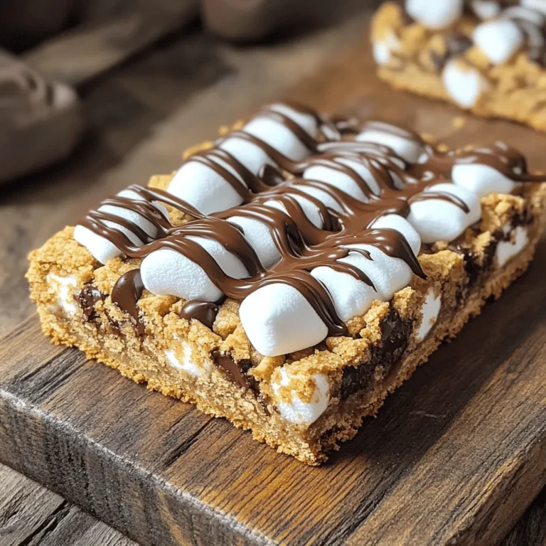 - 1 cup unsalted butter - 1 cup packed brown sugar - 1/2 cup granulated sugar - 1 cup semi-sweet or milk chocolate chips - 1 cup miniature marshmallows - 1 cup graham cracker crumbs The first step to making S’mores Cookie Bars is gathering your ingredients. You need a mix of sweet and rich items. Start with butter. It gives the bars a nice creamy texture. Brown sugar adds depth. Granulated sugar adds sweetness. Next, chocolate chips are key. They create gooey pockets of chocolate. I suggest using semi-sweet or milk chocolate based on your taste. Miniature marshmallows are a must. They melt beautifully and give that classic s’mores flavor. Finally, graham cracker crumbs add a crunch. They provide that signature s’mores taste. Make sure you have all these essential ingredients before you begin. They work together to create a treat everyone will love. - Flavored extracts (e.g., almond) - Toppings for garnish (e.g., more chocolate or marshmallows) - Nuts for added texture You can also play with optional ingredients. Adding flavored extracts can elevate the taste. Almond extract brings a lovely nutty aroma. For a fun twist, consider toppings. More chocolate or marshmallows on top can make it extra special. You could even drizzle melted chocolate over the bars after baking. If you like crunch, try nuts. They add a great texture. Walnuts or pecans work well. Use these options to make your S’mores Cookie Bars unique. Each addition brings something special to the table. For the full recipe, check out the details above. 1. Preheat your oven to 350°F (175°C). Lightly grease a 9x13-inch baking dish or line it with parchment paper. This makes it easy to remove the bars later. 2. In a large bowl, cream together 1 cup of softened unsalted butter, 1 cup of packed brown sugar, and 1/2 cup of granulated sugar. Mix until the mixture is light and fluffy, about 2-3 minutes. 3. Add in 1 large egg and 2 teaspoons of pure vanilla extract. Beat until they blend well. Scrape down the bowl's sides to mix everything evenly. 4. In a separate bowl, whisk together 2 1/2 cups of all-purpose flour, 1 teaspoon of baking soda, and 1/2 teaspoon of fine sea salt. Gradually add the dry mix to the wet mixture. Stir just until combined to avoid overmixing. 5. Gently fold in 1 cup of semi-sweet or milk chocolate chips and 1 cup of graham cracker crumbs. Make sure they are spread throughout the dough. 6. Take half of the cookie dough and press it evenly into the bottom of the baking dish. This forms a solid base layer. 7. Scatter 1 cup of miniature marshmallows evenly over the cookie base. This will give you that classic s’mores flavor. 8. Crumble the remaining cookie dough over the marshmallows. Leave some gaps so the marshmallows can peek through, adding to the look. 9. Place the dish in your preheated oven and bake for 25-30 minutes. The top should turn golden brown, and the edges should be set. 10. Once baked, remove the dish from the oven. Let the bars cool completely in the pan before slicing them into squares. For the full recipe, check out the detailed instructions. Enjoy making these delightful treats! To make the best S’mores cookie bars, don’t overmix the dough. Overmixing can make your bars tough instead of soft. Mix just until the flour disappears. To know when the bars are done, look for a golden brown top. The edges should feel firm but the center can be a bit soft. They will firm up as they cool. You can add fun flavors to your bars. Try adding a splash of almond extract for a twist. For an extra touch, toast your marshmallows before adding them. Hold them over an open flame until they turn golden brown. This step adds a deep, smoky flavor that takes your bars to the next level. A great way to serve your S’mores cookie bars is on a rustic wooden board. It gives a nice homey feel. Drizzle melted chocolate over the top for a glossy finish. You can also sprinkle extra mini marshmallows on top. This makes them look even yummier and more inviting. For more fun, serve with a side of chocolate sauce for dipping. For the full recipe, check out the [Full Recipe]. {{image_4}} You can change the flavor of your S’mores cookie bars. Try peanut butter s’mores cookie bars. Just mix in a cup of peanut butter into the dough. The nutty taste adds a fun twist. You can also make coconut s’mores cookie bars. Add a cup of shredded coconut to the dough. This gives a light, sweet flavor that pairs well with chocolate. If you need gluten-free options, swap regular flour for gluten-free flour. This keeps the texture similar. You can still enjoy the same great taste! For vegan substitutions, use coconut oil instead of butter. Replace the egg with a flax egg. Just mix one tablespoon of ground flaxseed with three tablespoons of water. Let it sit for a few minutes to thicken. Want to add more fun? Use dried fruits or candy bars as add-ins. Chopped nuts, like walnuts or pecans, can add crunch. You can also use different types of chocolate. Dark chocolate, white chocolate, or even flavored chocolate can change the taste. Get creative! You can find many ways to make this recipe your own. Check the Full Recipe for more ideas. To keep your S’mores Cookie Bars fresh, use an airtight container. A glass or plastic container works well. Line the container with parchment paper for easy removal. This will help prevent sticking. Store the bars at room temperature if you plan to eat them within a few days. If you want to enjoy them later, refrigeration is a better option. Just remember to wrap them tightly in plastic wrap first. This keeps the bars moist and soft. At room temperature, your S’mores Cookie Bars will last about 3 days. They might not stay as fresh after that. If you refrigerate them, they can last up to a week. For longer storage, you can freeze them. Place the bars in a freezer-safe container. They can stay good for up to 3 months in the freezer. When you're ready to eat, let them thaw in the fridge overnight. Enjoy your bars at their best, with that perfect chewy texture! For the complete recipe, check out the Full Recipe section. To make your S’mores Cookie Bars softer, you can adjust the baking time. Try baking them for 20 to 25 minutes instead of 25 to 30 minutes. Keep an eye on them, as every oven is different. You can also add an extra tablespoon of butter. This small change helps keep the bars moist. Yes, you can use many types of chocolate. Dark chocolate adds a rich taste. White chocolate gives a sweet and creamy flavor. You can even use fun flavored chocolates, like caramel or mint. Each type will change the taste a bit, so choose what you love best. If you lack graham cracker crumbs, use crushed cookies instead. Vanilla wafers or digestive biscuits work well. To make your own crumbs, place whole graham crackers in a plastic bag. Crush them with a rolling pin until they become fine crumbs. This method is quick and easy! Absolutely! To double the recipe, just use twice the ingredients. Make sure you use a larger baking dish, like a 13x18-inch pan. Adjust the baking time slightly, checking for doneness after 30 minutes. This way, your S’mores Cookie Bars will still be soft and delicious. For the full recipe, check the earlier sections. You now have all you need to make delicious s’mores cookie bars. We covered essential and optional ingredients, step-by-step instructions, and tips for great texture and flavor. Remember, you can customize with your favorite flavors and toppings. Store them properly to enjoy every bite longer. These bars are easy to make and fun to share. Get creative with the recipe and make it your own! Enjoy baking these tasty treats with loved ones.